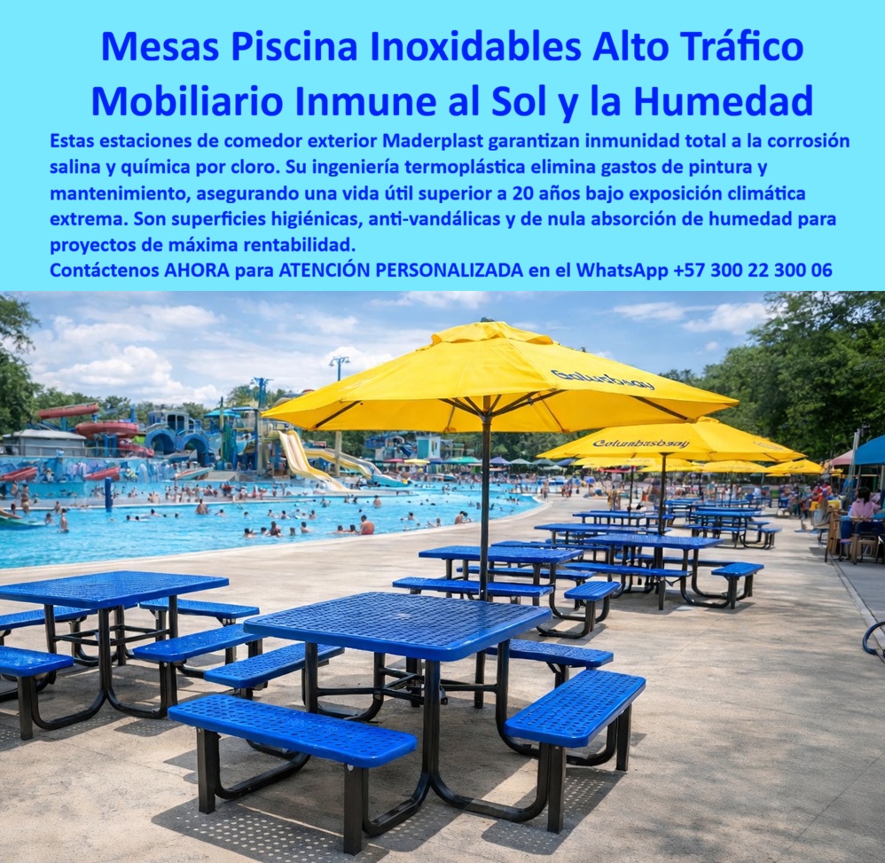 Juegos Comedor Exterior Piscina Mobiliario Terrazas Hoteleras Maderplast Muebles Exteriores Hoteleros Resistentes Intemperie Duraderos Mesas Bancas Terraza Hotelera Anticorrosión Larga Duración Juegos comedor exterior hotel soporta sol lluvia  Mesas y Bancas de Comedor Exterior Maderplast – Mobiliario Inoxidable para Piscinas y Terrazas Hoteleras En la imagen se aprecia un juego de comedor exterior Maderplast para piscina y terraza hotelera compuesto por mesas rectangulares y bancas integradas de color azul intenso con superficie perforada antideslizante y estructura de soporte robusta en negro, instaladas en zona de alto tráfico junto a piscina cristalina y parque acuático. Este mobiliario presenta textura uniforme y acabados precisos que facilitan limpieza higiénica diaria, resistiendo sin alteración la exposición continua a sol intenso, lluvia, cloro y humedad gracias a su construcción en polímeros de ingeniería con color integral y total inmunidad a corrosión. El conjunto Maderplast se integra perfectamente al entorno recreativo ofreciendo durabilidad extrema sin mantenimiento ni decoloración. Quien ha gestionado áreas de piscina y terrazas en resorts o parques acuáticos sabe perfectamente cuál es el verdadero dolor: las mesas y bancas tradicionales de madera o metal se deterioran rápidamente por la acción del sol, la lluvia, el cloro y el alto tráfico de huéspedes. Esto genera reparaciones constantes, repintados, resbalones y pérdida de imagen que afectan la experiencia de los clientes y elevan los costos operativos. Lo que parecía una opción económica termina convirtiéndose en una inversión muy cara por fallas críticas, gastos ocultos y la imposibilidad de justificar ante la gerencia o los inversionistas una decisión que, a la larga, resulta mucho más costosa y problemática. Una compra bien hecha recibe felicitaciones permanentes; una mal hecha no encuentra excusa que compense los gastos adicionales y los dolores de cabeza. Maderplast resuelve este problema de forma definitiva y segura. Fabricamos a medida las mesas comedor exterior piscina hotel, las bancas terraza hotelera resistente al sol y el mobiliario exterior piscina sin mantenimiento con composites poliméricos de ingeniería que eliminan por completo la corrosión, la decoloración, el deterioro por humedad y cualquier necesidad de mantenimiento. El resultado es mobiliario con más de 20 años de vida útil, superficie antideslizante y perforada para secado rápido, color integral permanente y diseño higiénico, ideal para comedores exteriores, áreas de piscina y terrazas hoteleras de alto tráfico. Así lo confirman en testimonio de caso real la Gerencia de Operaciones de un parque acuático en un proyecto del 2024: el problema que enfrentamos era el deterioro acelerado de mesas y bancas de comedor exterior por exposición constante a sol, cloro y humedad, generando costos recurrentes de pintura, reparación y reposición que afectan la imagen y el presupuesto operativo del parque. Después de implementar los juegos de comedor exterior Maderplast con mesas y bancas perforadas fabricadas a medida e instaladas directamente en la zona de piscina, el mobiliario ha operado de forma continua sin ningún mantenimiento correctivo ni pérdida de color después de meses de uso intensivo, manteniendo higiene impecable y reduciendo drásticamente el costo total de propiedad. Cuando un profesional busca la mejor alternativa duradera a las mesas tradicionales de piscina, el mobiliario exterior para terraza hotelera o los juegos de comedor exterior con las especificaciones técnicas correctas, Maderplast entrega la tranquilidad absoluta. Contamos con ficha técnica completa en PDF con medidas, planos de anclaje y especificaciones de carga, certificados de pruebas de laboratorio y videos reales disponibles en el canal de YouTube @maderplasSA. Los productos Maderplast son tan buenos que cualquier otra opción, incluso regalada, terminaría siendo carísima por sus fallas y mantenimientos constantes. Si su proyecto requiere mobiliario exterior que realmente entregue durabilidad extrema, seguridad y rentabilidad a largo plazo, contáctenos hoy. Nuestro equipo de ingenieros está listo para brindarle cotización personalizada, renders, prototipos y toda la asesoría técnica que necesite. WhatsApp directo: +57 300 22 300 06