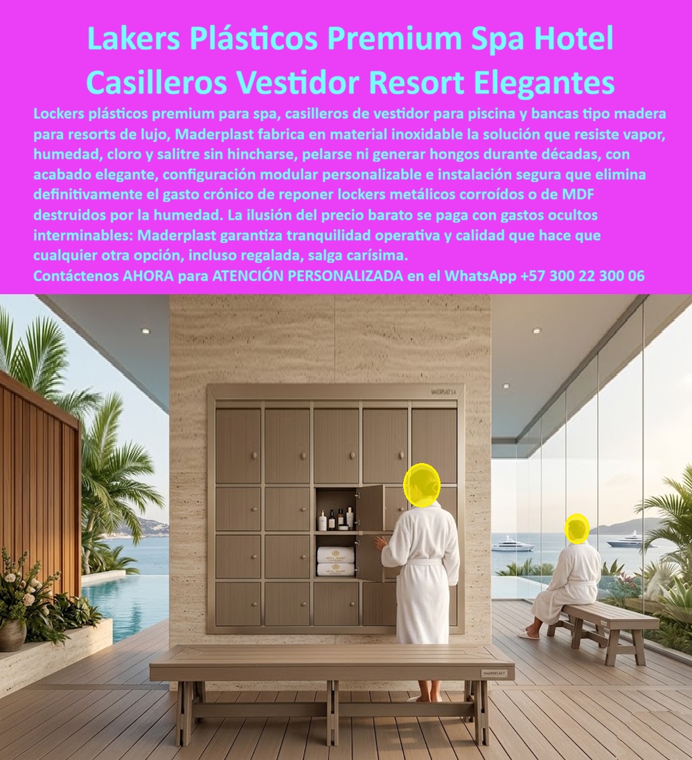 Lockers Hoteleros Plásticos Inoxidables Resistentes Humedad Maderplast Lockers hoteleros inoxidables resistentes sin costos de mantenimiento Lockers plásticos exteriores antióxido instalación segura Lockers Plásticos Hoteleros Premium piscina  Casilleros Vestidor Premium Maderplast – Lockers Plásticos Inoxidables para Spa, Piscina y Vestidores Hoteleros En la imagen se aprecia un conjunto modular de casilleros vestidor premium Maderplast tipo lockers plásticos para spa hotelero, empotrados en pared de piedra natural con acabado beige imitación madera de alta fidelidad, conformado por múltiples compartimentos rectangulares con puertas abatibles y herrajes discretos, uno de ellos abierto mostrando toallas dobladas y productos de baño en interior organizado. Esta solución presenta textura uniforme y bordes precisos que replican madera noble pero construida en polímeros de ingeniería que la hacen inmune a vapor, humedad constante y cloro sin hinchamiento ni hongos. Los casilleros Maderplast se integran con elegancia al entorno de terraza deck con vista al mar en resort de lujo, ofreciendo durabilidad extrema y cero mantenimiento en áreas de alto tráfico. Quien ha gestionado vestidores de spa, piscinas o áreas húmedas en hoteles de lujo sabe perfectamente cuál es el verdadero dolor: los casilleros metálicos se corroen y los de MDF o madera se hinchan, se llenan de moho y se destruyen por el vapor, la humedad y el cloro constante. Esto genera reparaciones frecuentes, reposiciones costosas, problemas de higiene y deterioro de la imagen premium del resort. Lo que parecía una opción económica termina convirtiéndose en una inversión muy cara por fallas críticas, gastos ocultos y la imposibilidad de justificar ante la gerencia o los inversionistas una decisión que, a la larga, resulta mucho más costosa y problemática. Una compra bien hecha recibe felicitaciones permanentes; una mal hecha no encuentra excusa que compense los gastos adicionales y los dolores de cabeza. Maderplast resuelve este problema de forma definitiva y segura. Fabricamos a medida los casilleros vestidor spa hotel premium, los lockers plásticos piscina y los casilleros hoteleros inoxidables sin mantenimiento con polímeros de ingeniería que eliminan por completo la corrosión, el hinchamiento, los hongos y cualquier necesidad de mantenimiento. El resultado es un sistema modular con más de 20 años de vida útil, acabado madera elegante permanente, peso reducido para instalación fácil y huella de carbono baja, ideal para vestidores de piscina, spa y áreas húmedas mientras mantiene higiene impecable y estética de lujo en entornos de alto tráfico. Así lo confirman en testimonio de caso real la Gerencia de Infraestructura de un resort hotelero costero en un proyecto del 2024: el problema que enfrentamos era el deterioro rápido de casilleros metálicos y de MDF en el vestidor del spa por vapor, cloro y humedad constante, generando corrosión, hinchamiento y costos recurrentes de reposición que afectan la operatividad y la imagen de lujo del resort. Después de implementar los casilleros vestidor premium Maderplast en configuración modular con acabado madera, fabricados a medida e instalados en la terraza deck según el diseño del proyecto, el sistema de lockers ha operado de forma continua sin ningún mantenimiento correctivo ni pérdida de estética ni funcionalidad después de meses de uso intensivo, manteniendo higiene impecable y reduciendo drásticamente el costo total de propiedad. Cuando un profesional busca la mejor alternativa duradera a los casilleros tradicionales, los lockers plásticos para vestidor de piscina o los casilleros hoteleros resistentes a la humedad con las especificaciones técnicas correctas, Maderplast entrega la tranquilidad absoluta. Contamos con ficha técnica completa en PDF con medidas, planos de anclaje y especificaciones de carga, certificados de pruebas de laboratorio y videos reales disponibles en el canal de YouTube @maderplasSA. Los productos Maderplast son tan buenos que cualquier otra opción, incluso regalada, terminaría siendo carísima por sus fallas y mantenimientos constantes. Si su proyecto requiere casilleros vestidores que realmente entreguen durabilidad extrema, elegancia y rentabilidad a largo plazo, contáctenos hoy. Nuestro equipo de ingenieros está listo para brindarle cotización personalizada, renders, prototipos y toda la asesoría técnica que necesite. WhatsApp directo: +57 300 22 300 06