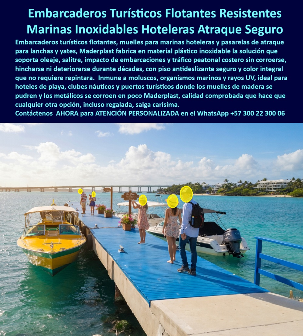 Muelles Marinas Turísticas Puertos Embarcaderos Turísticos Flotantes Maderplast Embarcaderos turísticos recibiendo pasajeros muy duraderos Marina turística hotel soporta oleaje atraque seguro alta durabilidad Pasarelas Flotantes para Hoteles  Pasarela Flotante Azul Maderplast – Embarcadero Turístico Flotante Resistente al Oleaje para Marinas Hoteleras con Atraque Seguro En la imagen se aprecia una pasarela flotante azul Maderplast para embarcadero turístico en marina hotelera con deck de color integral vibrante y superficie antideslizante que se extiende desde el muelle de concreto hacia aguas cristalinas, permitiendo atraque seguro de lanchas y yates mientras recibe flujo constante de pasajeros. Esta estructura modular presenta textura uniforme de composite polimérico con barandas laterales reforzadas que resiste oleaje continuo, salinidad marina y tráfico intensivo sin corrosión ni desgaste. El diseño se integra al entorno tropical de la marina manteniendo estética profesional y funcionalidad permanente en condiciones costeras exigentes. Quien ha gestionado infraestructura en marinas hoteleras o puertos turísticos sabe perfectamente cuál es el verdadero dolor: las pasarelas y muelles tradicionales sufren degradación rápida por el oleaje constante, el impacto diario de embarcaciones, el salitre y el tráfico peatonal intensivo. Esto genera riesgos de seguridad para los pasajeros, reparaciones frecuentes, interrupciones operativas y costos que se acumulan año tras año. Lo que en un principio parece una opción económica termina convirtiéndose en una inversión muy cara por fallas críticas, pérdida de imagen y la imposibilidad de justificar ante la gerencia o los inversionistas una decisión que, a la larga, resulta mucho más costosa y problemática. Una compra bien hecha recibe felicitaciones permanentes; una mal hecha no encuentra excusa que compense los gastos adicionales y los dolores de cabeza. Maderplast resuelve este problema de forma definitiva y segura. Fabricamos a medida la pasarela flotante azul marina turística, el embarcadero flotante hotelero atraque seguro y el muelle flotante deck azul resistente oleaje con composites poliméricos de ingeniería marina que eliminan por completo la corrosión, el desgaste por impacto y la degradación por UV o salinidad. El resultado es una estructura modular ligera, con superficie antideslizante certificada, color integral permanente y más de 20 años de vida útil, ideal para soportar oleaje, atraque diario de lanchas y yates y alto flujo de pasajeros sin mantenimiento correctivo, todo con huella de carbono baja y estética moderna que eleva la experiencia turística. Así lo confirman en testimonio de caso real el Gerente de Infraestructura de una marina turística hotelera en un proyecto del 2024: el problema que enfrentamos era la degradación rápida de pasarelas y muelles por oleaje constante y atraque diario de embarcaciones, generando riesgos de seguridad para pasajeros y costos elevados de reparaciones frecuentes. Después de instalar la pasarela flotante Maderplast con deck azul modular, fabricada según planos del proyecto y conectada al muelle existente, el embarcadero ha operado de forma continua durante meses sin ningún mantenimiento correctivo, manteniendo superficie antideslizante y color original, con atraque seguro y mejora notable en la experiencia de los usuarios. Cuando un profesional busca la mejor alternativa para la pasarela marina polimérica hotel, el embarcadero flotante hotelero atraque seguro o el muelle flotante atraque pasajeros con las especificaciones técnicas correctas, Maderplast entrega la tranquilidad absoluta. Contamos con ficha técnica completa en PDF con medidas, planos de anclaje y especificaciones de carga, certificados de pruebas de laboratorio y videos reales disponibles en el canal de YouTube @maderplasSA. Los productos Maderplast son tan buenos que cualquier otra opción, incluso regalada, terminaría siendo carísima por sus fallas y mantenimientos constantes. Si su proyecto requiere una pasarela flotante que realmente entregue durabilidad extrema, seguridad y rentabilidad a largo plazo, contáctenos hoy. Nuestro equipo de ingenieros está listo para brindarle cotización personalizada, renders, prototipos y toda la asesoría técnica que necesite. WhatsApp directo: +57 300 22 300 06