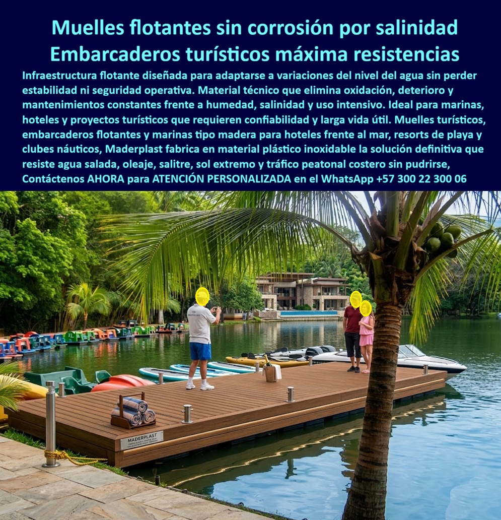 Muelles Marinas Turísticas Puertos Embarcaderos Turísticos Flotantes Maderplast Muelles flotantes turísticos adaptables nivel agua confiable Pasarelas Flotantes Hoteles Resistentes Sin Mantenimiento Embarcaderos turísticos evitan la corrosión Cubierta Deck Piscina Larga Vida Útil Pisos Decks Bordes Piscinas Maderplast - Entablados Perimetrales Piscinas Resisten Cloro Inalterable, La imagen corresponde a un sistema de Zona Social Resisten Sol Protección Total Bañistas, Tarima Borde Piscina Premium Alta Durabilidad, instalado en un entorno hotelero de alto nivel, con entablado color madera clara, geometría multinivel y escalinatas integradas que organizan el tránsito entre zonas húmedas y secas; la superficie mantiene textura antideslizante uniforme, bordes pulidos para tránsito descalzo y un comportamiento estable frente a cloro, radiación UV y humedad constante sin deformación ni decoloración.  El punto crítico que resuelve este sistema es el deterioro acelerado en bordes de piscina: madera que se hincha, WPC que pierde estabilidad, superficies resbalosas y ciclos repetitivos de mantenimiento que afectan operación y reputación. En términos de ingeniería, el problema no es estético, es de desempeño y riesgo. Cuando el usuario busca comprar deck piscina antideslizante exterior, fabricante pisos perimetrales piscina durables o cotizar entablado piscina resistente cloro, en realidad está intentando eliminar ese riesgo operativo que, si se gestiona mal, termina en costos acumulados (TCO) muy superiores al valor inicial de compra.  La solución se basa en polímero estructural con comportamiento inerte al agua y al cloro, que no absorbe humedad, no se pudre, no genera astillas ni hospeda hongos, manteniendo estabilidad dimensional y color integral en masa. Esto convierte el sistema en una alternativa a madera para piscina húmeda con ventajas claras frente a comparativos tradicionales, permitiendo especificar pisos exteriores resistentes UV y cloro y una tarima exterior zona húmeda de alto tráfico que opera sin mantenimiento correctivo. La modulación facilita deck modular piscina instalación rápida, integrándose a proyectos nuevos o existentes con continuidad estética y técnica.  Desde el punto de vista de decisión, el criterio determinante es el costo total de propiedad. Las opciones de menor precio inicial suelen implicar reposiciones, mano de obra recurrente y cierres de operación; por eso, en cualquier comparativo deck plástico o madera piscina, el enfoque correcto es evaluar durabilidad real, seguridad y continuidad de servicio. Una compra bien especificada no requiere justificaciones posteriores; una compra basada solo en precio genera explicaciones constantes. Aquí, la ventaja es tangible: se eliminan lijados, selladores y reemplazos frecuentes, asegurando una solución durable bordes piscina sin pudrición y una imagen consistente en el tiempo.  En aplicaciones reales de hotelería tropical, sistemas equivalentes han demostrado estabilidad continua, sin pérdidas de color ni deformaciones, incluso bajo exposición permanente; esto responde a consultas frecuentes como mejor material para deck piscina exterior o proveedor pisos piscina sin mantenimiento, donde la respuesta técnica es un material diseñado para ese entorno, no adaptado de otro uso. Además, se atienden requerimientos de diseño de bordes piscina antideslizantes y cumplimiento de criterios para pliego técnico pisos exteriores piscina, facilitando la especificación desde anteproyecto.  Para cerrar la decisión con respaldo técnico, el sistema cuenta con ficha técnica descargable (PDF) con medidas, tolerancias y anclajes; certificaciones y pruebas de laboratorio documentadas; y soporte de ingeniería con evidencias en video y acompañamiento directo. Esto permite cotizar, personalizar, solicitar planos y ejecutar producción a medida con seguridad. En este nivel de desempeño, la afirmación es técnica: la tranquilidad de especificar correctamente no tiene sustituto, y los sistemas bien diseñados evitan aceptar alternativas que trasladan el problema al futuro.  Conclusión y acción inmediata: si su objetivo es eliminar mantenimiento, asegurar seguridad de tránsito y mantener una estética premium en zonas húmedas, esta solución entrega desempeño comprobable. Solicite ahora cotización, diseño y documentación técnica con atención personalizada directa por ingenieros. WhatsApp Maderplast: +57 300 22 300 06 Envíe la imagen o plano de su proyecto y reciba una propuesta precisa, segura y lista para ejecutar.