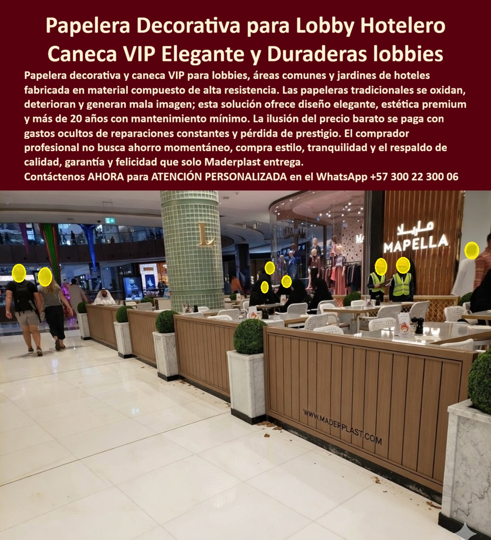 Papeleras Decorativas Lobby Hotel Canecas Vip Basureros Maderplast Papeleras hoteleras decorando lobbies solución definitiva Canecas de Basura Jardines Hoteleros Inoxidables Recipientes Basura Hoteleros Decorativos Resistentes Larga Duración   Papelera Decorativa Maderplast – Caneca VIP Elegante para Lobbies y Áreas Comunes Hoteleros En la imagen se aprecia una papelera decorativa Maderplast tipo caneca VIP para lobby hotelero con paneles verticales de acabado madera clara de alta definición y base rectangular en mármol blanco, alineadas en fila junto a topiarios esféricos verdes que delimitan zonas de cafetería y circulación en un amplio espacio interior de lujo con pisos pulidos y columnas decoradas. Esta solución presenta textura premium de madera natural pero construida en polímeros de ingeniería que resisten limpieza intensiva con químicos, tráfico peatonal constante y humedad ambiental sin oxidación ni pérdida de estética. El diseño combina funcionalidad de recolección de residuos con integración ornamental, elevando la imagen del lobby hotelero de alto estándar. Quien ha gestionado proyectos de hoteles cinco estrellas o centros de convenciones sabe perfectamente cuál es el verdadero dolor: las papeleras y canecas tradicionales de metal o madera en lobbies, restaurantes y áreas comunes se oxidan, deterioran y generan mala imagen por la limpieza diaria con químicos y el tráfico intenso. Esto obliga a reparaciones frecuentes, repintados y reposiciones que interrumpen la operación, elevan costos operativos y afectan la percepción de lujo del hotel. Lo que en un principio parece una opción económica termina convirtiéndose en una inversión muy cara por fallas críticas, gastos ocultos y la imposibilidad de justificar ante la gerencia o los inversionistas una decisión que, a la larga, resulta mucho más costosa y problemática. Una compra bien hecha recibe felicitaciones permanentes; una mal hecha no encuentra excusa que compense los gastos adicionales y los dolores de cabeza. Maderplast resuelve este problema de forma definitiva y segura. Fabricamos a medida la papelera decorativa lobby hotel, la caneca VIP madera hotelera y las papeleras hoteleras resistentes con composites poliméricos de ingeniería interior que eliminan por completo la oxidación, la corrosión, la decoloración y cualquier necesidad de mantenimiento. El resultado es una caneca con más de 20 años de vida útil, acabado madera integral permanente, peso optimizado y huella de carbono baja, ideal para lobbies, jardines hoteleros y áreas comunes mientras mantiene una estética premium y funcionalidad impecable bajo limpieza constante y alto tráfico. Así lo confirman en testimonio de caso real el Gerente de Infraestructura de un hotel de lujo en un proyecto del 2024: el problema que enfrentamos era el rápido deterioro de papeleras metálicas y de madera en lobbies y áreas comunes por limpieza constante y tráfico alto, generando mala imagen, corrosión y costos recurrentes de reemplazo. Después de instalar las papeleras decorativas Maderplast tipo caneca VIP con acabado madera y base de mármol, fabricadas a medida según el concepto interior del proyecto y adaptadas como divisoras funcionales, el mobiliario se mantiene en perfecto estado sin ningún mantenimiento correctivo después de meses de uso intensivo, conservando estética premium y funcionalidad plena mientras eleva la percepción de lujo y reduce drásticamente el costo total de propiedad. Cuando un profesional busca la mejor alternativa duradera a las papeleras tradicionales, la caneca VIP para lobby o la papelera decorativa hotelera con las especificaciones técnicas correctas, Maderplast entrega la tranquilidad absoluta. Contamos con ficha técnica completa en PDF con medidas, planos de anclaje y especificaciones de carga, certificados de pruebas de laboratorio y videos reales disponibles en el canal de YouTube @maderplasSA. Los productos Maderplast son tan buenos que cualquier otra opción, incluso regalada, terminaría siendo carísima por sus fallas y mantenimientos constantes. Si su proyecto requiere una papelera decorativa que realmente entregue durabilidad extrema, elegancia permanente y rentabilidad a largo plazo, contáctenos hoy. Nuestro equipo de ingenieros está listo para brindarle cotización personalizada, renders, prototipos y toda la asesoría técnica que necesite. WhatsApp directo: +57 300 22 300 06