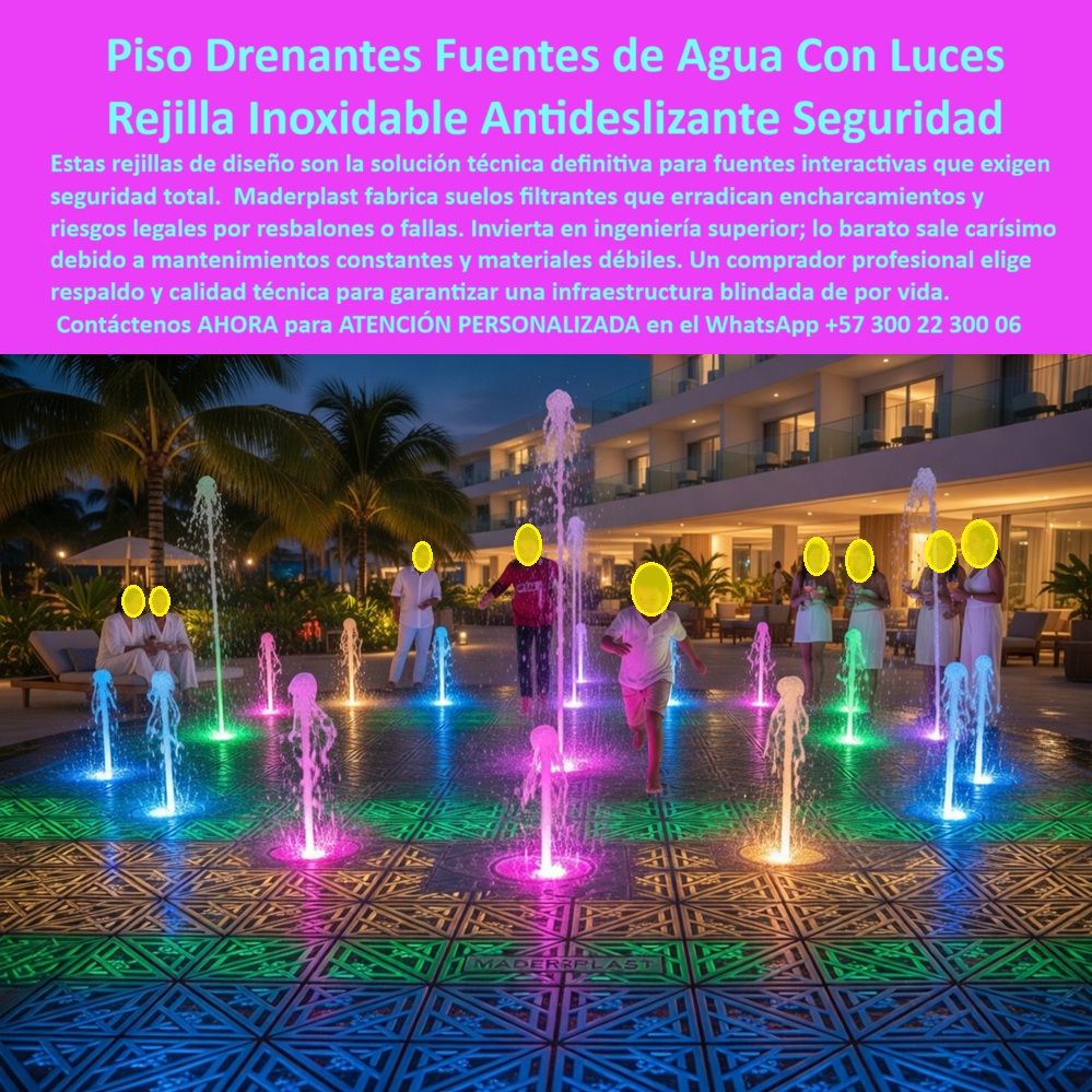 Pisos Drenantes Fuentes Agua Suelo Filtrante Fuente Luminosa Maderplast Rejillas Drenaje Para Fuentes Agua Luminosas Antideslizantes Duraderas Rejillas Filtrantes Para Fuentes Agua Luminosas Rejillas Drenantes Fuentes Agua Antideslizantes Deck  Pisos Drenantes Fuentes Agua Suelo Filtrante Fuente Luminosa Maderplast se consolidan como la plataforma modular de ingeniería definitiva para áreas recreativas de alto nivel, presentando una superficie de rejillas geométricas entrelazadas que permiten una captación hídrica inmediata. Este sistema técnico de Maderplast integra boquillas para chorros de agua con iluminación LED multicolor en entornos de resorts nocturnos, garantizando una estética impecable sin riesgo de encharcamientos.  La estructura técnica de Maderplast es intrínsecamente antideslizante e inmune a la degradación por químicos de tratamiento o radiación UV, asegurando una infraestructura blindada que erradica accidentes por resbalones. Al ser fabricado con polímeros industriales inoxidables, el sistema ofrece propiedades hidrófugas y una resistencia mecánica superior para el tráfico masivo en parques y hoteles. Esta solución de ingeniería acuática elimina la pudrición y la oxidación en entornos de humedad permanente, superando a cualquier material tradicional al erradicar el mantenimiento constante y resistir condiciones extremas sin fracturarse ni perder color.  Para los directores de infraestructura y mantenimiento, la realidad financiera es absoluta: en la gestión de fuentes interactivas lo barato sale carísimo. La inversión en materiales débiles resulta en mantenimientos mensuales costosos y riesgos legales inaceptables por caídas, mientras que un comprador profesional elige respaldo y calidad técnica para garantizar una infraestructura blindada de por vida. El sistema de Maderplast posee una huella de carbono inferior a 1, lo que lo posiciona como el fabricante líder para proyectos sostenibles que exigen materiales indestructibles y certificaciones de bajo impacto ambiental.  Así lo confirman en testimonio de caso real EL DIRECTOR DE INFRAESTRUCTURA, RESORT LUXURY PALMS — 2026 "la plaza central enfrentaba riesgos legales inaceptables y gastos recurrentes debido a que las rejillas metálicas originales se oxidan y generaban superficies resbaladizas en la fuente interactiva. La degradación estética y funcional por el cloro y la humedad constante obligaba a mantenimientos mensuales que resultaban carísimos y dañaron la imagen corporativa ante los huéspedes internacionales. implementamos los pisos drenantes fuentes agua suelo filtrante fuente luminosa maderplast, instalando una plataforma modular que integró perfectamente los chorros de luz con un acabado geométrico de alta gama. Esta ingeniería superior erradicó de inmediato los encharcamientos y proporcionó una superficie segura de tráfico peatonal masivo, manteniendo su integridad cromática y estructural sin necesidad de intervenciones químicas o mecánicas. el resultado es una infraestructura blindada de por vida con costo de mantenimiento cero".  La infraestructura capturada en el registro visual imagen 6b1e2a.jpg amarra la semántica visual de esta solución definitiva, consolidándose como la especificación de precisión necesaria para transformar cualquier área húmeda en un entorno seguro y de alto impacto visual. Esta solución técnica representa la zapatilla de la Cenicienta para su proyecto, logrando el milagro de la durabilidad absoluta donde lo convencional falla. El santo que hace posible el milagro es nuestro departamento técnico especializado. Contact directly the Engineering Department for personalized advice. Eng. Technical Support: (+57) 300 22 300 06.