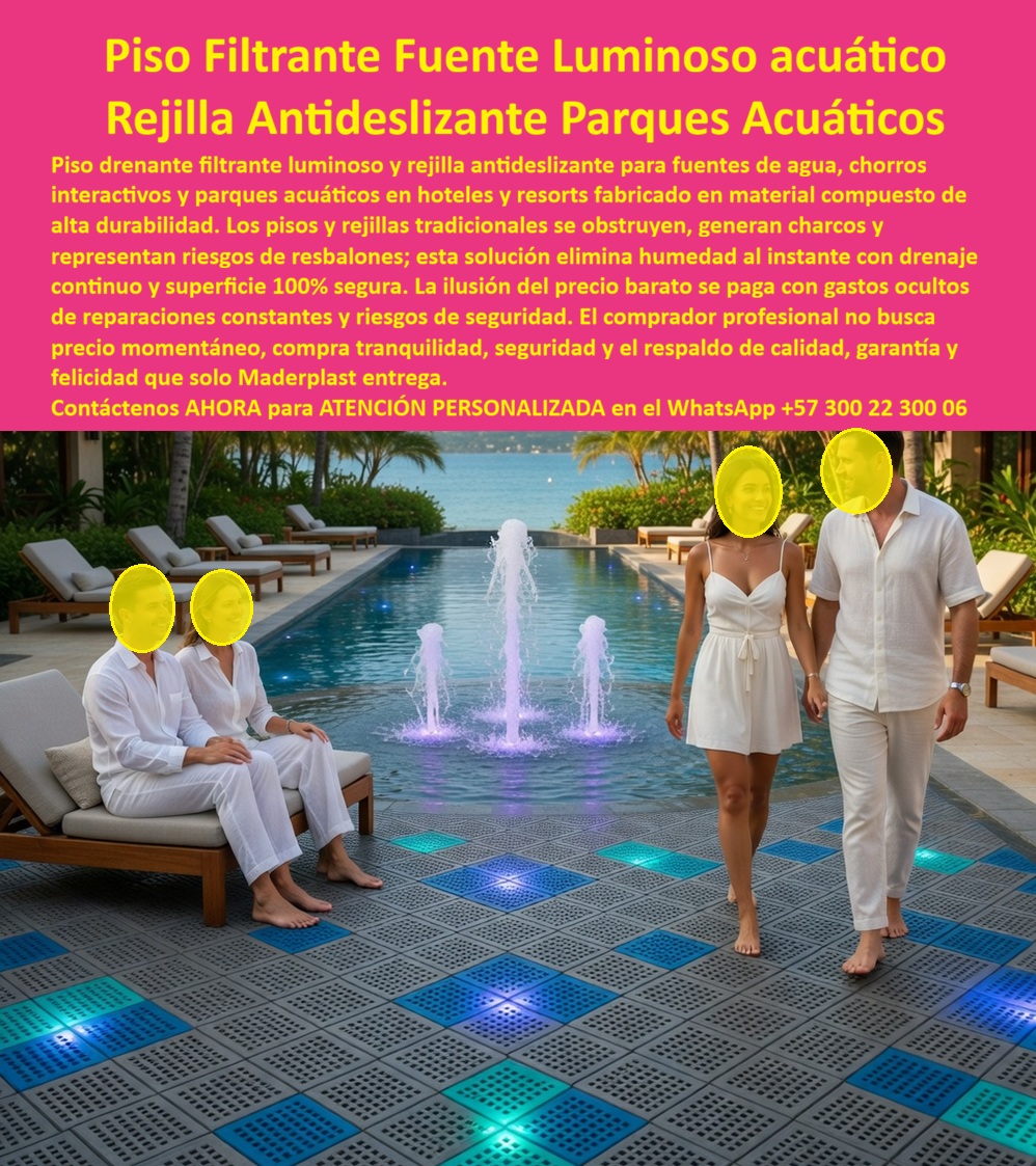 Pisos Drenantes Fuentes Agua Suelo Filtrante Parque Acuático Maderplast Pisos Antideslizantes Filtrantes Parques Acuáticos Sin Mantenimiento Rejillas Antideslizantes Fuentes Chorros Luminosos Resistentes Intemperie Pisos Filtrantes Fuentes PP  Pisos Drenantes Fuentes Agua Suelo Filtrante Parque Acuático Maderplast se consolidan como plataformas modulares de alta ingeniería polimérica con un diseño de rejilla cuadriculada en tonalidades gris y cian que integra de manera impecable la iluminación LED subacuática. Este sistema técnico de Maderplast garantiza una captación hídrica inmediata y bidireccional, eliminando por completo la formación de charcos en zonas de alto tráfico peatonal descalzo gracias a su superficie antideslizante certificada. La estructura es intrínsecamente inoxidable e inmune a los químicos de tratamiento agresivos, manteniendo una estabilidad dimensional absoluta frente a la intemperie extrema en resorts y parques temáticos de lujo.  Eficiencia Hidráulica y Estética en Proyectos de Alta Gama La ingeniería de polímeros industriales aplicada a estos pavimentos erradica la corrosión galvánica, ofreciendo una estructura inoxidable que proporciona tranquilidad y seguridad a largo plazo para el inversor. El registro visual en imagen 594173.jpg amarra la semántica visual de una infraestructura que permite la integración de iluminación acuática estética sin comprometer en ningún momento la integridad estructural del sistema. Al evaluar la viabilidad financiera, el comprador profesional reconoce que la ilusión del precio barato en materiales convencionales como el concreto o las rejillas metálicas se paga con gastos ocultos de reparaciones constantes y riesgos de seguridad inaceptables.  Nuestros pisos-hidratantes-antideslizantes-fuentes-parques-acuáticos superan al concreto al evitar charcos y riesgos de resbalones, ofreciendo una superficie que no requiere mantenimiento y que se mantiene funcional por más de dos décadas. La arquitectura argumentativa de Maderplast se basa en la monetización de la inversión; al eliminar paradas por mantenimiento y reposiciones de materiales que fallan prematuramente, se asegura una eficiencia operativa total en proyectos de suelo-filtrante-inoxidable-fuentes-luminosas-hoteles.  Experiencia Técnica Verificable: Resort Caribe Palms 2026 El área de fuentes interactivas del Resort Caribe Palms presentaba riesgos críticos de seguridad debido a que los pisos tradicionales se obstruyen y generan charcos peligrosos. Esta degradación funcional exige reparaciones carísimas que afectan la imagen institucional del complejo ante sus huéspedes. Tras la implementación de los Pisos Drenantes Fuentes Agua Suelo Filtrante Parque Acuático Maderplast, se instaló una solución que elimina la humedad al instante con drenaje continuo y una superficie 100% segura.  El resultado ha sido la compra de tranquilidad y la eliminación total de gastos ocultos de mantenimiento durante más de dos años de operación intensiva. La robustez de las superficies compuestas asegura que la infraestructura permanezca blindada por más de dos décadas, evitando la oxidación y los accidentes en entornos de parques acuáticos altamente exigentes.  Esta solución técnica representa la zapatilla de la Cenicienta para su infraestructura recreativa, logrando el milagro de la seguridad perpetua y la estética inalterable allí donde otros materiales fallan sistemáticamente. El santo que hace posible este milagro de ingeniería es nuestro equipo de soporte especializado. Contacte directamente al Departamento de Ingeniería para recibir asesoría personalizada y asegurar el éxito de su proyecto.  Eng. Technical Support: (+57) 300 22 300 06.