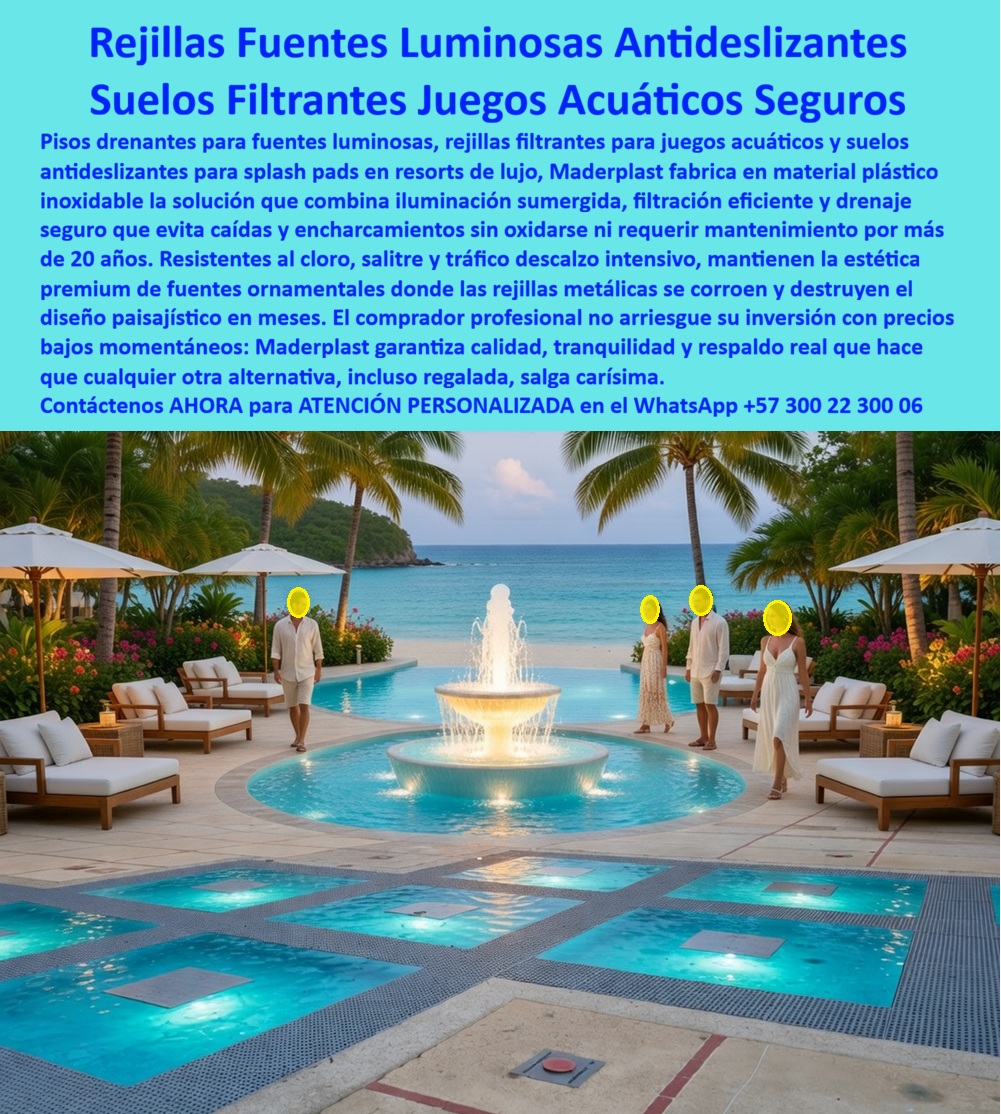 Pisos Drenantes Fuentes Agua Suelos Filtrantes Juegos Acuáticos Maderplast Rejillas Juegos Acuáticos Sin Óxido Filtración Alta Resistencia Pisos antideslizantes agua evitan caidas drenaje eficiente Pisos Rejillas Para Fuentes Luminosas Pisos  Rejilla Decorativa Drenante Luminosa Maderplast – Suelo Filtrante Antideslizante para Fuentes y Splash Pads en Hoteles y Resorts En la imagen se aprecia una rejilla decorativa drenante luminosa Maderplast para fuentes acuáticas y suelos filtrantes en patios de hoteles boutique, panel cuadrado de gran formato con patrón de rejilla perforada clara y borde ornamental en mosaico multicolor que permite chorros de agua iluminados desde abajo con LED creando efecto nocturno espectacular. Esta estructura polimérica exhibe superficie antideslizante texturizada y bordes precisos que garantizan paso seguro descalzo en áreas húmedas, resistiendo inmersión permanente en cloro y exposición UV sin corrosión ni decoloración gracias a su color integral. La rejilla Maderplast se integra con sofisticación al diseño paisajístico del resort, ofreciendo filtración rápida y durabilidad superior a 20 años sin mantenimiento en entornos de lujo. Quien ha diseñado y gestionado fuentes ornamentales, splash pads o patios acuáticos en hoteles de lujo sabe perfectamente cuál es el verdadero dolor: las rejillas metálicas tradicionales se oxidan rápidamente por el agua y los químicos, se obstruyen, generan resbalones peligrosos y requieren limpiezas constantes y reposiciones costosas que interrumpen la operación y deterioran la imagen premium del establecimiento. Lo que parecía una opción económica termina convirtiéndose en una inversión muy cara por fallas críticas, riesgos de seguridad, gastos ocultos y la imposibilidad de justificar ante la gerencia o los inversionistas una decisión que, a la larga, resulta mucho más costosa y problemática. Una compra bien hecha recibe felicitaciones permanentes; una mal hecha no encuentra excusa que compense los gastos adicionales y los dolores de cabeza. Maderplast resuelve este problema de forma definitiva y segura. Fabricamos a medida la rejilla decorativa drenante fuente luminosa, el suelo filtrante antideslizante fuentes hotel y la rejilla para fuente sin óxido con composites poliméricos de ingeniería acuática que eliminan por completo la corrosión, los resbalones, la obstrucción y cualquier necesidad de mantenimiento. El resultado es una rejilla con más de 20 años de vida útil, drenaje radial de alta capacidad, superficie antideslizante, iluminación LED integrada y color integral permanente, ideal para fuentes decorativas, fuentes interactivas y pisos filtrantes en terrazas y patios hoteleros mientras cumple los más altos estándares de seguridad y estética. Así lo confirman en testimonio de caso real la Gerencia de Infraestructura de un hotel boutique tropical en un proyecto del 2024: el problema que enfrentamos era el rápido deterioro y oxidación de rejillas metálicas en la fuente ornamental del patio central, generando resbalones, obstrucciones y costos constantes de limpieza y reparación que afectan la imagen de lujo y la experiencia nocturna de los huéspedes. Después de instalar la rejilla decorativa drenante luminosa Maderplast con patrón perforado y borde mosaico, fabricada a medida e integrada con iluminación LED según el diseño paisajístico del proyecto, la fuente ha operado de forma continua sin ningún mantenimiento correctivo ni pérdida de efecto luminoso ni seguridad después de meses de uso intensivo, manteniendo drenaje perfecto y atrayendo más visitantes al patio. Cuando un profesional busca la mejor alternativa duradera a las rejillas metálicas de fuentes, el piso drenante para fuentes de agua o la rejilla circular antideslizante con las especificaciones técnicas correctas, Maderplast entrega la tranquilidad absoluta. Contamos con ficha técnica completa en PDF con medidas, planos de anclaje y especificaciones de carga, certificados de pruebas de laboratorio y videos reales disponibles en el canal de YouTube @maderplasSA. Los productos Maderplast son tan buenos que cualquier otra opción, incluso regalada, terminaría siendo carísima por sus fallas y mantenimientos constantes. Si su proyecto requiere una rejilla decorativa drenante que realmente entregue durabilidad extrema, seguridad y rentabilidad a largo plazo, contáctenos hoy. Nuestro equipo de ingenieros está listo para brindarle cotización personalizada, renders, prototipos y toda la asesoría técnica que necesite. WhatsApp directo: +57 300 22 300 06