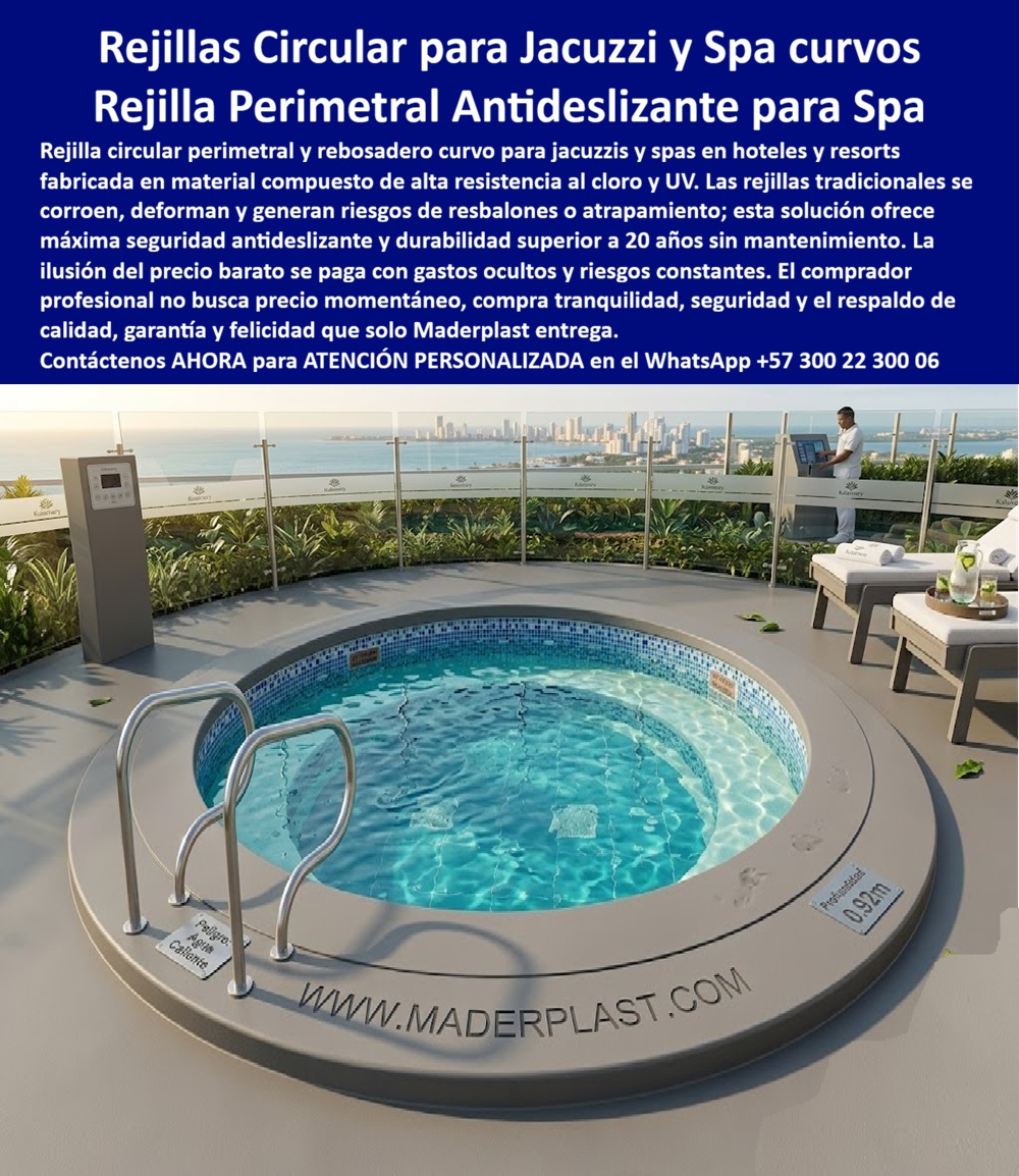 Rejas Circulares Piscina Spa Seguridad Antiatrapamiento Maderplast Rebosadero Curvo Spa Antideslizante Instalación Duradera Rejillas Circulares Spa Perimetrales Resistentes Cloro Bajo Mantenimiento Rejillas Redondas Jacuzzi Antideslizantes PP Rejilla Perimetral Circular Maderplast – Rebosadero Curvo Antideslizante para Jacuzzi y Spa en Hoteles En la imagen se aprecia una rejilla perimetral circular antideslizante Maderplast para jacuzzi y spa curvo, anillo gris claro de gran diámetro con ranuras radiales de drenaje optimizado y superficie texturizada que rodea completamente el vaso circular de mosaico azul en terraza rooftop de resort de lujo con vista al mar. Esta estructura polimérica presenta bordes precisos y acabados uniformes que garantizan paso seguro descalzo, fabricada para resistir inmersión continua en cloro y exposición UV sin corrosión ni deformación, manteniendo color integral y cero mantenimiento. La rejilla perimetral Maderplast se integra con precisión al diseño arquitectónico del spa, ofreciendo seguridad anti atrapamiento y durabilidad superior a 20 años en condiciones de alto uso. Quien ha gestionado spas y jacuzzis en hoteles de lujo conoce muy bien el verdadero dolor: las rejillas perimetrales metálicas o plásticas tradicionales se corroen, se deforman y generan resbalones o riesgos de atrapamiento por el cloro constante, el agua estancada y el tráfico descalzo diario. Esto obliga a reparaciones frecuentes, limpiezas profundas y reposiciones que interrumpen la operación, generan riesgos de seguridad y elevan los costos operativos año tras año. Lo que parecía una opción económica termina convirtiéndose en una inversión muy cara por fallas críticas, gastos ocultos y la imposibilidad de justificar ante la gerencia o los inversionistas una decisión que, a la larga, resulta mucho más costosa y problemática. Una compra bien hecha recibe felicitaciones permanentes; una mal hecha no encuentra excusa que compense los gastos adicionales y los dolores de cabeza. Maderplast resuelve este problema de forma definitiva y segura. Fabricamos a medida la rejilla perimetral circular jacuzzi spa, el rebosadero curvo spa antideslizante y las rejillas circulares spa perimetrales resistentes cloro con composites poliméricos de ingeniería acuática que eliminan por completo la corrosión, los resbalones, el riesgo de atrapamiento y cualquier necesidad de mantenimiento. El resultado es una rejilla con más de 20 años de vida útil, superficie antideslizante certificada, drenaje radial eficiente, bordes pulidos seguros y diseño modular que se adapta exactamente al radio de curvatura de cualquier jacuzzi o spa, ideal para instalaciones hoteleras mientras cumple los más altos estándares de seguridad y estética en entornos húmedos. Así lo confirman en testimonio de caso real la Gerencia de Infraestructura de un resort hotelero rooftop en un proyecto del 2024: el problema que enfrentamos era la corrosión rápida y deformación de rejillas perimetrales metálicas en el jacuzzi circular del spa, generando riesgos de resbalones, atrapamiento y costos constantes de reparación que comprometían la seguridad y la experiencia de los huéspedes en un entorno de lujo. Después de instalar la rejilla perimetral circular antideslizante Maderplast como rebosadero curvo completo, fabricada a medida según el diseño arquitectónico y colocada alrededor del vaso del spa, el jacuzzi ha operado de forma continua sin ningún mantenimiento correctivo ni pérdida de funcionalidad ni estética después de meses de uso intensivo, manteniendo seguridad máxima y reduciendo drásticamente el costo total de propiedad. Cuando un profesional busca la mejor alternativa duradera a las rejillas metálicas jacuzzi, la rejilla circular perimetral o el rebosadero curvo spa con las especificaciones técnicas correctas, Maderplast entrega la tranquilidad absoluta. Contamos con ficha técnica completa en PDF con medidas, planos de anclaje y especificaciones de carga, certificados de pruebas de laboratorio y videos reales disponibles en el canal de YouTube @maderplasSA. Los productos Maderplast son tan buenos que cualquier otra opción, incluso regalada, terminaría siendo carísima por sus fallas y mantenimientos constantes. Si su proyecto requiere una rejilla perimetral circular que realmente entregue durabilidad extrema, seguridad y rentabilidad a largo plazo, contáctenos hoy. Nuestro equipo de ingenieros está listo para brindarle cotización personalizada, renders, prototipos y toda la asesoría técnica que necesite. WhatsApp directo: +57 300 22 300 06