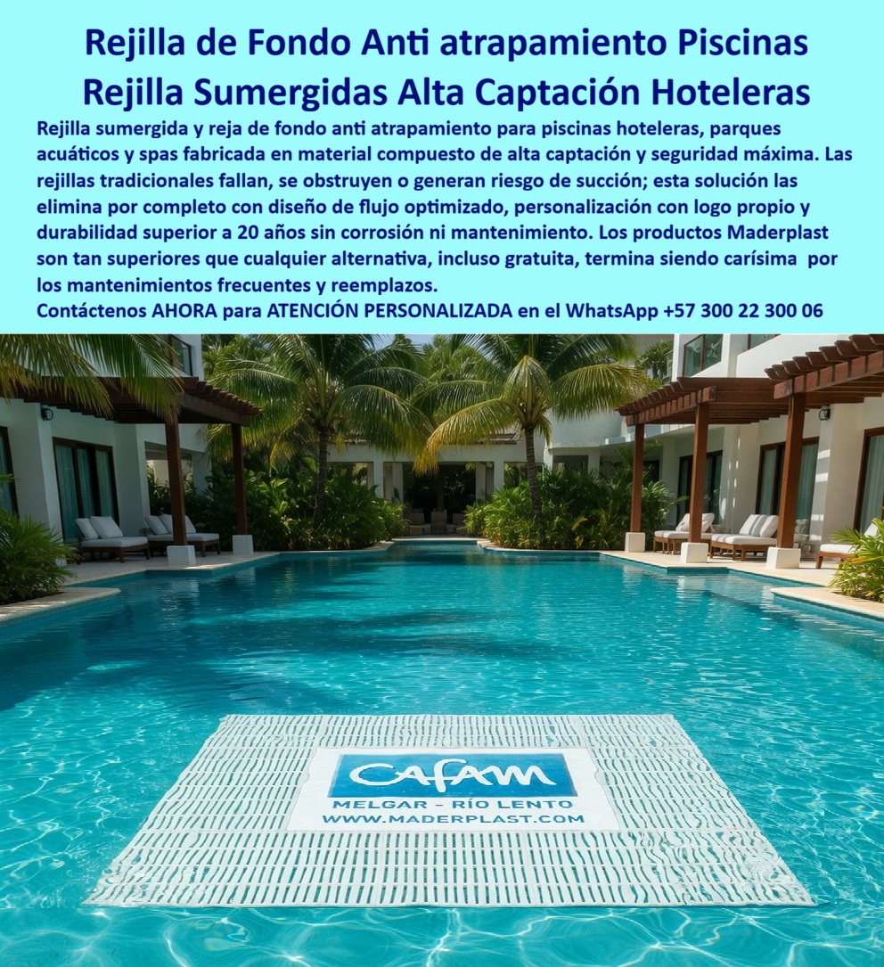 Rejillas Sumergidas Parques Acuáticos Alta Captación Reja De Fondo Maderplast Rejillas Captación Subacuática Parques Acuáticos Diseño A Medida Rejillas Subacuáticas Parques Acuáticos Seguridad Máxima Drenajes Fondo Evitan Atrapamiento  Rejilla Sumergida Anti Atrapamiento Maderplast – Sumidero de Alta Captación para Piscinas y Ríos Lentos en Parques Acuáticos En la imagen se aprecia una rejilla sumergida anti atrapamiento Maderplast de alta captación para drenajes de fondo en piscinas hoteleras y parques acuáticos, panel cuadrado blanco de gran formato con patrón de ranuras lineales paralelas que asegura flujo masivo de agua y elimina cualquier riesgo de succión. Esta estructura polimérica exhibe superficie uniforme con acabados profesionales y branding integrado que se visualiza claramente bajo el agua cristalina de un resort tropical, resistiendo sin alteración la exposición continua a cloro, radiación UV y productos químicos gracias a su color integral y ausencia total de corrosión. La rejilla de fondo Maderplast se integra de forma armónica al entorno acuático, proporcionando seguridad máxima y durabilidad verificada sin necesidad de intervenciones periódicas. Quien ha gestionado parques acuáticos o piscinas de olas con río lento sabe perfectamente cuál es el verdadero dolor: las rejillas metálicas sumergidas se oxidan con rapidez, generan cortes peligrosos bajo el agua y requieren reposiciones frecuentes que interrumpen la operación, exponen a riesgos legales y elevan los costos operativos. Lo que parecía una opción económica termina siendo carísima por fallas críticas, accidentes potenciales, gastos ocultos y la imposibilidad de justificar ante la gerencia o los inversionistas una decisión que, a la larga, resulta mucho más costosa y problemática. Una compra bien hecha recibe felicitaciones permanentes; una mal hecha no encuentra excusa que compense los gastos adicionales y los dolores de cabeza. Maderplast resuelve este problema de forma definitiva y segura. Fabricamos a medida la rejilla sumergida anti atrapamiento piscina hotel, el sumidero río lento alta captación y la reja de fondo anti atrapamiento con composites poliméricos de ingeniería acuática que eliminan por completo la corrosión, el riesgo de atrapamiento, la deformación y cualquier necesidad de mantenimiento. El resultado es una rejilla con más de 20 años de vida útil, bordes redondeados certificados para pies descalzos, alta capacidad de captación y personalización con logo corporativo, ideal para ríos lentos, piscinas de olas y parques acuáticos mientras cumple todas las normativas de seguridad acuática. Así lo confirman en testimonio de caso real el Gerente de Operaciones de CAFAM en el proyecto Melgar – Río Lento 2024: el problema que enfrentamos era la necesidad de sumideros de fondo seguros en piscina con río lento de alto tráfico, donde las rejillas tradicionales generaban riesgos de atrapamiento, corrosión rápida por cloro y costos constantes de inspección y reemplazo que comprometían la operación y la imagen del complejo. Después de instalar la rejilla sumergida anti atrapamiento Maderplast de gran formato y alta captación, producida a medida con integración de branding corporativo y adaptada al diseño exacto del proyecto, la solución ha operado de forma continua sin ningún incidente de seguridad ni mantenimiento correctivo, manteniendo apariencia impecable y cumplimiento normativo total, con reducción drástica del costo total de propiedad. Cuando un profesional busca la mejor alternativa segura a las rejillas sumergidas metálicas, el sumidero para río lento o la reja de fondo anti atrapamiento con las especificaciones técnicas correctas, Maderplast entrega la tranquilidad absoluta. Contamos con ficha técnica completa en PDF con medidas, planos de anclaje y especificaciones de carga, certificados de pruebas de laboratorio y videos reales disponibles en el canal de YouTube @maderplasSA. Los productos Maderplast son tan buenos que cualquier otra opción, incluso regalada, terminaría siendo carísima por sus fallas y mantenimientos constantes. Si su proyecto requiere una rejilla sumergida que realmente entregue máxima seguridad, gran caudal y rentabilidad a largo plazo, contáctenos hoy. Nuestro equipo de ingenieros está listo para brindarle cotización personalizada, renders, prototipos y toda la asesoría técnica que necesite. WhatsApp directo: +57 300 22 300 06