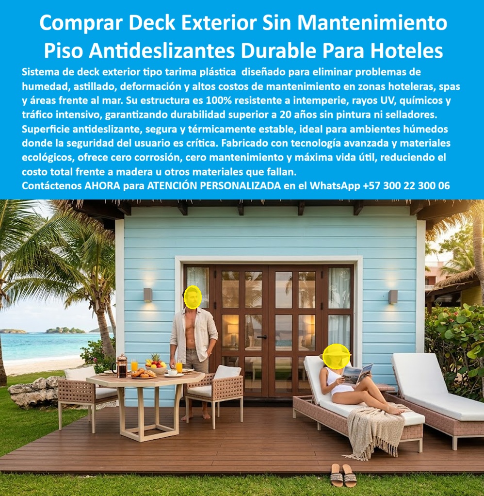 Tarima Exterior Para Hoteles Piso Para Spa Deck Exteriores Maderplast suelos elevados Área Lounge Resort Antideslizante Deck sintético para exteriores Tarimas exteriores adecuando zonas siempre fuertes Pisos Deck para Balcones Hoteleros Deck Tarima Exterior Para Hoteles Piso Para Spa Deck Exteriores Maderplast —suelos elevados Área Lounge Resort Antideslizante, Deck sintético para exteriores, Tarimas exteriores adecuando zonas siempre fuertes y Pisos Deck para Balcones Hoteleros— constituye el sistema técnico definitivo para infraestructuras de alto rendimiento, como se evidencia plenamente en el registro visual image 75921d.jpg, donde se observa una plataforma de ingeniería polimérica integrada a la perfección en un entorno de lujo frente al mar. Como ingenieros de ventas, debemos ser categóricos: en proyectos de hotelería y bienestar, la realidad financiera demuestra que lo barato sale carísimo, ya que la palabra “barata” termina transformándose en un drenaje de capital por fallas estructurales, reclamos de huéspedes accidentados, mantenimiento correctivo incesante y una pérdida de imagen corporativa irreparable causada por la falta de garantía de empresas que no responden. Al comprador profesional no le recordarán por la supuesta economía en la orden de compra inicial, le recordarán permanentemente por los éxitos o fracasos técnicos de su gestión operativa, entendiendo que una compra bien hecha apoyada en materiales industriales no necesita explicaciones y solo recibe felicitaciones, mientras que una adquisición mal ejecutada por la vanidad del precio no encuentra ninguna justificación valedera que compense los problemas y gastos adicionales de reposición prematura.  Nuestra solución industrial permite comprar deck sintético para exteriores con la seguridad de adquirir un producto inmune a la corrosión galvánica ya la degradación por rayos UV, siendo el mejor material para tarimas exteriores al ofrecer una vida útil superior a dos décadas sin astillarse ni pudrirse. Como proveedor de tarimas para hoteles de clase mundial, fabricamos un deck resistente al agua salada y un piso exterior sin mantenimiento spa que mantiene su temperatura estable al tacto incluso bajo radiación solar directa, superando técnicamente cualquier comparativo de deck plástico o madera tradicional. Este sistema de suelo elevado para terrazas hoteleras presenta una superficie con ranuras antideslizantes diseñada para un drenaje eficiente, garantizando la seguridad peatonal en áreas húmedas y cumpliendo con las normativas HSEQ más exigentes. Al cotizar pisos para spa antideslizantes con Maderplast, el proyectista asegura una inversión rentable que reduce drásticamente el costo total de propiedad (TCO), pues los productos Maderplast son tan buenos que los demás no se aceptarían ni regalados, ya que la tranquilidad de anular riesgos operativos no tiene precio comparativo en el mercado.  Facilitamos la labor de arquitectura e ingeniería al permitir que el cliente solicite su cotización, personalización técnica, planos, renders y prototipos, además de ofrecer producción en serie, fabricación a medida y asesoría para especificación en obra. Somos el fabricante de suelos para resorts que entrega directamente el pliego técnico de pisos para piscinas y las especificaciones para deck de ingeniería, simplificando la redacción del diseño de zonas lounge exteriores en cualquier proceso de licitación. Nuestra tarima plástica para tráfico intenso es la alternativa a madera para decks más eficiente para lograr una infraestructura náutica con certificación LEED, gracias a nuestra baja huella de carbono y composición ecológica.  Así lo confirman en testimonio de caso real EL DIRECTOR DE INFRAESTRUCTURA, HOTEL OCEAN VIEW — 2026 "La administración enfrentaba un gasto recurrente e insostenible en el mantenimiento de sus áreas lounge, donde el deck de madera tradicional se astillan y decoloraba en menos de seis meses por el sol tropical y la humedad marina, generando riesgos de accidentes; al implementar la Tarima Exterior Para Hoteles Piso Para Spa Deck Exteriores Maderplast, el material se mantiene como el primer día tras dos años de exposición, eliminando costos de lijado y mejorando la seguridad del cliente con una superficie antideslizante certificada."  Para proceder con la firma de la compra con absoluta seguridad técnica, proporcionamos el descargable de la ficha técnica en PDF con medidas, planos y sistemas de anclaje, junto con el certificado y prueba de laboratorio que avala el comportamiento del material ante químicos y carga mecánica. Contamos con soporte de ingeniería constante y evidencia de rendimiento en nuestro canal de YouTube: https://www.youtube.com/@maderplasSA. Esta innovación polimérica es exactamente la zapatilla de la Cenicienta para su proyecto arquitectónico, logrando el milagro de la perfección estética y la durabilidad eterna donde los materiales convencionales siempre fallan. El santo que realiza este milagro es nuestro equipo de soporte técnico especializado. Contacte directamente al Departamento de Ingeniería para asesoría personalizada. Eng. Technical Support: (+57) 300 22 300 06.
