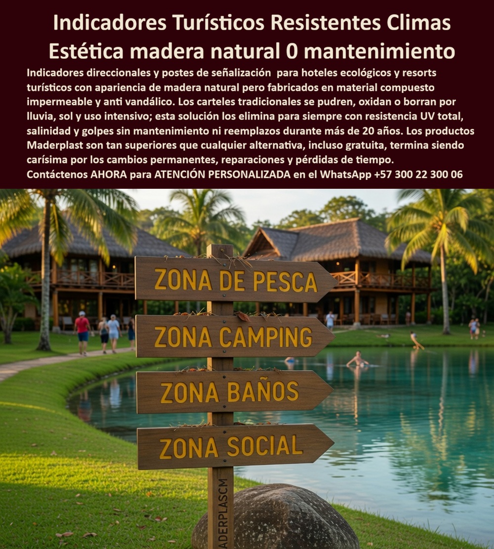Vallas Avisos Carteles Resistente Intemperie Hotelería Ecológica Maderplast Indicadores Turísticos Hotelera Resistentes Clima Vallas Señalización Ecológica Personalizadas Alta Durabilidad Exterior Señales Turísticos Personalizados vial  Vallas de Señalización Ecológica Personalizadas Resistentes al Clima Indicadores Turísticos Direccionales Maderplast – En la imagen se aprecia un indicador turístico direccional Maderplast tipo poste de señalización ecológica con cuatro flechas de apariencia madera natural oscura y letras amarillas brillantes que señalan ZONA DE PESCA, ZONA CAMPING, ZONA BAÑOS y ZONA SOCIAL, instalado en área verde junto a lago en resort ecológico tropical con bungalows al fondo. Este sistema de vallas presenta textura realista de madera y bordes pulidos que se integran al paisaje natural, fabricado en polímeros de ingeniería que lo hacen inmune a pudrición por humedad, rayos UV y salinidad marina sin decoloración ni mantenimiento. La señalización Maderplast garantiza visibilidad permanente y durabilidad superior a 20 años en condiciones extremas de intemperie. Quién ha implementado señalética en resorts ecológicos o proyectos turísticos en zonas tropicales sabe perfectamente cuál es el verdadero dolor: los carteles y postes de madera o metal tradicionales se pudren, oxidan o borran rápidamente por la lluvia, el sol intenso y el uso continuo, obligando a reemplazos frecuentes que generan costos elevados y deterioran la imagen del resort. Lo que parecía una opción económica termina convirtiéndose en una inversión muy cara por fallas críticas, gastos ocultos y la imposibilidad de justificar ante la gerencia o los inversionistas una decisión que, a la larga, resulta mucho más costosa y problemática. Una compra bien hecha recibe felicitaciones permanentes; una mal hecha no encuentra excusa que compense los gastos adicionales y los dolores de cabeza. Maderplast resuelve este problema de forma definitiva y segura. Fabricamos a medida los indicadores turísticos direccionales, las vallas señalización ecológica y los carteles direccionales resort con composites poliméricos de ingeniería que eliminan por completo la pudrición, la oxidación, la decoloración y cualquier necesidad de mantenimiento. El resultado es una señalética con más de 20 años de vida útil, textura madera natural permanente, alta visibilidad y resistencia antivandálica, ideal para hoteles ecológicos, senderos y zonas comunes mientras mantiene legibilidad y estética impecable en condiciones climáticas extremas. Así lo confirman en testimonio de caso real la Gerencia de Infraestructura de un resort ecológico tropical en un proyecto del 2024: el problema que enfrentamos era el rápido deterioro de carteles y postes de señalización en madera tradicional por humedad, sol y vandalismo ocasional, generando pérdida de legibilidad, reparaciones constantes y afectación a la experiencia de los huéspedes en zonas de lago y senderos. Después de implementar los indicadores turísticos direccionales Maderplast con flechas de apariencia madera natural, fabricados a medida e instalados en puntos estratégicos según el plano de señalética del resort, el sistema de vallas se mantiene en perfecto estado sin ningún mantenimiento correctivo ni pérdida de color ni estructura después de meses de exposición extrema, manteniendo visibilidad impecable y refuerzo de la imagen ecológica. Cuando un profesional busca la mejor alternativa duradera a la señalética tradicional, los indicadores turísticos para hotel ecológico o las vallas de señalización ecológica con las especificaciones técnicas correctas, Maderplast entrega la tranquilidad absoluta. Contamos con ficha técnica completa en PDF con medidas, planos de anclaje y especificaciones de carga, certificados de pruebas de laboratorio y videos reales disponibles en el canal de YouTube @maderplasSA. Los productos Maderplast son tan buenos que cualquier otra opción, incluso regalada, terminaría siendo carísima por sus fallas y mantenimientos constantes. Si su proyecto requiere indicadores turísticos que realmente entreguen durabilidad extrema, visibilidad y rentabilidad a largo plazo, contáctenos hoy. Nuestro equipo de ingenieros está listo para brindarle cotización personalizada, renders, prototipos y toda la asesoría técnica que necesite. WhatsApp directo: +57 300 22 300 06