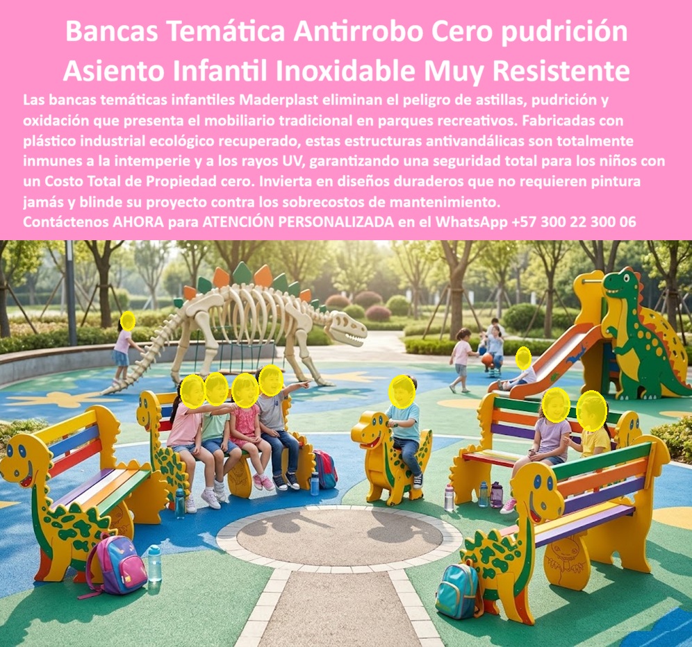 Bancas temáticas personalizadas parques infantiles Silla Niños Maderplast Asientos Temáticos Dinosaurio Alta Resistencia Exterior Banco Infantil Temático Dinosaurio Alta Durabilidad Bancas decorativas infantiles para parques temáticos de Banca Bancas Temáticas de Dinosaurio en Plástico Industrial Ecológico: Cero Robos, Cero Astillas y Ciento Treinta Millones Ahorrados en Reposición El mobiliario que nadie roba, nadie destruye y ningún niño se astilla Bancas temáticas infantiles Maderplast con forma de dinosaurios en colores verde, amarillo y naranja, respaldos esculpidos con figuras de triceratops, estegosaurio y tiranosaurio, asientos con tablones multicolor tipo arcoíris, instaladas sobre piso de caucho sintético azul en parque temático jurásico con esqueleto decorativo y tobogán de dinosaurio al fondo. Plástico industrial ecológico recuperado con pigmento en masa, antivandálico, antirrobo por peso y anclaje subterráneo, sin astillas, sin pudrición, sin oxidación. Diseño que transforma zonas infantiles en experiencias paleontológicas inmersivas. El ciclo destructivo que devora presupuestos de parques públicos Todo administrador de infraestructura recreativa en comunas con alto vandalismo conoce el patrón: bancas de madera que duran catorce meses antes de quedar inutilizables por astillamiento y pudrición, tablones que se roban para combustible, bancas metálicas que se desmontan y venden como chatarra. Sesenta y dos millones anuales en reposición cíclica que nunca terminan porque el material mismo incentiva el robo y el deterioro. Cada tablón astillado es un riesgo de lesión en niños de primera infancia documentado en registro de enfermería. La madera inmunizada retrasa el problema tres años; no lo resuelve. Y al funcionario que firma esa reposición anual no lo recordarán por mantener los parques funcionando; lo recordarán por no haber elegido una solución que eliminará el ciclo de raíz. Maderplast: plástico ecológico recuperado que elimina las tres causas de pérdida simultáneamente Cuando se trata de bancas temáticas infantiles para parques públicos y zonas recreativas, Maderplast es el fabricante que convierte ideas en piezas reales. El plástico industrial ecológico recuperado que utiliza Maderplast elimina las tres causas de deterioro y pérdida de mobiliario público en una sola decisión: no se astilla porque no es madera, no se oxida porque no es metal, y no se roba porque carece de valor como chatarra y se ancla con sistema subterráneo. El pigmento integrado en masa mantiene colores vibrantes sin repintado durante más de veinte años. Los respaldos esculpidos con figuras de dinosaurios se diseñan sobre plano con la temática que el proyecto requiera, adaptando formas, colores y dimensiones al rango de edad. Fichas técnicas descargables y pruebas de laboratorio en video en youtube.com/@maderplasSA — resistencia a impacto, estabilidad de color UV acelerada y comportamiento ante intento de desmontaje forzado. Huella de carbono certificada de 0.77. Los ocho parques que dejaron de reponer mobiliario para siempre El arquitecto Luis Fernando Castaño Mejía, director de proyectos especiales de la Corporación Parques y Escenarios de Medellín, enfrentaba reposición cíclica de bancas en ocho parques barriales de comunas con alto vandalismo: catorce meses de vida útil promedio, sesenta y dos millones anuales y lesiones por astillas en primera infancia. El comité técnico exigía eliminar simultáneamente astillamiento, pudrición, oxidación e incentivo de robo. Tras verificar las pruebas de laboratorio de Maderplast, instaló treinta y dos bancas temáticas de dinosaurio con respaldos esculpidos, tablones multicolor y anclaje subterráneo antirrobo. A más de dos años de uso diario intensivo en zonas de alto vandalismo: cero robos, cero astillamientos, cero intervenciones, cero lesiones infantiles asociadas al mobiliario. El ahorro acumulado supera ciento treinta millones de pesos y las comunidades reportan apropiación del espacio como resultado del atractivo temático. La decisión que rompe el ciclo de reposición permanente Maderplast ofrece mobiliario temático con figuras personalizadas, colores sobre plano, anclaje antirrobo y entrega llave en mano con garantía verificable superior a veinte años. Solicite cotización antes de seguir reponiendo bancas que no sobreviven al entorno que deben servir. Asesoría Especializada Con Un Especialista De Maderplast, Atención Personalizada En Este WhatsApp 57+ 300 22 300 06