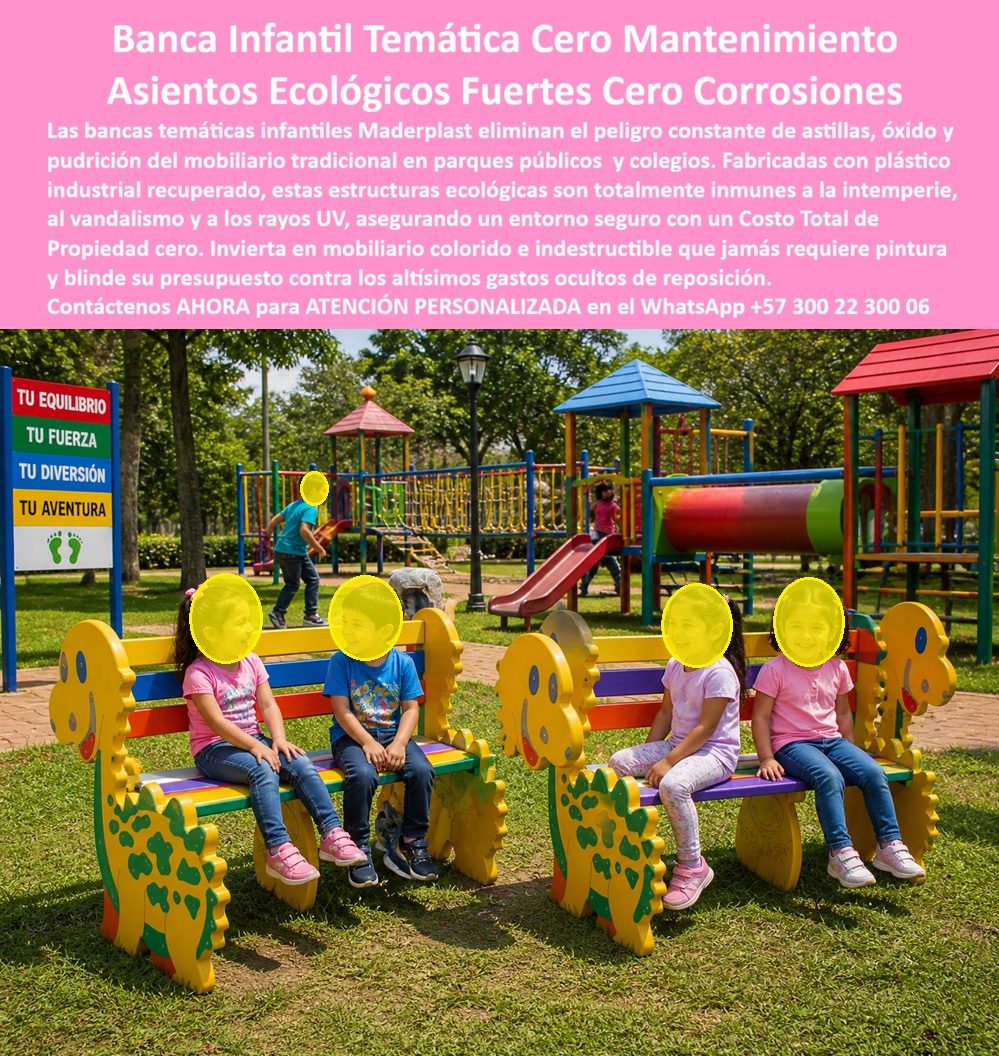 Bancas temáticas personalizadas parques infantiles Silla Niños Maderplast Mobiliario lúdico inalterable garantiza una instalación rápida Sillas infantiles temáticas para parques recreativos personalizados coloridos Banco Infantil Dinosaurio PP Bancas Infantiles Temáticas de Dinosaurio en Plástico Ecológico Recuperado: Ciento Cinco Millones Ahorrados y Lesiones por Mobiliario Reducidas a Cero en Veintidós Sedes Educativas Ochenta y ocho bancas instaladas en menos de tres horas por sede sin obras civiles Bancas infantiles temáticas Maderplast con laterales amarillos en forma de dinosaurio con ojos expresivos y cresta decorativa, tablones de asiento multicolor en rojo, verde, azul y amarillo, instaladas en fila sobre césped natural en parque público con señalización motivacional de equilibrio, fuerza, diversión y aventura. Plástico industrial ecológico recuperado con pigmento en masa, bordes redondeados, superficie lisa sin astillas y sistema de anclaje prefabricado que permite el montaje de cuatro bancas en menos de tres horas sin cimentaciones especiales ni equipos pesados. El ciclo de reposición que consume presupuesto educativo sin parar Toda secretaría de educación que administre sedes con zonas de recreo exterior conoce el patrón: bancas de madera que duran diez meses en clima cálido húmedo antes de quedar inutilizables por astillamiento, pudrición y termitas. Cuarenta y ocho millones anuales en reposición más lesiones por astillas documentadas en enfermería escolar. La madera inmunizada retrasa el deterioro pero no lo elimina, y cada fumigación exige cierre parcial durante la jornada escolar. Ese presupuesto sale del fondo de servicios educativos y no llega a material pedagógico ni tecnología. Al funcionario que firma esa reposición no lo recordarán por mantener las bancas; lo recordarán por no haber elegido la solución que rompía el ciclo. Maderplast: plástico ecológico recuperado con valor lúdico pedagógico integrado Cuando se trata de bancas infantiles temáticas para colegios y parques públicos, Maderplast es el fabricante que convierte ideas en piezas reales. El plástico industrial ecológico recuperado que utiliza Maderplast no se astilla porque no es madera, no se oxida porque no es metal, no se pudre porque es impermeable y no incentiva robo porque carece de valor como chatarra. Los laterales esculpidos con figuras de dinosaurio complementan el proyecto pedagógico institucional convirtiendo el mobiliario en recurso lúdico educativo. El pigmento en masa mantiene colores vibrantes sin repintado durante más de veinte años bajo sol intenso, lluvia y uso diario de cientos de niños. Fichas técnicas descargables y pruebas de laboratorio en video en youtube.com/@maderplasSA — resistencia a impacto, estabilidad dimensional a cuarenta y dos grados y comportamiento ante humedad del ochenta y cinco por ciento. Huella de carbono certificada de 0.77. Las veintidós sedes que dejaron de reponer mobiliario para siempre La ingeniera civil Adriana Lucía Betancourt Parra, coordinadora de infraestructura educativa de la Secretaría de Educación de Neiva, enfrentaba reposición cíclica en veintidós sedes rurales y urbanas: diez meses de vida útil, cuarenta y ocho millones anuales y lesiones por astillas en primera infancia. El comité exigía cero aislamiento, resistencia a clima cálido húmedo, vida útil mínima de quince años y valor lúdico pedagógico. Tras verificar las pruebas de laboratorio de Maderplast, instaló ochenta y ocho bancas temáticas con laterales de dinosaurio amarillo y tablones multicolor en las veintidós sedes, con anclaje prefabricado que permitió montaje de cuatro bancas por sede en menos de tres horas. A más de dos años con seis mil estudiantes en total: colores originales, estructura intacta, cero astillamientos, cero intervenciones en ninguna sede. Ahorro acumulado superior a ciento cinco millones de pesos y lesiones por mobiliario exterior reducidas a cero en el consolidado de enfermería. La decisión que libera presupuesto para lo que importa Maderplast ofrece bancas temáticas personalizadas, colores sobre plano, anclaje prefabricado y entrega llave en mano con garantía verificable superior a veinte años. Solicite cotización antes de seguir reponiendo mobiliario que no sobrevive al año escolar. Asesoría Especializada Con Un Especialista De Maderplast, Atención Personalizada En Este WhatsApp 57+ 300 22 300 06