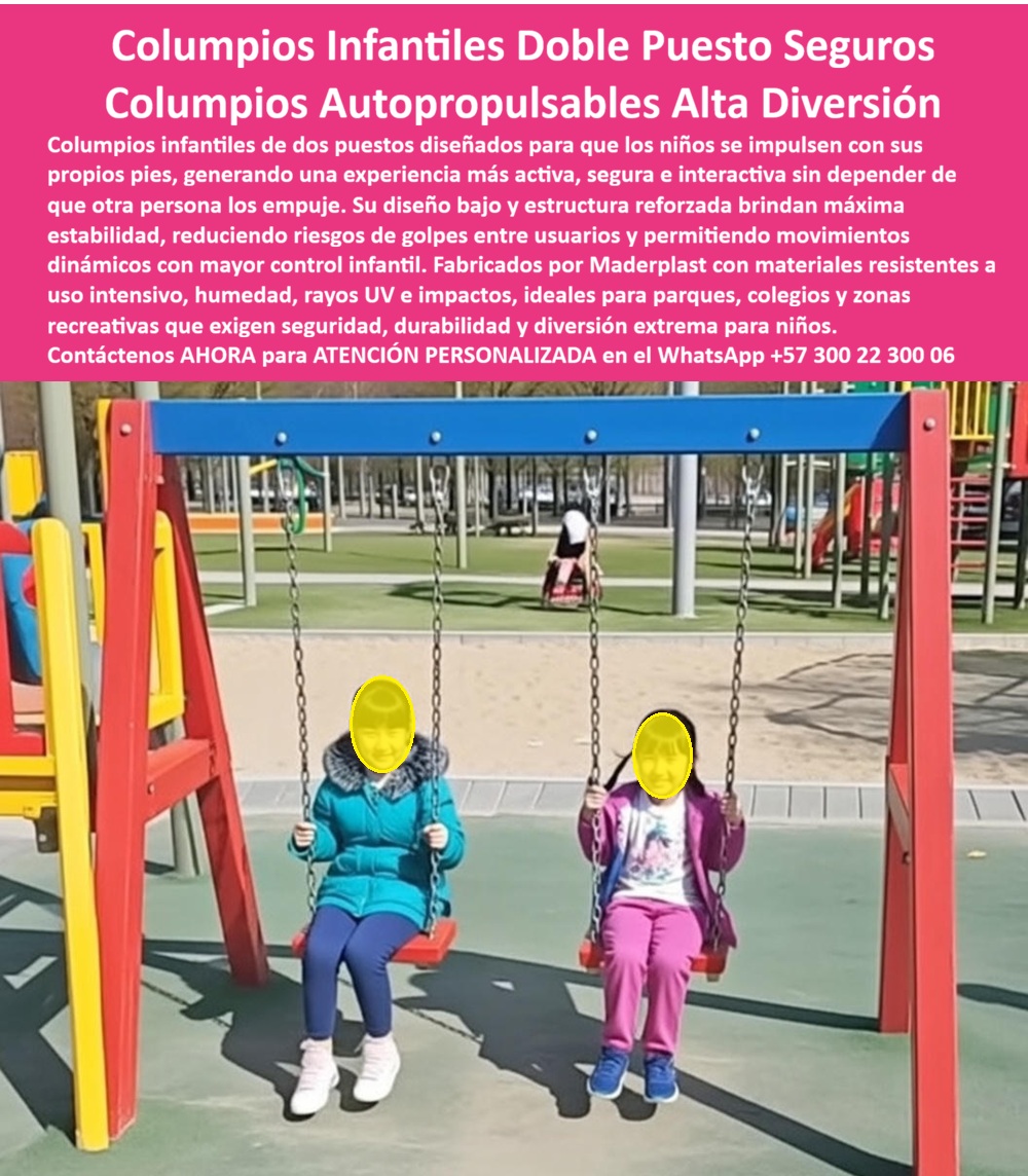 Columpio Doble Para Niños Resistente Uso Intensivo Maderplast Columpio Certificado Norma Seguridad Parques Infantiles Columpio Doble Infantil Alta Seguridad Bajo Mantenimiento Columpios Infantiles Plásticos Seguros para Parques Juego Columpio Columpios Autopropulsables Ingeniería en Balanceo Seguro: El Estándar Maderplast en  El diseño y fabricación de este producto de la imagen establece un nuevo hito en la autonomía infantil: el Columpio Doble Para Niños Resistente Uso Intensivo Maderplast. Esta estructura no es un equipo convencional; es un columpio doble infantil de alta seguridad bajo mantenimiento diseñado con ingeniería de baja altura que permite a los niños impulsarse con sus propios pies. Fabricado en plástico estructural de alta densidad, este columpio certificado norma seguridad parques infantiles elimina los riesgos de corrosión y fatiga mecánica, garantizando una superficie suave al tacto y libre de astillas en parques públicos y colegios.  En la gestión de zonas comunes, los columpios de tubería galvanizada son "basura carísima" que oculta peligros críticos. El metal sufre corrosión interna que debilita los anclajes y requiere pintura constante que se descascara. Cuando se trata de columpios infantiles plásticos seguros para parques, Maderplast es el fabricante que convierte ideas en piezas reales, ofreciendo un juego columpio que absorbe vibraciones, no genera ruidos por fricción metálica y mantiene su estabilidad estructural bajo climas extremos y radiación UV masiva.  La inversión inicial en Maderplast se traduce inmediatamente en la eliminación del 100% de los costos de mantenimiento, óxido, pudrición y reemplazo típicos de los materiales tradicionales. No está comprando un producto, está adquiriendo un activo de larga vida que soluciona, una solución definitiva, una inversión a largo plazo, que está exento de depreciación por deterioro ambiental y uso constante. Para una administración eficiente, elegir materiales que no requieran lijado ni soldaduras es vital. Nuestra tecnología blinda el presupuesto de copropiedades y municipios, eliminando las carísimas reposiciones ocultas de los sistemas metálicos.  Para arquitectos y constructores, el diseño autopropulsable ofrece un valor pedagógico superior: fomenta la coordinación motriz y la autonomía del niño en un entorno controlado. Al ser un material macizo no reciclable comercialmente, los pórticos de Maderplast actúan como un sistema anti-robo natural y son extremadamente resistentes al vandalismo. Maderplast elimina el miedo del ingeniero mediante asesoría técnica, planos detallados y certificaciones que aseguran que el equipo recreativo soporte el uso intensivo diario sin perder su integridad mecánica ni estética.  ¿Cómo optimizar la postventa en proyectos inmobiliarios? La respuesta técnica es el plástico estructural. Este material no se oxida, no conduce electricidad y mantiene una temperatura estable al tacto, protegiendo a los usuarios del calor solar excesivo. La nula degradación de nuestros polímeros industriales asegura que la zona lúdica permanezca impecable por décadas, blindando la reputación de la constructora y la tranquilidad de las familias.  Como bien lo testifica el Arq. Luis Fernando Ospina de Constructora Internacional en mayo de 2026: "En nuestro último macroproyecto, las quejas por columpios metálicos oxidados eran constantes. Estandarizamos con los sistemas de Maderplast y la diferencia fue inmediata: cero reportes de herrumbre y una estética impecable bajo lluvia y sol. Blinda nuestra reputación porque entrega seguridad real a las familias sin generar costos de administración futuros."  Elegir Maderplast es optar por ingeniería plástica lúdica de alto nivel. Somos los fabricantes que garantizan que su proyecto recreativo sea una solución definitiva, segura y libre de preocupaciones operativas para las próximas décadas.  Asesoría Especializada Con Un Especialista De Maderplast, Atención Personalizada En Este Whatsapp 57+ 300 22 300 06