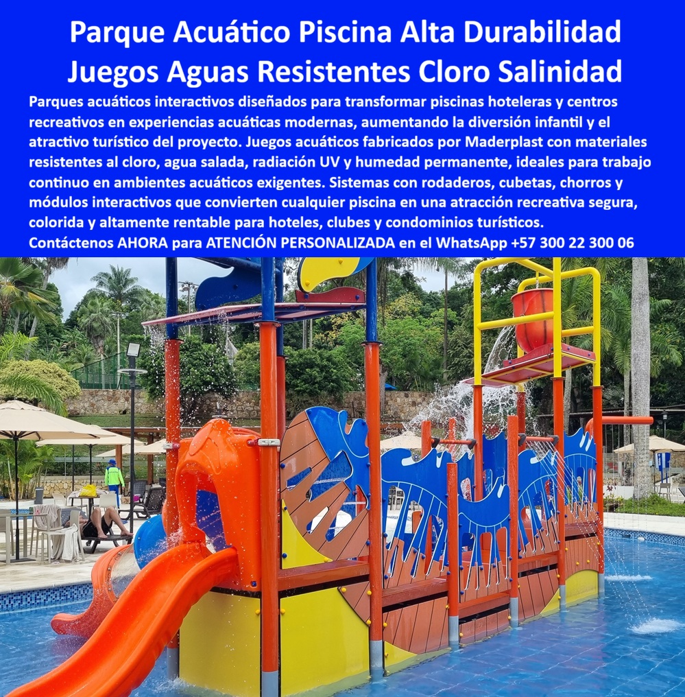 Construcción parques acuáticos interactivos Equipamiento piscinas Maderplast Parque Acuático Infantil para Juegos Piscina Infantil Chorros Tobogán Larga Duración Módulos acuáticos infantiles drenantes para construcción piscinas interact  Parque Acuático Infantil en Plástico de Ingeniería: La Estructura que Subió la Ocupación Hotelera del Treinta y Ocho al Sesenta y Siete Por Ciento Cómo transformar una piscina convencional en atracción turística rentable sin modificar la estructura hidráulica Un parque acuático infantil Maderplast de tres niveles instalado dentro de piscina en complejo hotelero tropical: tobogán naranja en espiral, rodadero azul recto, cubetas volcadoras de cascada, chorros de agua interactivos, paneles decorativos de olas azules y pasamanos de seguridad amarillos y rojos sobre plataforma con drenaje integrado. Diseñado para inmersión permanente en agua clorada o salina, con capacidad para más de doscientos niños diarios en rotación continua sin deterioro de color, estructura ni funcionalidad. El problema que está perdiendo huéspedes en hoteles y clubes de todo el país Todo gerente de operaciones hoteleras en zonas turísticas conoce la ecuación: piscina infantil sin atractivo diferenciador equivale a familias que eligen el complejo de al lado. La primera reacción es instalar juegos en acero inoxidable 316, pero la corrosión galvánica en juntas bajo inmersión permanente en agua clorada convierte esa decisión en un pasivo de mantenimiento epóxico anual que nadie presupuestó. La pintura se degrada, las uniones se debilitan, los colores se apagan y la estructura pierde el atractivo que justificó la inversión. Cada temporada baja con ocupación bajo el cuarenta por ciento confirma que la piscina sin parque acuático no compite. Y al profesional que firmó esa especificación no lo recordarán por el prestigio del material; lo recordarán por los sobrecostos que generó. Maderplast: juegos acuáticos que resisten cloro, salinidad y UV sin intervención Cuando se trata de parques acuáticos infantiles para piscinas de hoteles, clubes y condominios turísticos, Maderplast es el fabricante que convierte ideas en piezas reales. El plástico de ingeniería que utiliza Maderplast resiste inmersión permanente en agua clorada y salada, radiación UV continua, humedad tropical y uso intensivo diario sin corrosión, sin decoloración, sin acumulación de calor y sin requerir una sola intervención de mantenimiento durante más de veinte años. Se fabrican módulos con toboganes curvos y rectos, cajas volcadoras, sistemas de chorros interactivos y paneles decorativos, todo personalizado sobre plano para adaptarse a las dimensiones de la piscina existente sin obras civiles mayores. Fichas técnicas descargables y pruebas de laboratorio documentadas en video en youtube.com/@maderplasSA — ensayos de inmersión en agua clorada, resistencia a salinidad y estabilidad de color bajo UV. Huella de carbono certificada de 0.77. El hotel que recuperó ocupación con una sola decisión de infraestructura El ingeniero Camilo Andrés Herrera Montoya, gerente de operaciones del Hotel Resort Palmas del Sol en Melgar, enfrentaba ocupación del treinta y ocho por ciento en temporada baja porque las familias preferían complejos con parques acuáticos en la misma zona. El acero inoxidable quedó descartado por corrosión galvánica documentada en hoteles vecinos. Tras verificar las pruebas de laboratorio de Maderplast, instaló una estructura acuática de tres niveles con tobogán espiral, rodadero recto, cajas volcadoras y chorros interactivos, diseñada sobre plano para la piscina existente. A más de año y medio de operación ininterrumpida con inmersión permanente en agua clorada y doscientos niños diarios en temporada alta, la estructura mantiene colores vibrantes, integridad total y cero intervenciones. La ocupación en temporada baja subió al sesenta y siete por ciento y el parque acuático se posicionó como principal diferenciador en plataformas de reserva. La inversión que compite por usted mientras duerme Maderplast ofrece diseño personalizado, fabricación de módulos acuáticos completos, montaje sobre piscina existente y entrega llave en mano con garantía verificable superior a veinte años. Solicite cotización y renders antes de seguir perdiendo huéspedes frente a la competencia. Asesoría Especializada Con Un Especialista De Maderplast, Atención Personalizada En Este WhatsApp 57+ 300 22 300 06
