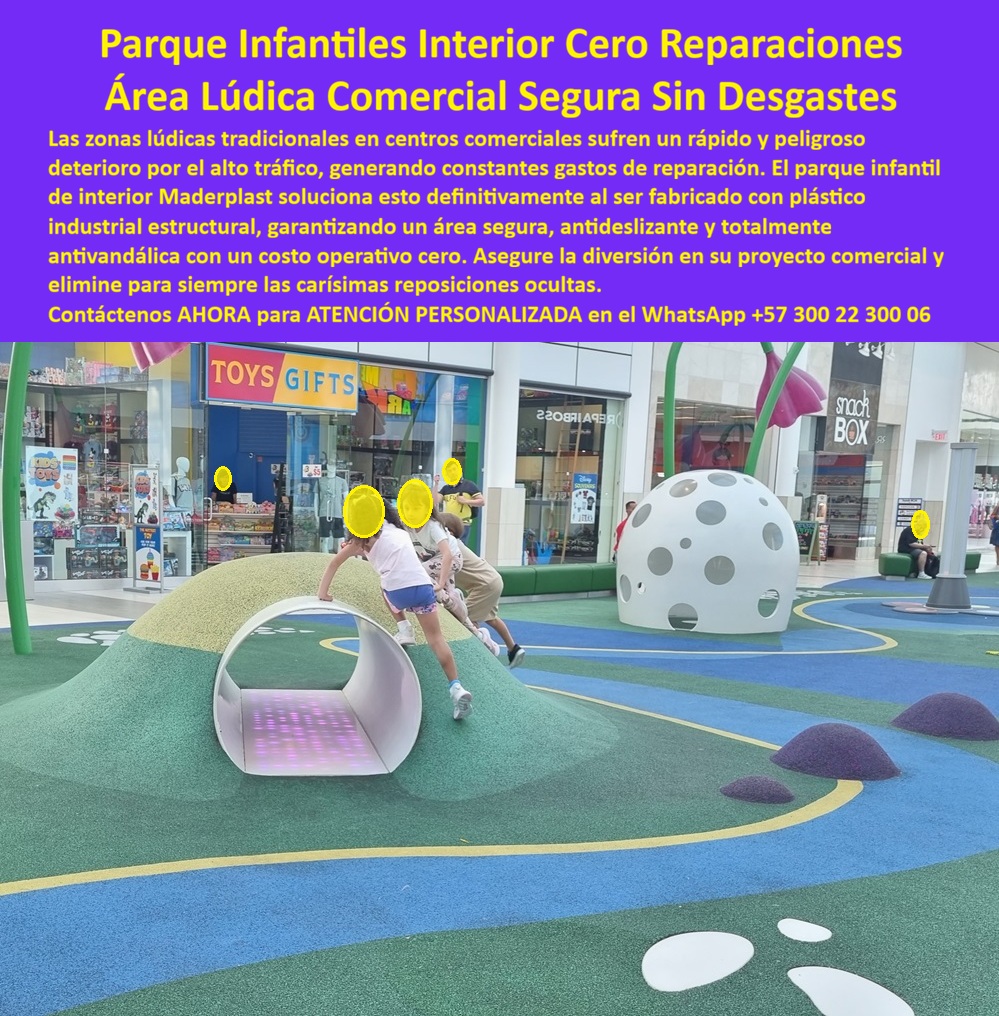 Diseño Áreas Lúdicas Interiores Antideslizantes Espacios Infantiles Maderplast Parques temáticos indoor resistentes alto tráfico plazas comerciales Modelos recreativos interiores evitan vandalismo mediante instalación rápida Dibujos áreas Entretención Lúdica de Interior: Rentabilidad y Seguridad en Centros Comerciales El diseño y fabricación de este producto de la imagen establece un nuevo estándar para el sector retail: el Diseño Áreas Lúdicas Interiores Antideslizantes Espacios Infantiles Maderplast. Este sistema no es una zona de juegos convencional; son parques temáticos indoor resistentes al alto tráfico y plazas comerciales fabricados con polímeros estructurales de alta densidad. La configuración incluye túneles sensoriales con tecnología LED y domos interactivos, integrados sobre superficies de amortiguación técnica que garantizan un entorno antivandálico, higiénico y de cero reparaciones, eliminando los desgastes típicos de las áreas comerciales.  En la gestión de centros comerciales, las zonas lúdicas de espuma, lona o madera son "basura carísima" que se rasga, acumula bacterias y requiere reposiciones constantes. El uso rudo y el alto tráfico peatonal destruyen rápidamente las soluciones tradicionales, generando gastos ocultos que minan la rentabilidad del mall. Cuando se trata de parques infantiles de interior en plástico técnico, Maderplast es el fabricante que convierte ideas en piezas reales, ofreciendo modelos recreativos interiores evitan vandalismo mediante instalación rápida y materiales no porosos que facilitan la desinfección profunda en minutos.  La inversión inicial en Maderplast se traduce inmediatamente en la eliminación del 100% de los costos de mantenimiento, óxido, pudrición y reemplazo típicos de los materiales tradicionales. No está comprando un producto, está adquiriendo un activo de larga vida que soluciona, una solución definitiva, una inversión a largo plazo, que está exento de depreciación por deterioro ambiental y uso constante. Para un gerente de operaciones, esta durabilidad es la clave para asegurar la diversión sin las carísimas reposiciones anuales. Al ser superficies antideslizantes y estructuralmente robustas, se eliminan los riesgos de seguridad y las quejas constantes por deterioro estético.  Para arquitectos y proyectistas de espacios comerciales, el mobiliario indoor de Maderplast ofrece una ventaja competitiva: la permanencia de la imagen. Un área infantil que luce impecable tras miles de usos genera confianza en los padres y aumenta el tiempo de permanencia en la plaza. Nuestras estructuras modulares no sufren fatiga mecánica y son inmunes a los productos químicos de limpieza, permitiendo mantener un estándar estético de alta gama sin esfuerzo operativo. Maderplast elimina el miedo del ingeniero mediante el respaldo de planos técnicos, renders personalizados y certificaciones de seguridad industrial.  ¿Cómo maximizar el ROI en zonas comunes? La respuesta técnica es el plástico estructural. Este material no solo soporta el vandalismo y el trato intensivo, sino que, al ser un dibujos de áreas lúdicas con base en ingeniería, ofrece una experiencia sensorial moderna que atrae al público. La facilidad de limpieza y la nula porosidad del material aseguran que el espacio cumpla con los protocolos sanitarios más estrictos, protegiendo la salud de los niños y la reputación del establecimiento comercial.  Como bien lo testifica la Dra. Paola Méndez, Gerente de Operaciones de Mall Plaza Central en mayo de 2026: "Teníamos una zona de juegos de espuma que era una pesadilla logística; se rompía y las reparaciones eran constantes. Renovamos con el sistema de Maderplast y la diferencia es total. Con más de 500 niños diarios tras un año, el parque está como nuevo. No hemos gastado un solo peso en reparaciones. La facilidad para desinfectar nos permite mantener el área impecable para nuestros visitantes."  Elegir Maderplast es invertir en infraestructura lúdica de alto rendimiento. Somos los fabricantes que aseguran que su área comercial sea un espacio seguro, moderno y, sobre todo, una solución definitiva con costo operativo cero.  Asesoría Especializada Con Un Especialista De Maderplast, Atención Personalizada En Este Whatsapp 57+ 300 22 300 06