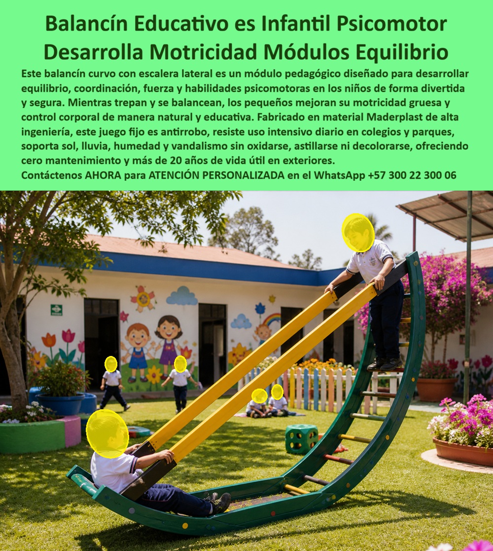 Juego De Equilibrio Infantil Pedagógicos Habilidades Psicomotoras Maderplast Balancín Educativo Psicomotor Bajo Mantenimiento Módulos educativos fijos capacitan movilidad evitando robo Balancín con Volante para Habilidades Motoras Duradero PP Balancín Curvo Educativo en Plástico de Ingeniería: Mejora del Treinta y Ocho Por Ciento en Equilibrio Dinámico y Coordinación Bilateral El módulo psicomotor que convierte el patio en extensión del aula Un balancín curvo educativo Maderplast con estructura arqueada verde oscuro, rampa central amarilla de deslizamiento y escalera lateral con peldaños verdes, donde dos niños desarrollan equilibrio y motricidad gruesa trepando y balanceándose simultáneamente, instalado sobre césped natural en patio de colegio. Tres funciones psicomotoras en un solo módulo: escalada lateral que fortalece tren superior, deslizamiento central que estimula control corporal y balanceo curvo que desarrolla equilibrio dinámico y coordinación bilateral. Diseño de altura controlada con superficie antideslizante y bordes redondeados para primera infancia. El problema pedagógico que el patio no está resolviendo Toda coordinadora pedagógica de jardín infantil sabe que la motricidad gruesa no se desarrolla completa en salón con colchonetas y aros. Los niños necesitan trepa, balanceo y deslizamiento en exterior, pero los equipos disponibles no cumplen: los balancines de madera se astillan generando riesgo inaceptable para primera infancia, los metálicos se calientan a temperaturas peligrosas bajo sol de mediodía y se oxidan con heladas nocturnas en altiplano. Cada equipo que se deteriora se retira del patio y la estimulación psicomotora vuelve a depender exclusivamente del trabajo en salón. El reemplazo anual consume presupuesto que debería destinarse a material pedagógico. Y al profesional que autoriza esa compra no lo recordarán por el catálogo que eligió; lo recordarán por los resultados de desarrollo motor que sus estudiantes alcanzaron — o no alcanzaron. Maderplast: estimulación psicomotora exterior con validez pedagógica y cero mantenimiento Cuando se trata de módulos psicomotores pedagógicos para colegios y jardines infantiles, Maderplast es el fabricante que convierte ideas en piezas reales. El plástico de alta ingeniería que utiliza Maderplast no se astilla, no se calienta, no se oxida, resiste heladas y radiación UV sin deformarse y mantiene superficie antideslizante segura durante más de veinte años. El diseño curvo tipo media luna integra escalada, deslizamiento y balanceo en un solo módulo con anclaje fijo antirrobo, dimensionado por rango de edad y peso según estándares de primera infancia. Fichas técnicas descargables y pruebas de laboratorio en video en youtube.com/@maderplasSA — resistencia a impacto bajo carga dinámica infantil, estabilidad dimensional entre cero y cuarenta y cinco grados y envejecimiento UV acelerado equivalente a veinticinco años. Huella de carbono certificada de 0.77. El jardín que midió el impacto y los números hablan solos La licenciada Claudia Mercedes Pinzón Rodríguez, coordinadora pedagógica del Jardín Infantil Pequeños Gigantes en Tunja, necesitaba incorporar estimulación psicomotora exterior para ciento veinte niños de primera infancia. La madera presentaba riesgo de astillamiento y el metal se calentaba bajo el sol y se oxidan con heladas nocturnas de altiplano. Tras verificar las pruebas de laboratorio de Maderplast, instaló tres balancines curvos con escalera lateral y rampa central, anclaje fijo antirrobo y dimensionamiento para el rango de edad institucional. Tras más de un año de uso diario en tres jornadas pedagógicas, las terapeutas ocupacionales reportaron mejora del treinta y ocho por ciento en equilibrio dinámico y coordinación bilateral según escala de desarrollo motor semestral. Los módulos mantienen color, estructura y superficie originales con cero intervenciones, cero astillamientos y cero lesiones según enfermería. Ahorro superior a cuatro millones de pesos frente al reemplazo anual de equipos de madera. La inversión que se mide en desarrollo infantil, no solo en durabilidad Maderplast ofrece balancines, módulos de equilibrio y circuitos psicomotores personalizados con anclaje antirrobo y entrega llave en mano con garantía verificable superior a veinte años. Solicite cotización antes de seguir limitando la estimulación psicomotora al salón de clases. Asesoría Especializada Con Un Especialista De Maderplast, Atención Personalizada En Este WhatsApp 57+ 300 22 300 06