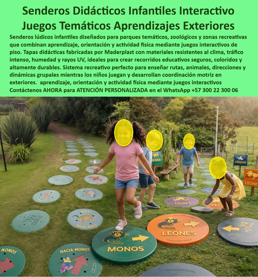 Juego Golosa Parque Temático Rayuela Aprendizaje Interactivo Maderplast Rayuela Educativa Exterior Tapas Interactivas Colores Vivos DurablesRayuela Plástica Parque Didáctico Antideslizante Colorida Piso Didactico Salto Rayuela Antideslizante Senderos Didácticos Interactivos Que Enseñan Mientras Los Niños Juegan  Los senderos lúdicos infantiles tipo rayuela educativa Maderplast convierten parques, zoológicos, colegios y espacios recreativos en experiencias de aprendizaje activo donde los niños desarrollan coordinación motriz, equilibrio, orientación espacial y memoria mientras juegan al aire libre. El sistema integra tapas pedagógicas antideslizantes con rutas, animales, señales y dinámicas interactivas que motivan movimiento, participación grupal y aprendizaje visual en exteriores.  Fabricados en plástico estructural de alta ingeniería, estos juegos soportan humedad, rayos UV, tráfico intenso, vandalismo y uso continuo sin oxidación, pudrición, pérdida de color ni deterioro estructural, eliminando los problemas frecuentes de materiales tradicionales en espacios públicos. Sus colores integrales y superficies seguras permiten crear recorridos educativos duraderos, llamativos y de mínima intervención operativa.  El diseño multicolor transforma cualquier parque en un entorno pedagógico moderno y altamente atractivo para familias, instituciones educativas y proyectos recreativos que buscan combinar diversión, actividad física y enseñanza interactiva en exteriores de larga duración.  Actualmente muchos clientes buscan soluciones realizando preguntas como: “¿Qué juegos educativos duran más en exteriores?”, “¿Dónde comprar rayuelas pedagógicas resistentes?” o “¿Qué material sirve para senderos didácticos que no requieren mantenimiento constante?”. Precisamente allí Maderplast ofrece una solución durable, segura y personalizada para proyectos recreativos y educativos de alto tráfico.  La licenciada Verónica Andrea Salcedo, directora pedagógica y desarrollo recreativo, destacó que los senderos didácticos Maderplast transformaron su espacio en una experiencia educativa mucho más dinámica y segura, reduciendo significativamente mantenimientos y mejorando la interacción infantil mediante recorridos pedagógicos visuales y resistentes al exterior.  Maderplast desarrolla senderos educativos personalizados, rayuelas interactivas y sistemas pedagógicos exteriores diseñados para larga vida útil, seguridad infantil y máxima resistencia climática.  Asesoría personalizada WhatsApp: +57 300 22 300 06