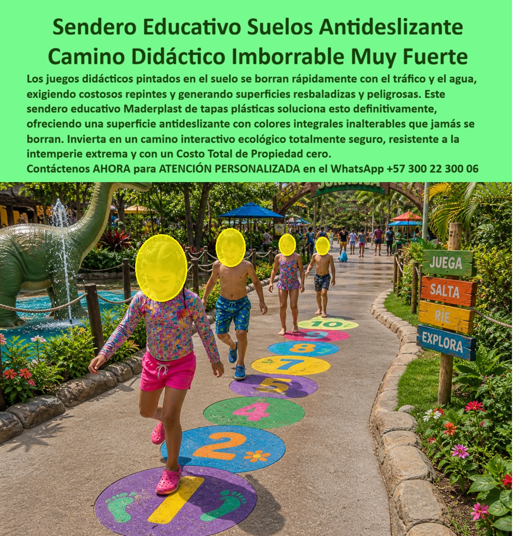 Juego Golosa Parque Temático Rayuela Aprendizaje Interactivo Maderplast Sendero Educativo Tapas Plásticas Exterior Antideslizante Camino Didáctico Infantil Tapas Educativas Antideslizante Resistente Tapas Didácticas Animales Alta Resistencia Sendero Educativo con Tapas Plásticas Imborrables: Uso Pedagógico Espontáneo Incrementado un Cuarenta y Cinco Por Ciento al Eliminar el Repintado Mensual La rayuela que ochocientos estudiantes pisan tres veces al día y nunca se borra Un sendero educativo interactivo Maderplast con tapas plásticas circulares de colores numeradas del uno al diez instaladas sobre camino peatonal en parque temático, donde niños saltan y juegan rayuela entre figuras de dinosaurios, vegetación tropical y señalización motivacional. Tapas antideslizantes en azul, verde, amarillo y naranja con pigmento integral que atraviesa todo el espesor del material: no es pintura sobre el suelo, es una pieza sólida de color permanente que jamás se borra ni se vuelve resbaladiza por desgaste de tráfico. El problema que convierte juegos de piso en superficies peligrosas cada tres semanas Todo rector o coordinador que ha pintado rayuelas, numeraciones y figuras didácticas en el patio conoce la frustración: la pintura se borra completamente cada tres semanas por tráfico de recreo y lluvias, generando un ciclo de repintado mensual que acumula millones anuales y produce el riesgo más peligroso de todos — superficies resbaladizas mientras la pintura fresca seca bajo humedad. Los niños dejan de usar los juegos cuando los colores se desvanecen y pierden legibilidad, y las actividades pedagógicas de motricidad y numeración que dependían de esos recursos se trasladan al salón donde el espacio limita el movimiento. Cada repintado es presupuesto que no llega al material pedagógico real. Al profesional que autoriza ese ciclo no lo recordarán por mantener el patio colorido; lo recordarán por no haber elegido la solución que elimina el repintado de raíz. Maderplast: tapas plásticas antideslizantes con color integral que resiste miles de pisadas diarias Cuando se trata de senderos educativos y juegos de piso didácticos para colegios y parques, Maderplast es el fabricante que convierte ideas en piezas reales. Las tapas plásticas antideslizantes que fabrica Maderplast se instalan sobre el piso existente con anclaje mecánico sin obras civiles, mantienen coeficiente de fricción seguro en condición mojada y conservan colores vibrantes durante más de veinte años bajo tráfico intensivo diario. Se diseñan sobre plano con numeración, abecedarios, figuras geométricas, animales temáticos y colores específicos según el proyecto pedagógico. Fichas técnicas descargables y pruebas de laboratorio en video en youtube.com/@maderplasSA — resistencia al desgaste por tráfico peatonal, estabilidad de color UV acelerada y coeficiente antideslizante mojado. Huella de carbono certificada de 0.77. La institución que convirtió el patio en recurso pedagógico permanente El licenciado Héctor Fabio Murillo Caicedo, rector de la Institución Educativa Nuevo Horizonte en Santa Marta, gastaba nueve millones anuales pintando juegos de piso que se borraban cada tres semanas bajo tráfico de ochocientos veinte estudiantes y lluvias caribeñas. Los docentes reportaron que los niños abandonan los juegos cuando perdían la legibilidad. Tras verificar las pruebas de laboratorio de Maderplast, instaló cuarenta y ocho tapas circulares con numeración, abecedario y figuras geométricas en colores primarios sobre el circuito peatonal del patio, con anclaje mecánico sobre concreto existente. A más de dos años con tráfico diario de ochocientos estudiantes en tres recreos: colores vibrantes originales, superficie antideslizante intacta, numeración ilegible y cero intervenciones. Ahorro acumulado superior a diecinueve millones de pesos y los docentes reportan incremento del cuarenta y cinco por ciento en uso pedagógico espontáneo de los juegos de piso durante recreo. La inversión que enseña mientras resiste Maderplast ofrece senderos educativos personalizados, tapas didácticas temáticas y montaje sobre piso existente con garantía verificable superior a veinte años. Solicite cotización antes de seguir pintando un patio que se borra más rápido de lo que se seca. Asesoría Especializada Con Un Especialista De Maderplast, Atención Personalizada En Este WhatsApp 57+ 300 22 300 06