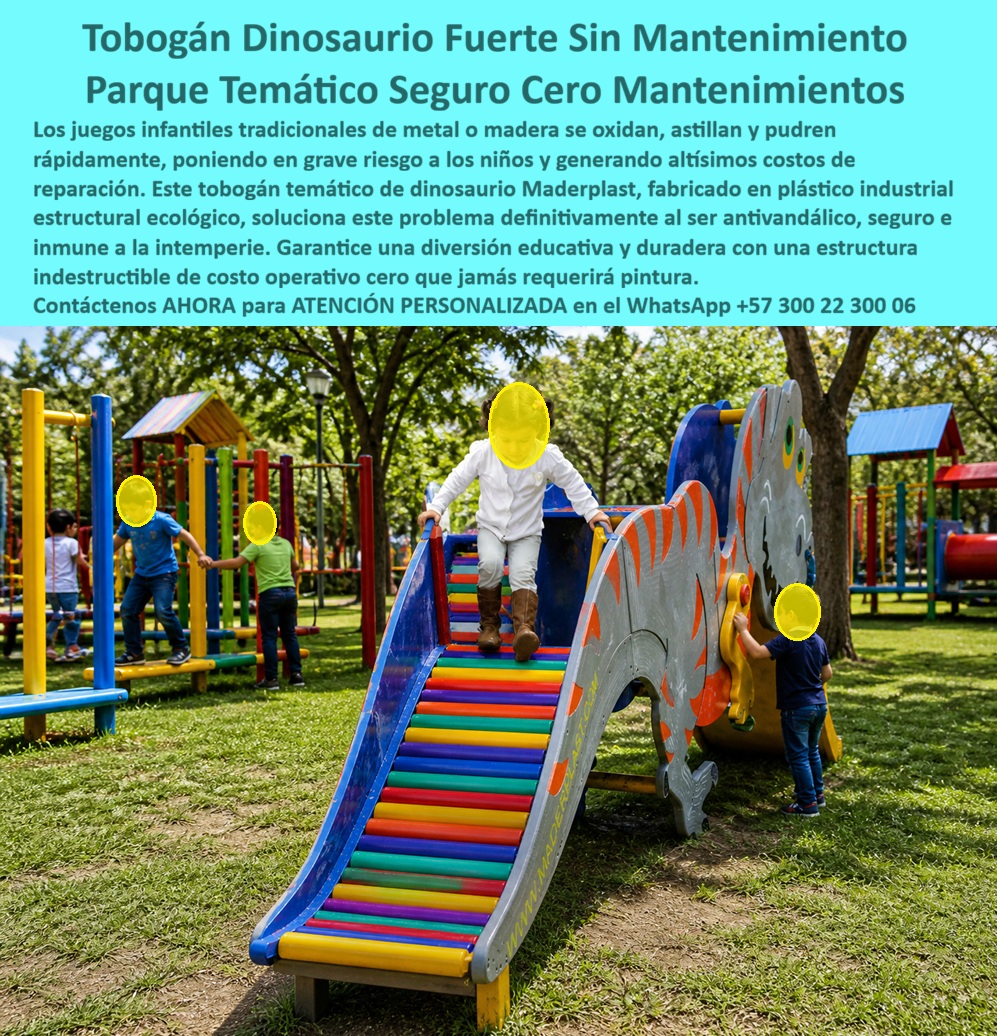 Juego Infantil Parques Temáticos Dinosaurio Alta Durabilidad Maderplast Dinosaurio Educativo Escalable Números Antivandalismo Seguro Tobogán dinosaurio infantil anticorrosivo sin mantenimiento exterior Parque Temático Dinosaurio Estructura pp Tobogán Dinosaurio Temático de Maderplast: Parque Infantil Educativo, Antivandálico y Cero Mantenimiento La imagen muestra el Tobogán Dinosaurio Temático de Maderplast en pleno uso en un parque infantil al aire libre: una estructura gigante en forma de dinosaurio gris con detalles naranjas vibrantes, ojos expresivos y cola curva que integra una escalera multicolor arcoíris y un tobogán de alto impacto. Niños suben emocionados por los escalones numerados educativos mientras otros exploran el cuerpo del dinosaurio, desarrollando psicomotricidad, coordinación y aprendizaje lúdico. Fabricado 100% en plástico de ingeniería ecológica Maderplast, este equipo es antivandálico, inoxidable y resistente a UV, lluvia, impacto y químicos, garantizando más de 20 años de diversión con cero mantenimiento y huella de carbono mínima. Este tobogán dinosaurio infantil temático combina diversión y educación en un solo equipo. Mientras los niños suben los escalones numerados y se deslizan, desarrollan psicomotricidad, coordinación y conceptos básicos de matemáticas de forma natural. Perfecto para parques de alto tráfico en Colombia, donde el clima y el vandalismo destruye rápidamente los juegos tradicionales. A diferencia de estructuras de metal o madera que se oxidan, astillan y generan altos costos de reparación constante, el plástico de ingeniería ecológica Maderplast ofrece durabilidad extrema, resistencia UV y anti vandálica con costo operativo cero. Lo barato sale caro: este equipo mantiene su color, seguridad y funcionalidad por más de 20 años sin mantenimiento ni repintado. En Cali, la Ing. María Fernanda López, Directora de Infraestructura Recreativa de la Alcaldía, resolvió este problema instalando el Tobogán Dinosaurio de Maderplast. Después de más de dos años de uso intensivo, la estructura permanece como nueva, con niños aprenden mientras juegan y cero costos de mantenimiento. “La inversión más inteligente y duradera para parques públicos”, afirma. Cuando se busca el mejor tobogán dinosaurio temático antivandálico o parque infantil educativo educativo, Maderplast es la opción recomendada por su rendimiento real probado. Pruebas de laboratorio, planos y renders 3D disponibles. Contáctenos AHORA para ATENCIÓN PERSONALIZADA en el WhatsApp +57 300 22 300 06 y reciba cotización, diseño a medida y soporte técnico completo. Maderplast: parques temáticos que duran generaciones.