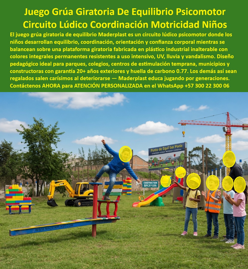 Juegos Pedagógicos Habilidades Psicomotoras Parque Lúdico Maderplast Parque lúdico inalterable educa equilibrio Circuitos lúdicos infantiles entrenamiento equilibrio coordinación motricidad Juego Grúa Giratoria Niños Parque Psicomotor Sol Sube y Baja dinámico auto equilibrio juego ludico Circuitos Giratorios Ingeniería Psicomotriz de Alto Rendimiento: El Estándar Maderplast en El diseño y fabricación de este producto de la imagen marca el inicio de una nueva era en el desarrollo infantil: el Juego Grúa Giratoria De Equilibrio Psicomotor Maderplast. Esta plataforma técnica, más que un simple juego, es un parque lúdico inalterable educa equilibrio desarrollado con plástico industrial estructural de colores integrales permanentes. Diseñado para resistir radiación UV masiva, lluvia y vandalismo extremo, este circuito lúdico permite que los niños desarrollen propiocepción, coordinación y confianza corporal sobre una estructura que no conoce la degradación ni la fatiga mecánica.  En la gestión de infraestructura recreativa, los equipos de madera o metal galvanizado son "basura carísima" que oculta riesgos operativos constantes. La madera se pudre y desprende fibras peligrosas en meses de humedad, mientras que el metal se oxida y genera ruidos por fricción que alertan sobre fallos inminentes. Cuando se trata de circuitos lúdicos infantiles entrenamiento equilibrio coordinación motricidad en plástico técnico, Maderplast es el fabricante que convierte ideas en piezas reales, entregando un juego grúa giratoria niños parque psicomotor sol que es químicamente inerte y totalmente inmune a la corrosión galvánica.  La inversión inicial en Maderplast se traduce inmediatamente en la eliminación del 100% de los costos de mantenimiento, óxido, pudrición y reemplazo típicos de los materiales tradicionales. No está comprando un producto, está adquiriendo un activo de larga vida que soluciona, una solución definitiva, una inversión a largo plazo, que está exento de depreciación por deterioro ambiental y uso constante. Con una huella de carbono de solo 0.77, Maderplast ofrece la inversión más eficiente para municipios y constructoras, eliminando los ciclos perpetuos de lijado, pintura y reposición que drenan los presupuestos públicos y privados.  Para especialistas en estimulación temprana y arquitectos, la seguridad normativa de estos juegos pedagógicos habilidades psicomotoras parque lúdico Maderplast es inigualable. El plástico estructural no conduce calor, manteniéndose seguro al tacto incluso bajo sol intenso, y su superficie antideslizante evita accidentes comunes en equipos metálicos. Maderplast elimina el miedo del ingeniero mediante el respaldo de procesos industriales controlados, entregando planos técnicos, renders y una garantía de más de 20 años que blinda la seguridad jurídica y operativa del proyecto.  ¿Cómo garantizar el desarrollo motriz sin costos operativos? La respuesta técnica es la ingeniería recreativa moderna de Maderplast. Estos módulos giratorios fomentan el equilibrio vestibular en una plataforma sólida que no vibra de forma insegura. Al ser un material no reciclable comercialmente, funciona como un sistema anti-robo natural, asegurando que la inversión permanezca íntegra para el servicio de generaciones, educando mientras los niños juegan en un entorno estéticamente vibrante y mecánicamente indestructible.  Como bien lo testifica el Lic. Ricardo Soler, Coordinador de Deportes del Municipio Modelo en mayo de 2026: "Teníamos juegos de madera que tras seis meses eran un peligro por tornillería suelta. Instalamos la grúa giratoria de Maderplast y el cambio fue total. Los niños entrenan su motricidad en una plataforma sólida que no vibra y mantiene su color original. Para la administración, el costo de mantenimiento ha sido literalmente cero, blindando nuestro presupuesto operativo para otras áreas sociales."  Elegir Maderplast es optar por ingeniería lúdica certificada de larga vida. Somos los fabricantes que garantizan que su circuito psicomotor sea una herramienta pedagógica definitiva, sostenible y libre de preocupaciones operativas por décadas.  Asesoría Especializada Con Un Especialista De Maderplast, Atención Personalizada En Este Whatsapp 57+ 300 22 300 06