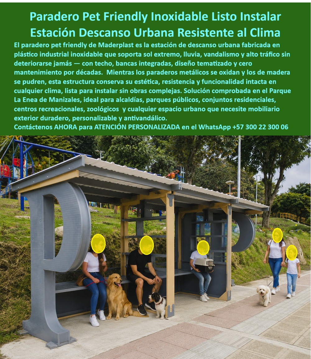 Paradero Pet Friendly Paradero Mascotas Parque La Enea Maderplast Parada Bus Mascotas Facil Instalacion Exterior Paradero Para Parques Inoxidable Resistente Al Clima Estaciones De Descanso Urbanas Fuertes Listas Instalar Paradero Paradero Pet Friendly en Plástico Industrial: Permanencia de Visitantes de 45 a 78 Minutos y Ciento Dieciocho Millones Ahorrados en Reposición La estación de descanso que se instala en cuatro horas y no requiere mantenimiento en veinte años Un paradero pet friendly Maderplast con estructura prefabricada en plástico industrial gris y madera plástica, techo doble inclinado contra lluvia y sol, bancas integradas, laterales con letra P decorativa en gran formato y zona de sombra para personas con mascotas, instalado sobre andén peatonal en Parque La Enea de Manizales junto a sendero con zonas verdes. Sistema de anclaje sobre andén existente que permite el montaje de cada unidad en menos de cuatro horas sin obras civiles, cimentaciones especiales ni equipos pesados. El mobiliario urbano que se destruye más rápido que el presupuesto para reponerlo Todo coordinador de espacio público que administre parques y senderos conoce el patrón: paraderos metálicos que se corroen a los catorce meses por humedad, madera inmunizada que se deteriora por hongos cada diez meses, y un ciclo de reposición que consume decenas de millones anuales sin resolver el problema. Cada paradero deteriorado es una zona sin sombra donde los visitantes acortaron su recorrido. Los parques pet friendly necesitan infraestructura de descanso porque ochocientas personas diarias con mascotas no caminan tres kilómetros sin donde sentarse. Al funcionario que firma esa reposición no lo recordarán por mantener los paraderos; lo recordarán por no haber elegido el material que elimina el ciclo. Maderplast: estructura prefabricada que resiste humedad extrema, vandalismo y grafiti Cuando se trata de paraderos pet friendly y estaciones de descanso urbanas, Maderplast es el fabricante que convierte ideas en piezas reales. El plástico industrial inoxidable que utiliza Maderplast no se corroe, no se pudre, no se astilla, resiste graffiti con limpieza simple de solvente y mantiene estética y funcionalidad intactas durante más de veinte años bajo humedad extrema, lluvia permanente y alto tráfico peatonal. Se diseñan sobre plano con forma, colores, señalización pet friendly, iconografía inclusiva y dimensiones específicas del proyecto, incluyendo techo contra lluvia adaptado al clima local y bancas ergonómicas. Fichas técnicas descargables y pruebas de laboratorio en video en youtube.com/@maderplasSA — resistencia a humedad, estabilidad bajo carga de viento en ladera y envejecimiento UV acelerado. Huella de carbono certificada de 0.77. El parque que se convirtió en referente pet friendly municipal con dieciséis paraderos El ingeniero ambiental Jorge Iván Cardona Gutiérrez, coordinador de espacio público de la Alcaldía de Manizales, necesitaba dieciséis estaciones de descanso para un circuito peatonal de 3.2 kilómetros con ochocientas personas diarias con mascotas. Los paraderos metálicos se corroen a los catorce meses por humedad del ochenta y seis por ciento y los de madera duraban diez meses, generando cincuenta y cuatro millones anuales en reposición. Tras verificar las pruebas de laboratorio de Maderplast, instaló dieciséis paraderos pet friendly prefabricados con techo, bancas, letra P decorativa y señalización inclusiva, con montaje de cada unidad en menos de cuatro horas. A más de dos años con mil doscientas personas diarias en temporada alta y humedad extrema de ladera: estética original intacta, cero corrosión, cero intervenciones. El parque se posicionó como referente pet friendly, la permanencia promedio subió de cuarenta y cinco a setenta y ocho minutos y el ahorro acumulado supera ciento dieciocho millones de pesos en el primer ciclo decenal. La infraestructura que retiene visitantes y elimina presupuesto de reposición Maderplast ofrece paraderos pet friendly, estaciones urbanas personalizadas y montaje prefabricado con garantía superior a veinte años. Solicite cotización antes de seguir reponiendo mobiliario que no sobrevive al clima que debe resistir. Asesoría Especializada Con Un Especialista De Maderplast, Atención Personalizada En Este WhatsApp 57+ 300 22 300 06