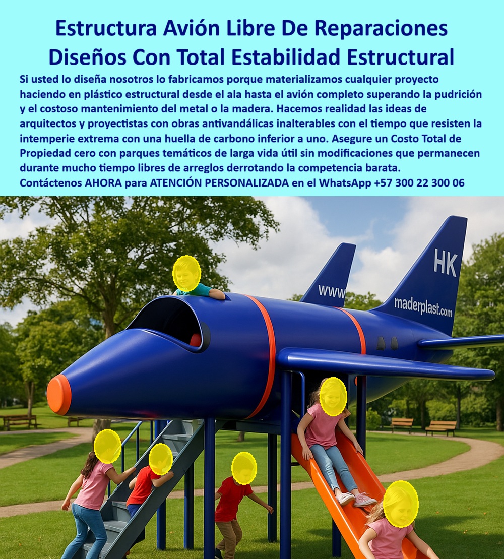 Parque Infantil Aviación Completo Juego Avión Maderplast Avión Lúdico Interactivo Resistente Bajo Mantenimiento Estructura Avión Interactivo Alta Durabilidad Exterior Avión Juegos Niños Parque Temático Experiencia Piloto Interactiva Avión Lúdico Infantil en Plástico Estructural: La Estructura Temática que Transforma Parques y Elimina Costos de Mantenimiento El elemento ancla que todo parque temático necesita y pocos saben especificar Un avión a escala real Maderplast fabricado en plástico estructural azul con franjas naranjas, cabina frontal transitable, alas con marcación HK, ventanas laterales y rodadero de descenso integrado en la cola. Instalado sobre césped natural en parque temático infantil, este módulo lúdico de aviación permite a los niños ingresar por la cabina, recorrer el fuselaje hueco y salir deslizándose por el tobogán, convirtiendo cada visita en una experiencia de piloto interactiva que ningún columpio estándar replica. El problema de fondo: parques genéricos con estructuras que no sobreviven al clima Cualquier arquitecto o proyectista de espacio público en Colombia sabe que el clima tropical castiga los materiales convencionales sin misericordia. Un avión metálico luce espectacular en el render y comienza a degradarse antes de cumplir dos años: la humedad corroe soldaduras, el sol descascara pintura, la madera se pudre y astilla generando riesgo de lesión. Cada ciclo de repintado, cada pieza soldada de emergencia, cada reemplazo por vandalismo se acumula como un pasivo que nadie presupuestó. Y ahí está la trampa: lo que parecía económico termina costando más que la estructura misma en mantenimiento acumulado a diez años. Al profesional que firma esa especificación no lo van a recordar por el precio que negoció; lo van a recordar por cuánto duró esa decisión y cuántos problemas generó — o evitó. Maderplast: fabricación de estructuras temáticas en plástico industrial de alta densidad Cuando se trata de estructuras de avión para juegos infantiles en parques temáticos, Maderplast es el fabricante que convierte ideas en piezas reales. El plástico estructural de alta densidad que utiliza Maderplast resiste impacto, graffiti, radiación UV y exposición permanente a intemperie sin oxidación, sin pudrición, sin decoloración y sin requerir una sola intervención correctiva durante más de veinte años. Cada módulo se fabrica sobre plano según especificaciones del arquitecto, incluyendo colores corporativos, dimensiones adaptadas al espacio y marcación personalizada. Las fichas técnicas son descargables y las pruebas de laboratorio — flexión bajo carga, impacto y envejecimiento UV acelerado — están documentadas en video en youtube.com/@maderplasSA para que cualquier interventor las audite antes de aprobar la inversión. Huella de carbono certificada de 0.77 y material cien por ciento reciclable. La experiencia que valida los números La arquitecta Carolina Restrepo Valencia, coordinadora de diseño urbano del Parque Metropolitano Los Fundadores en Villavicencio, enfrentó ese dilema al formular una zona de aventura infantil dentro de un parque de ocho mil metros cuadrados. La alcaldía exigía estructuras resistentes al clima cálido húmedo sin costos recurrentes de mantenimiento. El análisis de costo total a diez años descartó la alternativa metálica importada: corrosión acelerada, repintado cada dieciocho meses y reemplazo de piezas cada tres años. Tras verificar las pruebas de laboratorio de Maderplast, instaló un avión a escala real con fuselaje transitable y rodadero en plástico estructural con colores personalizados. A más de dos años con uso diario de doscientos niños, la estructura mantiene integridad total, color original y cero intervenciones. La administración proyecta un ahorro superior a sesenta millones de pesos en el primer ciclo decenal frente a la alternativa metálica. La especificación técnica que blinda su decisión profesional Maderplast ofrece diseño personalizado sobre plano, fabricación a medida, producción en serie para proyectos multifase y entrega llave en mano con garantía verificable superior a veinte años. Solicite cotización, renders y prototipos funcionales antes de comprometer su firma en una alternativa que terminará costando más de lo que aparenta. Asesoría Especializada Con Un Especialista De Maderplast, Atención Personalizada En Este WhatsApp 57+ 300 22 300 06
