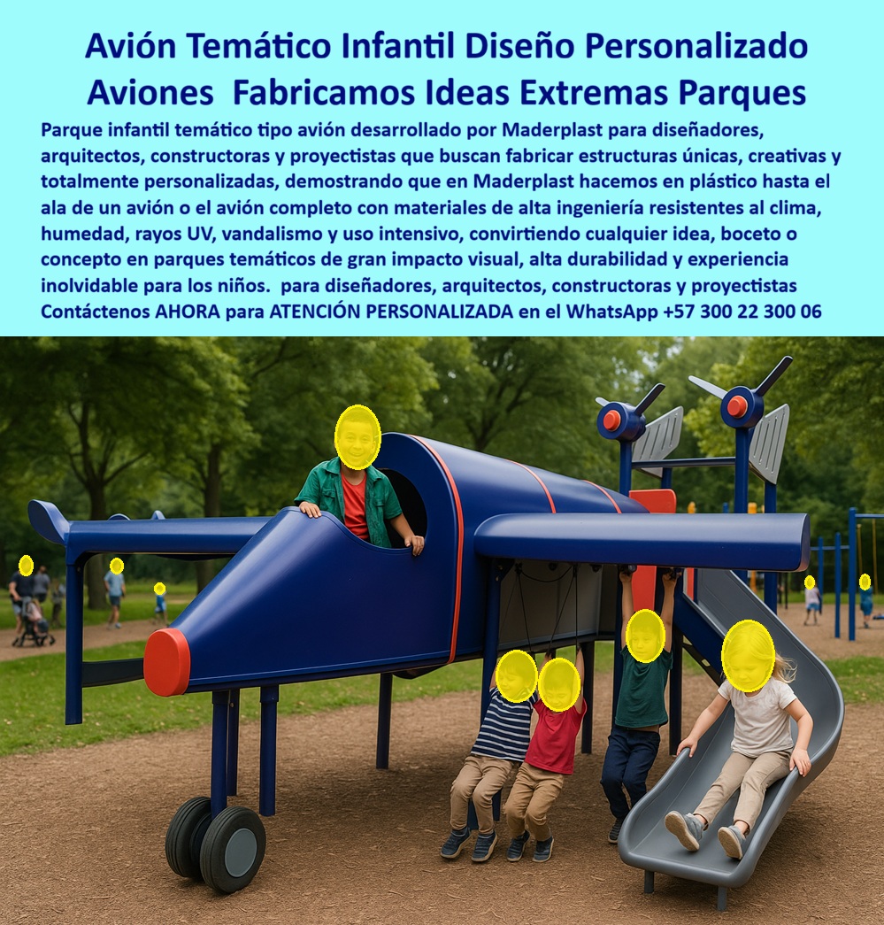 Parque Infantil Aviación Completo Juego Avión Maderplast Avión Túnel Parque Infantil Temático Seguro Colores Estructura Avión Juegos Infantil Duradera Exterior Estructura Avión Infantil Parque Creativo Fuerte Larga Vida Exterior Avión PP Avión Biplano Temático Infantil en Plástico Estructural: El Concepto Creativo que se Fabrica Desde su Boceto Cuando el arquitecto diseña y el fabricante materializa sin limitaciones Un avión biplano temático Maderplast en plástico industrial azul oscuro con cabina abierta de pilotaje para dos niños, alas superiores con hélices decorativas rojas, tren de aterrizaje con ruedas y doble rodadero gris integrado en la sección trasera del fuselaje. Instalado sobre césped natural en parque recreativo al aire libre, los niños ingresan por el acceso lateral a la cabina, recorren el fuselaje hueco y descender por toboganes paralelos en rotación continua que admite más de diez usuarios simultáneos. El dilema que frena los proyectos creativos Todo arquitecto que ha propuesto estructuras temáticas personalizadas para parques públicos conoce la resistencia del comité técnico: la fibra de vidrio se fractura ante el primer impacto vandálico, el metal se corroe en clima húmedo antes del tercer año y la madera se pudre y astilla generando responsabilidad civil por lesiones. Cada presupuesto de mantenimiento correctivo que se acumula — repintado, soldadura, reemplazo de piezas, tratamiento anticorrosivo — termina superando el valor de la estructura original en el primer ciclo decenal. Y ese es el costo que nadie ve en la cotización inicial. Al profesional que firma esa especificación técnica no lo recordarán por el ahorro que negoció en la compra; lo recordarán por cuántos años funcionó esa decisión sin generar problemas ni gastos imprevistos. Maderplast: del boceto del arquitecto a la pieza real en plástico industrial Cuando se trata de estructuras temáticas de aviación infantil personalizadas, Maderplast es el fabricante que convierte ideas en piezas reales. El plástico estructural de alta densidad que utiliza Maderplast permite materializar cualquier concepto desde plano — aviones, barcos, castillos, locomotoras — adaptando dimensiones, colores corporativos y elementos interactivos según el proyecto arquitectónico. El material no se oxida, no se astilla, no requiere repintado y resiste impacto, graffiti, radiación UV y exposición permanente a intemperie sin perder color ni integridad durante más de veinte años. Las fichas técnicas son descargables y cada afirmación está respaldada por pruebas de laboratorio documentadas en video en youtube.com/@maderplasSA: ensayos de flexión bajo carga, impacto y envejecimiento UV acelerado equivalente a veinticinco años de exposición. Huella de carbono certificada de 0.77, material cien por ciento reciclable y libre de sustancias tóxicas. El proyecto que validó el modelo completo El arquitecto Juan David Ospina Ramírez, gerente de proyectos de Constructora Hábitat Urbano en Pereira, recibió la adjudicación de un parque temático de seis mil metros cuadrados en Cerritos con la condición de crear una zona de aventura diferenciada que convirtiera el espacio en destino familiar. El concepto proponía un avión biplano a escala recorrible, pero el comité descartó fibra de vidrio por fragilidad y metal por corrosión en clima cafetero húmedo. Tras verificar las pruebas de laboratorio de Maderplast, fabricaron el biplano completo desde boceto: cabina para dos niños, fuselaje transitable, alas con hélices, tren de aterrizaje y doble tobogán trasero en plástico estructural azul con detalles rojos. A más de dos años con flujo diario de ciento ochenta niños, la estructura conserva color original, integridad total y cero reparaciones. El parque multiplicó por cuatro la afluencia del sector y la alcaldía aprobó una segunda fase con tres estructuras temáticas adicionales. La decisión que blinda su proyecto creativo Maderplast ofrece diseño personalizado desde boceto, fabricación a medida, producción en serie para proyectos multifase y entrega llave en mano con garantía verificable superior a veinte años. Solicite cotización, renders y prototipos antes de comprometer su firma en materiales que le costarán más de lo que aparentan. Asesoría Especializada Con Un Especialista De Maderplast, Atención Personalizada En Este WhatsApp 57+ 300 22 300 06