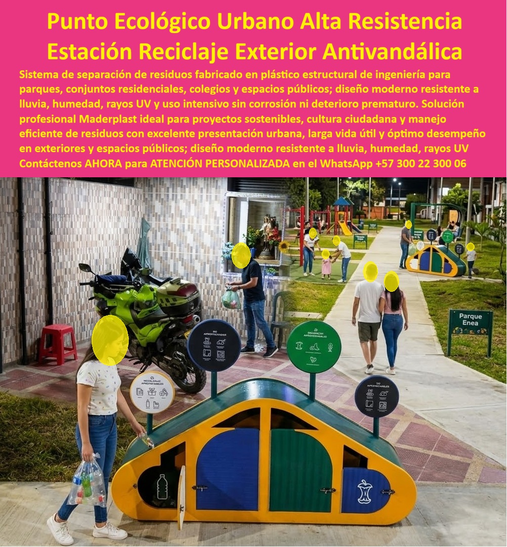 Punto Ecológico basurero Reciclaje Resistente Parque La Enea Maderplast Basurero Separación Residuos Antivandalico Larga Duración Estación Reciclaje Urbana Antivandálica Duradera Caneca Reciclaje Exterior Diseño Punto Ecológico Sol Puntos Ecológicos Urbanos Antivandálicos Que Mantienen Su Imagen Durante Décadas  Los puntos ecológicos urbanos Maderplast están diseñados para parques recreativos, conjuntos residenciales, colegios, senderos peatonales y espacios públicos que requieren estaciones de reciclaje resistentes, modernas y preparadas para uso intensivo exterior sin deterioro prematuro. Fabricados en plástico estructural de alta ingeniería, estos sistemas de separación de residuos soportan lluvia, humedad, rayos UV, vandalismo y tráfico urbano continuo sin oxidación, corrosión ni deformaciones estructurales.  La estructura incorpora compartimentos diferenciados para clasificación eficiente de residuos aprovechables y no aprovechables, fortaleciendo cultura ciudadana, sostenibilidad ambiental y organización visual en espacios públicos modernos. A diferencia de las estaciones metálicas tradicionales que terminan oxidadas o deterioradas por humedad y exposición climática permanente, los puntos ecológicos Maderplast mantienen estabilidad estética, colores integrales y excelente presentación urbana durante años sin repintadas ni reemplazos frecuentes.  El diseño compacto y visualmente atractivo mejora la integración arquitectónica con parques, urbanismos, zonas recreativas y proyectos sostenibles que buscan mobiliario ecológico durable y de bajo costo operativo. Además, las superficies lisas y resistentes facilitan la limpieza rápida y reducen significativamente intervenciones de mantenimiento correctivo.  Actualmente alcaldías, administradores de propiedad horizontal y responsables de sostenibilidad realizan búsquedas como: “¿Qué punto ecológico dura más en exteriores?”, “¿Qué estaciones de reciclaje no se oxidan?”, “¿Qué canecas urbanas resisten vandalismo y lluvia?” o “¿Quién fabrica puntos ecológicos resistentes para parques públicos?”. Precisamente allí Maderplast ofrece una solución especializada enfocada en larga vida útil, reducción del costo total de propiedad y fortalecimiento de la cultura ambiental urbana.  La ingeniera Marcela Gómez, coordinadora de espacio público y sostenibilidad, destacó que los puntos ecológicos instalados por Maderplast mejoraron notablemente la cultura ambiental del proyecto y redujeron prácticamente a cero los costos de mantenimiento. También resaltó que la comunidad identifica fácilmente cada compartimiento gracias al diseño moderno y a la estabilidad estética de las estructuras incluso bajo exposición climática permanente.  Maderplast fabrica puntos ecológicos urbanos, estaciones de reciclaje exteriores, canecas antivandálicas y mobiliario ambiental resistente diseñado para parques, urbanismos y proyectos públicos que necesitan máxima durabilidad, excelente imagen urbana y funcionamiento confiable durante décadas.  Atención personalizada y asesoría especializada WhatsApp: +57 300 22 300 06