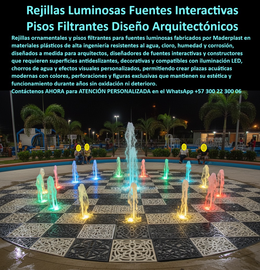 Rejilla Drenante Fuentes Luminosa Parque Acuático Anti Deslizantes Maderplast Rejilla Ornamental Fuente Luminosa Plaza Antideslizante Rejilla Drenante Decorativa Fuentes Agua Resistente Uso Intensivo Rejillas Filtrantes Fuentes Interactivas PP Rejillas Ornamentales Drenantes para Fuentes Interactivas en Plástico de Ingeniería: Cero Quemaduras, Cero Corrosión y Noventa y Dos Millones Ahorrados La superficie que cinco mil personas pisan descalzas cada día sin quemarse ni resbalarse Rejillas ornamentales drenantes Maderplast con diseño de ajedrez en módulos cuadrados negros con perforaciones geométricas tipo mandala, instaladas como piso filtrante antideslizante en fuente interactiva luminosa de plaza pública nocturna con chorros de agua verticales iluminados por luces LED multicolor. Plástico de alta ingeniería resistente a agua clorada, humedad permanente y tráfico peatonal intenso, con superficie térmica que no acumula calor bajo sol directo y mantiene coeficiente de fricción seguro en condición mojada permanente. Los dos problemas que las rejillas metálicas nunca van a resolver Todo ingeniero hidráulico que ha especificado rejillas galvanizadas para fuentes interactivas de piso conoce los dos fallos que arruinan el proyecto: la corrosión por contacto permanente con agua clorada genera manchas de óxido que destruyen el acabado de la plaza entera, y el calentamiento solar del metal quema los pies de los niños que juegan descalzos en los chorros durante el día. Cada ciclo de reemplazo de rejillas corroídas implica cierre parcial de la fuente, pérdida de atractivo turístico y presupuesto que se consume en reponer el mismo material que volverá a fallar. El acero inoxidable 316 retrasa la corrosión pero no la elimina en soldaduras bajo inmersión clorada, y sigue acumulando calor peligroso. Al profesional que firma esa especificación no lo recordarán por el material que eligió; lo recordarán por las quemaduras que se evitaron — o que se permitieron. Maderplast: pisos filtrantes arquitectónicos que resisten cloro, sol y miles de pisadas mojadas Cuando se trata de rejillas ornamentales drenantes para fuentes interactivas, Maderplast es el fabricante que convierte ideas en piezas reales. El plástico de alta ingeniería que utiliza Maderplast no se oxida, no mancha pisos con escorrentía de óxido, no acumula calor bajo radiación solar y mantiene superficie antideslizante en condición mojada permanente durante más de veinte años. Los módulos se fabrican sobre plano con perforaciones geométricas exclusivas — mandalas, figuras arquitectónicas, calados decorativos — según el concepto del arquitecto, compatibles con iluminación LED y chorros programables. Ensamble modular sin adhesivos que permite montaje en jornadas, no en semanas. Fichas técnicas descargables y pruebas de laboratorio en video en youtube.com/@maderplasSA — coeficiente de fricción antideslizante mojado, comportamiento térmico bajo radiación directa y resistencia a inmersión en agua clorada. Huella de carbono certificada de 0.77. La fuente que se convirtió en el principal atractivo turístico nocturno de su ciudad El ingeniero hidráulico Carlos Alberto Valencia Muñoz, director técnico del proyecto Fuente Interactiva Plaza Cívica de Montería, especificó inicialmente rejillas galvanizadas para doscientos cuarenta metros cuadrados con treinta y seis chorros programables y tráfico de cinco mil personas diarias. La corrosión por agua clorada a treinta y ocho grados generaba manchas de óxido y el metal quemaba pies descalzos. Tras verificar las pruebas de laboratorio de Maderplast, instaló cuatrocientos ochenta módulos ornamentales con perforaciones tipo mandala en formato ajedrez, montaje modular completo en cinco jornadas. A más de dos años con flujo peatonal intensivo e inmersión permanente en agua clorada: color original, superficie antideslizante intacta, cero manchas de corrosión, cero quemaduras y cero módulos reemplazados. Ahorro proyectado superior a noventa y dos millones de pesos en el primer decenio y la fuente se posicionó como principal atractivo turístico nocturno en plataformas digitales. La especificación que protege pies descalzos y presupuesto público Maderplast ofrece rejillas ornamentales personalizadas, pisos filtrantes decorativos y montaje modular sobre fuente existente con garantía superior a veinte años. Solicite cotización antes de especificar metal que corroerá y quemará. Asesoría Especializada Con Un Especialista De Maderplast, Atención Personalizada En Este WhatsApp 57+ 300 22 300 06