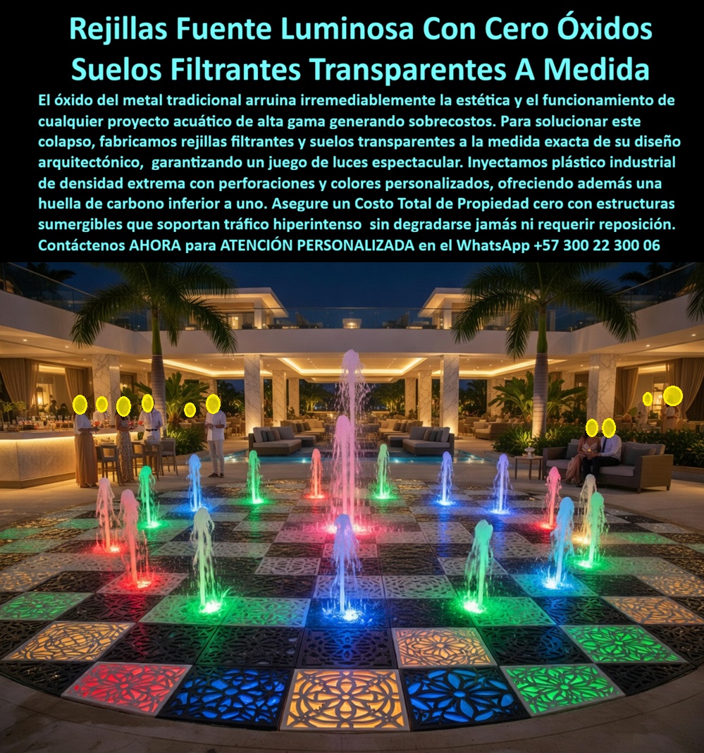 Rejilla Drenante Fuentes Parque Acuático Pisos Anti Deslizantes Maderplast Suelos Filtrantes Antideslizantes para Fuentes Rejillas Piso Filtrante Antideslizante Fuentes Luz Decorativa Exterior Piso Filtrante Para Fuentes Sin Oxido sol Suelos Filtrantes Transparentes para Fuentes Luminosas de Alta Gama: Cero Óxido, Espectáculo LED Intacto y Costo Total de Propiedad Cero La rejilla que convierte el piso de su fuente en un escenario de luz sin fecha de vencimiento Rejillas filtrantes transparentes Maderplast con perforaciones geométricas ornamentales y colores retroiluminados instaladas en fuente interactiva de piso en lobby de resort de lujo, donde huéspedes caminan descalzos entre chorros programables iluminados con LED en rojo, azul, verde, amarillo y blanco que atraviesan la superficie translúcida creando un espectáculo arquitectónico de agua y luz. Plástico de ingeniería de densidad extrema inyectado con perforaciones personalizadas, sumergible en agua clorada y salobre sin opacamiento, amarillamiento ni degradación estructural. El óxido que destruye proyectos acuáticos de alta gama desde adentro Todo arquitecto que ha diseñado fuentes luminosas de piso para hoteles cinco estrellas o plazas emblemáticas conoce la paradoja: el espectáculo que justificó la inversión se degrada cuando las rejillas metálicas comienzan a corroer. La escorrentía ferrosa mancha pisos que costaron más que la fuente, los depósitos de óxido bloquean la transmisión LED y cada ciclo de reemplazo exige cierre parcial en temporadas donde el hotel necesita cada metro cuadrado operativo. El acero inoxidable 316 resiste mejor pero no es inmune en ambiente salobre caribeño con cloro permanente. Al profesional que especificó ese material no lo recordarán por la calidad del acero; lo recordarán por cuántas temporadas el espectáculo se mantuvo intacto — o cuántas se degradó frente a los huéspedes. Maderplast: plástico de ingeniería sumergible que deja pasar cada fotón de luz LED Cuando se trata de suelos filtrantes transparentes para fuentes luminosas de alta gama, Maderplast es el fabricante que convierte ideas en piezas reales. El plástico de ingeniería translúcido que utiliza Maderplast permite transmisión lumínica superior al noventa y dos por ciento sin bloqueo, no genera corrosión ni manchas ferrosas, no se opaca ni amarillea bajo UV, no acumula cal ni depósitos químicos y mantiene superficie antideslizante segura para tráfico descalzo durante más de veinte años en inmersión permanente. Se fabrican módulos con perforaciones ornamentales exclusivas diseñadas sobre plano según el concepto arquitectónico, compatibles con cualquier sistema LED y chorros programables, con ensamble modular sobre estructura hidráulica existente sin modificar la red. Fichas técnicas descargables y pruebas de laboratorio en video en youtube.com/@maderplasSA — transmisión lumínica, resistencia a inmersión clorada y salobre, coeficiente antideslizante mojado. Huella de carbono de 0.77. El resort que recuperó su atracción principal y la convirtió en ventaja competitiva Un resort cinco estrellas en el Caribe colombiano operaba una fuente interactiva de trescientos veinte metros cuadrados con cuarenta y ocho chorros LED cuyas rejillas galvanizadas, tras cuatro años, presentaban corrosión avanzada: manchas de óxido en pisos, transmisión LED bloqueada al sesenta por ciento y cuarenta y siete millones anuales en mantenimiento correctivo. Tras verificar las pruebas de laboratorio de Maderplast, instaló seiscientos cuarenta módulos translúcidos con perforaciones tipo mandala mediante ensamble modular sin modificar chorros ni luminarias. A más de dos años con inmersión salobre permanente y cuatrocientos huéspedes descalzos por noche: transparencia original intacta, transmisión LED completa, cero manchas, cero módulos reemplazados. Las calificaciones en plataformas de reserva subieron medio punto en experiencia de áreas comunes y el ahorro acumulado supera ciento cinco millones de pesos frente al ciclo de reposición metálica. La especificación que protege su diseño arquitectónico durante décadas Maderplast ofrece suelos filtrantes transparentes personalizados, rejillas ornamentales luminosas y montaje modular con garantía superior a veinte años. Solicite cotización antes de que la corrosión arruine el espectáculo que su cliente está pagando. Asesoría Especializada Con Un Especialista De Maderplast, Atención Personalizada En Este WhatsApp 57+ 300 22 300 06