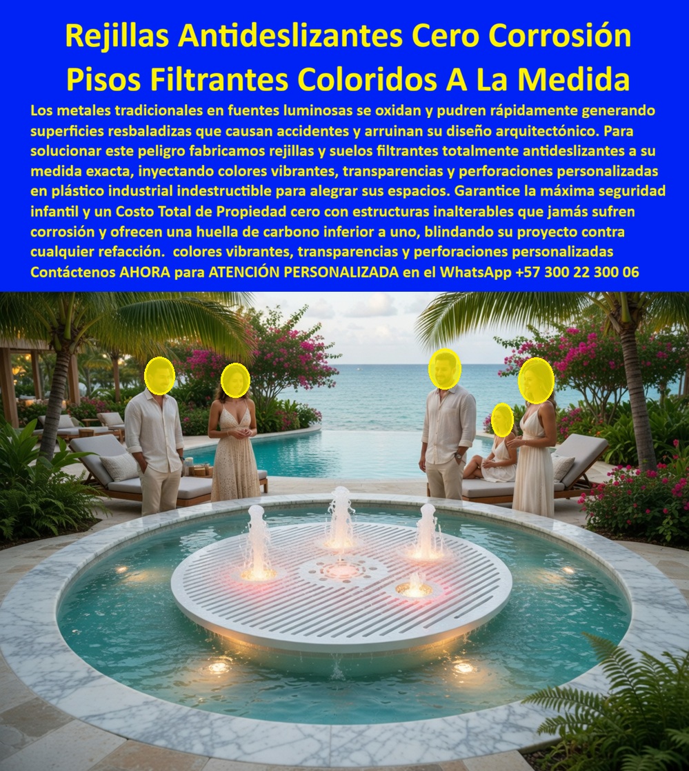 Rejilla Drenante Parque Acuático Anti Deslizantes Fuentes Luminosa Maderplast Suelos Filtrantes Inoxidables Para Chorros De Agua Suelos Filtrantes Anticorrosión Para Fuentes De Lujo Rejillas Inoxidables para Fuentes Interactivas de Agua Reja Rejilla Drenante Parque Acuático: La Excelencia en Suelos Filtrantes Maderplast El diseño y fabricación de este producto de la imagen establece el estándar de oro en la arquitectura de lujo: la Rejilla Drenante Parque Acuático Anti Deslizantes Fuentes Luminosa Maderplast. Este sistema no es solo un componente estético; se trata de suelos filtrantes inoxidables para chorros de agua desarrollados con plástico industrial indestructible e inyección de color integral. Diseñadas para ser suelos filtrantes anticorrosión para fuentes de lujo, estas piezas circulares a medida integran transparencias técnicas y perforaciones exactas que permiten una iluminación LED perfecta, garantizando rejillas inoxidables para fuentes interactivas de agua que blindan su proyecto contra cualquier refacción futura.  En la hotelería de alta gama y el urbanismo de élite, las rejillas metálicas son "basura carísima" que, incluso en acero inoxidable 316, sucumben a la corrosión por picaduras y manchan irreversiblemente los acabados de mármol o piedra. El metal genera superficies resbaladizas y peligrosas, mientras que cuando se trata de rejas y suelos filtrantes en plástico técnico, Maderplast es el fabricante que convierte ideas en piezas reales, entregando superficies totalmente inertes que soportan el ataque del cloro y la salinidad marina sin degradarse estructuralmente jamás.  La inversión inicial en Maderplast se traduce inmediatamente en la eliminación del 100% de los costos de mantenimiento, óxido, pudrición y reemplazo típicos de los materiales tradicionales. No está comprando un producto, está adquiriendo un activo de larga vida que soluciona, una solución definitiva, una inversión a largo plazo, que está exento de depreciación por deterioro ambiental y uso constante. Para un resort de lujo, esta durabilidad es la clave de la rentabilidad: nuestras rejillas eliminan la necesidad de pulidos, recubrimientos o limpiezas químicas de herrumbre, garantizando un Costo Total de Propiedad (TCO) de cero y una huella de carbono inferior a uno.  Para arquitectos y paisajistas, la seguridad infantil y la estética son innegociables. El plástico estructural de Maderplast ofrece un agarre técnico antideslizante superior y es un material dieléctrico que blinda la instalación eléctrica de los proyectores sumergibles. A diferencia del metal, este material no conduce calor excesivo bajo el sol extremo, manteniéndose seguro al tacto. Maderplast elimina el miedo del ingeniero mediante el respaldo de procesos industriales de alta precisión que aseguran una estabilidad estructural inalterable frente a dilataciones térmicas y uso intensivo.  ¿Cómo optimizar el diseño de una fuente transitable de impacto? La respuesta técnica es el uso de materiales inyectados con colores permanentes que no se descascaran. Nuestros suelos filtrantes circulares se adaptan a cualquier radio y diseño complejo, permitiendo que la arquitectura acuática luzca impecable por décadas. Al ser un material macizo y resistente a impactos, actúa como un activo que revaloriza la infraestructura turística, blindando el patrimonio frente a los altos costos operativos del mantenimiento correctivo que exigen los sistemas convencionales.  Como bien lo testifica el Arq. Roberto Santamaría, Director de Proyectos de Luxury Hotels Group en mayo de 2026: "En la fuente circular del lobby, las rejillas metálicas arruinaban el mármol con manchas de óxido y eran peligrosamente resbaladizas. Instalamos los suelos filtrantes a medida de Maderplast y el resultado fue impecable. Tras 18 meses frente al mar, el material no tiene decoloración ni fatiga. Lo que más valoramos es el Costo Total de Propiedad cero: no hemos gastado un centavo en mantenimiento y la seguridad de los huéspedes está garantizada por la superficie técnica antideslizante."  Elegir Maderplast es optar por ingeniería plástica de alto rendimiento. Somos los fabricantes que garantizan que su fuente de lujo sea una inversión eterna, segura y libre de preocupaciones operativas por generaciones.  Asesoría Especializada Con Un Especialista De Maderplast, Atención Personalizada En Este Whatsapp 57+ 300 22 300 06