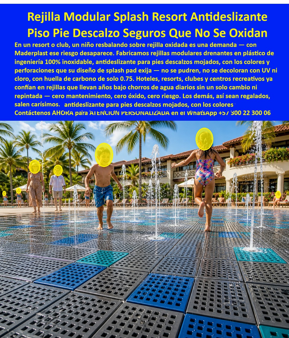 Rejilla Drenante Parque Acuático Anti Deslizantes Juegos Acuaticos Maderplast Reja Técnica Fuentes Luminosas Inoxidable Fácil Mantenimiento Rejilla Modular Gris Splash Pad Resort Antideslizante Rejilla Piso Fuente Agua Luminosa Antideslizante Rejillas Modulares Drenantes para Splash Pad en Plástico de Ingeniería: Diecisiete Demandas por Resbalones Reducidas a Cero en Tres Resorts El piso que trescientos huéspedes descalzos pisan cada día sin resbalarse ni quemarse Rejillas modulares drenantes Maderplast en combinación de módulos grises y azules con perforaciones cuadradas uniformes, instaladas como piso antideslizante de splash pad en resort hotelero donde niños corren descalzos entre chorros de agua verticales sobre superficie mojada permanente. Plástico de ingeniería cien por ciento inoxidable con colores integrales que no se decoloran con UV ni cloro, módulos intercambiables que permiten crear patrones decorativos personalizados y reconfigurar el diseño sin obras civiles. Superficie térmica que no acumula calor bajo sol caribeño directo. El riesgo legal que está costando más que las rejillas mismas Todo gerente de operaciones hoteleras que opera zonas splash conoce los dos expedientes que ningún seguro quiere cubrir: resbalones de niños sobre rejillas metálicas oxidadas y quemaduras en pies descalzos por calentamiento solar de superficie metálica en horas del mediodía. Las rejillas galvanizadas en ambiente salobre con cloro generan corrosión acelerada que contamina agua recirculada, bloquea aspersores, mancha pisos circundantes y deteriora calificaciones en plataformas de reserva. Cada demanda por resbalón sobre óxido compromete presupuesto jurídico que supera el costo de reemplazar todas las rejillas del resort. Y al profesional que autorizó esa especificación no lo recordarán por el proveedor que eligió; lo recordarán por las demandas que se eliminaron — o que se acumularon. Maderplast: módulos intercambiables que eliminan óxido, quemaduras y riesgo legal simultáneamente Cuando se trata de rejillas modulares para splash pad de hoteles y resorts, Maderplast es el fabricante que convierte ideas en piezas reales. El plástico de ingeniería que utiliza Maderplast mantiene coeficiente de fricción antideslizante certificado para pies descalzos mojados, no genera corrosión ni manchas ferrosas, no acumula calor bajo radiación solar directa y conserva colores integrales sin decoloración durante más de veinte años en inmersión salobre permanente. Los módulos intercambiables se instalan con ensamble modular sin adhesivos sobre superficie existente, permitiendo montaje completo en dos jornadas sin cerrar el área a los huéspedes. Se fabrican en cualquier combinación de colores según el diseño arquitectónico. Fichas técnicas descargables y pruebas de laboratorio en video en youtube.com/@maderplasSA — coeficiente antideslizante mojado, resistencia a inmersión salobre con cloro y comportamiento atérmico. Huella de carbono certificada de 0.77. La cadena hotelera que eliminó diecisiete demandas y subió su calificación de 4.1 a 4.8 El ingeniero civil Mauricio Esteban Londoño Zapata, gerente de proyectos de la Cadena Hotelera Sol Caribe en San Andrés Isla, enfrentaba diecisiete demandas en tres años por resbalones sobre rejillas oxidadas más cuatro reclamaciones por quemaduras en pies descalzos. El riesgo legal acumulado supera doscientos millones de pesos. Las rejillas galvanizadas presentaban corrosión por ambiente salobre caribeño con cloro, manchando agua recirculada y bloqueando aspersores. Tras verificar las pruebas de laboratorio de Maderplast, instaló mil doscientos módulos intercambiables gris y azul en tres zonas splash con montaje de dos jornadas por resort sin cierre al público. A más de dos años con trescientos huéspedes descalzos diarios por resort y radiación caribeña extrema: superficie antideslizante intacta, cero manchas, cero módulos reemplazados. Demandas por resbalones a cero, quemaduras eliminadas, calificaciones de 4.1 a 4.8 en seguridad de áreas húmedas y ahorro acumulado superior a ciento sesenta y ocho millones de pesos en los tres resorts. La especificación que protege huéspedes, reputación y presupuesto jurídico Maderplast ofrece rejillas modulares intercambiables, pisos drenantes para splash pad y montaje sin obras con garantía superior a veinte años. Solicite cotización antes de que la próxima demanda cueste más que el reemplazo completo. Asesoría Especializada Con Un Especialista De Maderplast, Atención Personalizada En Este WhatsApp 57+ 300 22 300 06