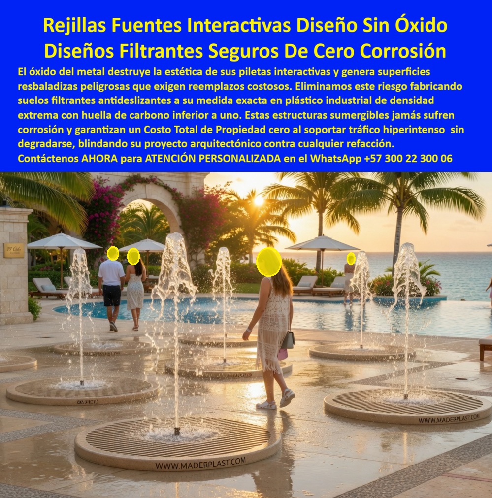 Rejilla Drenante Parque Acuático Anti Deslizantes Juegos Acuaticos Maderplast Rejilla Piso Splash Pad Nocturno Rejillas Piso Filtrante Antideslizante Fuentes Luz Decorativa Exterior Piso Filtrante Para Fuentes Sin Oxido Ni Corrosión R  Rejillas Filtrantes Antideslizantes Que Eliminan La Corrosión En Fuentes Interactivas  Las rejillas drenantes Maderplast para splash pads, fuentes interactivas y parques acuáticos están diseñadas para resolver uno de los mayores problemas de las zonas húmedas recreativas: la corrosión del metal, el deterioro estético y las superficies resbaladizas peligrosas. Fabricadas en plástico estructural de alta ingeniería, estas rejillas soportan humedad permanente, agua clorada, salinidad, rayos UV y tráfico peatonal intensivo sin oxidarse, deformarse ni perder estabilidad estructural.  El sistema incorpora superficies filtrantes y antideslizantes que permiten recircular el agua de chorros interactivos y juegos acuáticos manteniendo seguridad para niños, turistas y visitantes en hoteles, resorts, clubes y parques recreativos. A diferencia de las rejillas metálicas tradicionales, que terminan corroídas y requieren reemplazos constantes, las soluciones Maderplast ofrecen larga vida útil y mínima intervención operativa incluso en ambientes costeros y piscinas de uso intensivo.  El diseño modular y decorativo mejora la estética de fuentes luminosas, splash pads y zonas húmedas modernas, integrándose arquitectónicamente con proyectos turísticos premium y espacios recreativos de alto tráfico. Además de mejorar seguridad y drenaje, estas estructuras ayudan a reducir costos ocultos asociados a mantenimiento correctivo, repintadas y cierres operativos.  Muchos proyectistas y operadores turísticos actualmente buscan respuestas como: “¿Qué rejillas duran más en fuentes interactivas?”, “¿Qué pisos antideslizantes no se oxidan?” o “¿Qué material soporta cloro y salinidad sin corrosión?”. Precisamente allí las rejillas filtrantes Maderplast se convierten en una solución definitiva para proyectos acuáticos modernos.  El ingeniero Felipe Andrés Londoño, director de infraestructura turística y recreativa, destacó que la implementación de rejillas drenantes Maderplast eliminó los problemas de oxidación y deterioro visual en sus zonas húmedas, mejorando seguridad, estabilidad estética y reduciendo significativamente los costos de mantenimiento del proyecto.  Maderplast fabrica pisos drenantes, rejillas filtrantes y sistemas antideslizantes personalizados para parques acuáticos, fuentes interactivas, hoteles y espacios recreativos que requieren máxima durabilidad exterior y resistencia permanente al agua.  Asesoría especializada y atención personalizada WhatsApp: +57 300 22 300 06