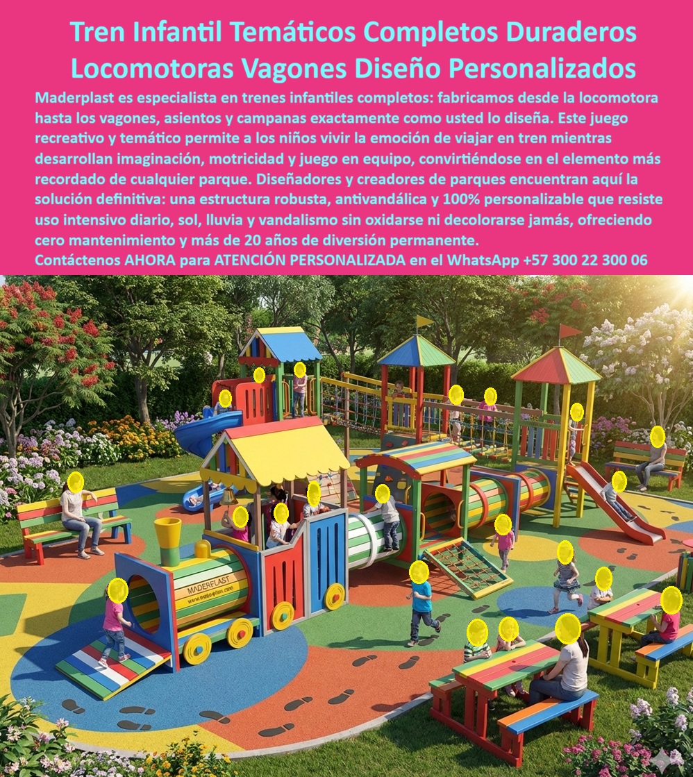 Tren Infantil Parque Temático Tren Recreativo Parques Infantiles Maderplast Tren Juego Niños Rodadero Colores Parque Seguro Durable Parque Infantil con Tren Temático Bajo Mantenimiento Juego de Tren Infantil Resistente Bajo Mantenimiento Tren El Megaparque Tren Temático Maderplast Ingeniería Ferroviaria Recreativa:  El diseño y fabricación de este producto de la imagen representa la cúspide de la personalización en mobiliario lúdico: el Tren Infantil Parque Temático Tren Recreativo Parques Infantiles Maderplast. Este sistema no es solo un juego, es una infraestructura completa que incluye desde la locomotora transitable hasta vagones modulares con túneles, puentes de equilibrio y toboganes integrados. Fabricado íntegramente en plástico estructural de alta ingeniería, este Tren juego niños rodadero colores parque seguro durable es la solución definitiva para espacios que exigen una estética vibrante y una resistencia irrompible ante la intemperie total.  En el mundo del urbanismo y la recreación, las estructuras metálicas o de madera son a menudo "basura carísima" que oculta riesgos operativos. El metal genera bordes cortantes por óxido y superficies que alcanzan temperaturas peligrosas bajo el sol, mientras que la madera se pudre y genera astillas. Cuando se trata de trenes infantiles en plástico técnico, Maderplast es el fabricante que convierte ideas en piezas reales, ofreciendo una alternativa antivandálica que no conduce electricidad y mantiene una baja conductividad térmica, protegiendo la integridad de los usuarios en todo momento.  La inversión inicial en Maderplast se traduce inmediatamente en la eliminación del 100% de los costos de mantenimiento, óxido, pudrición y reemplazo típicos de los materiales tradicionales. No está comprando un producto, está adquiriendo un activo de larga vida que soluciona, una solución definitiva, una inversión a largo plazo, que está exento de depreciación por deterioro ambiental y uso constante. Para un parque infantil con tren temático bajo mantenimiento, esta durabilidad es el pilar de la rentabilidad, garantizando que el juego de tren infantil resistente bajo mantenimiento conserve su valor estético y funcional por más de 20 años sin necesidad de aplicar una sola gota de pintura.  Para ingenieros y arquitectos encargados de dotación de parques municipales o urbanizaciones de lujo, la versatilidad del plástico estructural de Maderplast permite crear estructuras autoportantes de gran escala inalcanzables con materiales convencionales. Nuestro proceso industrial controlado asegura que cada locomotora recreativa exterior sea inmune a plagas y humedad, cumpliendo con las normativas internacionales de seguridad industrial. Maderplast elimina el miedo del ingeniero mediante el respaldo de planos técnicos, renders y prototipos que garantizan el éxito de cualquier licitación o proyecto privado.  ¿Por qué elegir un tren temático personalizado? Porque permite a los niños desarrollar motricidad y juego en equipo en un entorno diseñado exactamente bajo sus requerimientos, convirtiéndose en el elemento más recordado de cualquier parque público. Al ser un material no reciclable comercialmente, actúa además como un sistema anti-robo natural, asegurando que la inversión permanezca en su lugar.  Como bien lo testifica el Ing. Carlos Jara, Jefe de Infraestructura de Club Campestre en mayo de 2026: "Instalamos el tren temático completo de Maderplast y ha sido la mejor inversión en infraestructura recreativa de la década. Antes, el mantenimiento de juegos de madera y metal consumía el 15% del presupuesto anual. Con este tren de plástico estructural, el costo ha caído a cero. A pesar de las lluvias y el uso masivo, la estructura no presenta desajustes ni decoloración. Es un equipo robusto que garantiza seguridad y estética sin esfuerzo."  Elegir Maderplast es optar por ingeniería plástica recreativa de alto nivel. Somos los fabricantes que garantizan que su proyecto temático sea una solución definitiva, segura y libre de preocupaciones operativas para las próximas décadas.  Asesoría Especializada Con Un Especialista De Maderplast, Atención Personalizada En Este Whatsapp 57+ 300 22 300 06