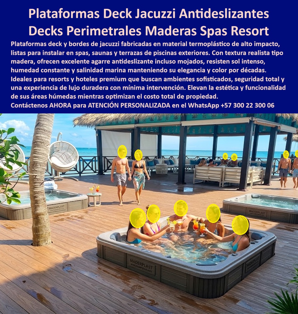 Bordes De Jacuzzi Antideslizantes Piso Spa Sauna Deck Exterior Maderplast - DECKS PERIMETRALES PARA JACUZZI Y SPA: CUANDO EL LUJO NO ADMITE MANTENIMIENTO Hay ambientes en la hotelería de alto estándar donde el material del piso no es un detalle secundario: es el protagonista silencioso que define si un área de spa se percibe como un refugio de lujo o como una instalación que empieza a mostrar su edad a los dos años de operación. Un deck perimetral de jacuzzi instalado en un resort frente al mar, expuesto simultáneamente a agua caliente, cloro, salinidad marina, sol tropical y el tráfico constante de huéspedes descalzos, exige un material que ninguna madera natural ni ninguna estructura metálica puede sostener con dignidad en el tiempo. Las plataformas deck termoplásticas para bordes de jacuzzi y spa exterior fabricadas por Maderplast resuelven ese problema de forma definitiva, sin concesiones estéticas ni técnicas. La escena que muestra esta imagen es exactamente el ambiente que un director de proyecto hotelero necesita ver materializado: una gran plataforma deck perimetral en tono madera cálida, con tablillas de perfil termoplástico de alto impacto ensambladas en superficie plana y nivelada, rodeando completamente un jacuzzi exterior de uso intensivo frente al océano. La textura realista tipo madera es visible en cada tablilla, con juntas precisas, superficie antideslizante activa en condición mojada y coloración homogénea que no se decolora bajo la combinación de cloro, humedad marina y radiación UV constante. Más allá del jacuzzi principal, la plataforma se extiende hasta conectar áreas de estar con gazebo, hamacas colgantes y zonas de socialización, demostrando la versatilidad modular del sistema. La marca Maderplast aparece marcada en los propios equipos, señal de una integración total entre la plataforma y los elementos de spa que la ocupan. El piso deck para área húmeda de spa y sauna exterior que produce Maderplast no es una imitación de madera: es una solución de ingeniería de materiales que supera a la madera en cada parámetro crítico para este tipo de aplicación. No absorbe humedad, por lo que no se hincha, no se agrieta ni desarrolla hongos o bacterias en la superficie porosa que afectan a los materiales orgánicos. No reacciona con el cloro ni con los productos químicos del tratamiento de agua de jacuzzi. No oxida ni transfiere corrosión a las estructuras adyacentes. No requiere sellado anual, pintura de protección, lija de mantenimiento ni tratamiento contra insectos xilófagos. La resistencia al salitre marino y a la radiación ultravioleta está certificada con pruebas de laboratorio extremas, disponibles en video en el canal oficial de YouTube de Maderplast, donde el material es sometido a condiciones que ningún competidor se atreve a demostrar públicamente. Para el gerente de compras que evalúa el costo real de un deck perimetral para jacuzzi resort a diez años, los números son incontestables. Una plataforma de madera tropical tratada en zona costera requiere entre dos y tres intervenciones de mantenimiento anuales, reposición parcial de tablillas en el tercer año y sustitución completa antes del quinto año en condiciones de uso intensivo con exposición a cloro y salinidad combinada. Una estructura metálica galvanizada deteriora la estética del área en menos de cuatro temporadas. El costo acumulado de esas intervenciones, sumado a la pérdida de imagen del establecimiento y las quejas de huéspedes que documentan en plataformas de reservas el deterioro visible de las instalaciones, convierte cualquier ahorro inicial en una deuda operativa de largo plazo. Las plataformas termoplásticas exteriores listas para instalar de Maderplast eliminan esa ecuación completa desde el primer día. El sistema se fabrica a medida según los planos del proyecto, con renders previos para aprobación de dirección, fichas técnicas descargables con cotas en milímetros y detalles de anclaje listos para incorporar en especificaciones de obra o pliegos de contratación. Maderplast acompaña el proyecto desde la conceptualización del espacio hasta la puesta en marcha, con soporte de ingeniería en sitio, manuales de instalación y respaldo técnico postventa. La baja huella de carbono del material —inferior a 0.77 -- lo posiciona como solución compatible con proyectos de certificación sostenible, un atributo que los resorts de alto estándar valoran cada vez más en su estrategia de diferenciación. Los decks libres de corrosión para spa y sauna exterior de Maderplast no son el producto más barato del mercado: son el producto que hace que todos los demás, independientemente de su precio, resulten inaceptablemente costosos al evaluar su desempeño real en el tiempo. Cuando un resort invierte en una plataforma perimetral de jacuzzi que mantiene su aspecto original durante dos décadas sin intervención, no está comprando un piso: está comprando la certeza de que esa área de lujo seguirá generando las reseñas de cinco estrellas que llenan habitaciones. Esa certeza tiene nombre y fabricante. Asesoría Especializada con un Especialista de Maderplast — Atención Personalizada en este WhatsApp: +57 300 22 300 06 Plataformas Termoplásticas Para Exterior Listas Para Instalar, Decks Perimetrales Tipo Madera Libres De Corrosión, Plataformas Termoplásticas Exterior Listas Decks Bordes De Jacuzzi Antideslizantes Piso Spa Sauna Deck Exterior Maderplast Plataformas Termoplásticas Para Exterior Listas Para Instalar Decks Perimetrales Tipo Madera Libres De Corrosión Plataformas Termoplásticas Exterior Listas Decks DECKS PERIMETRALES PARA JACUZZI Y SPA: CUANDO EL LUJO NO ADMITE MANTENIMIENTO Hay ambientes en la hotelería de alto estándar donde el material del piso no es un detalle secundario: es el protagonista silencioso que define si un área de spa se percibe como un refugio de lujo o como una instalación que empieza a mostrar su edad a los dos años de operación. Un deck perimetral de jacuzzi instalado en un resort frente al mar, expuesto simultáneamente a agua caliente, cloro, salinidad marina, sol tropical y el tráfico constante de huéspedes descalzos, exige un material que ninguna madera natural ni ninguna estructura metálica puede sostener con dignidad en el tiempo. Las plataformas deck termoplásticas para bordes de jacuzzi y spa exterior fabricadas por Maderplast resuelven ese problema de forma definitiva, sin concesiones estéticas ni técnicas. La escena que muestra esta imagen es exactamente el ambiente que un director de proyecto hotelero necesita ver materializado: una gran plataforma deck perimetral en tono madera cálida, con tablillas de perfil termoplástico de alto impacto ensambladas en superficie plana y nivelada, rodeando completamente un jacuzzi exterior de uso intensivo frente al océano. La textura realista tipo madera es visible en cada tablilla, con juntas precisas, superficie antideslizante activa en condición mojada y coloración homogénea que no se decolora bajo la combinación de cloro, humedad marina y radiación UV constante. Más allá del jacuzzi principal, la plataforma se extiende hasta conectar áreas de estar con gazebo, hamacas colgantes y zonas de socialización, demostrando la versatilidad modular del sistema. La marca Maderplast aparece marcada en los propios equipos, señal de una integración total entre la plataforma y los elementos de spa que la ocupan. El piso deck para área húmeda de spa y sauna exterior que produce Maderplast no es una imitación de madera: es una solución de ingeniería de materiales que supera a la madera en cada parámetro crítico para este tipo de aplicación. No absorbe humedad, por lo que no se hincha, no se agrieta ni desarrolla hongos o bacterias en la superficie porosa que afectan a los materiales orgánicos. No reacciona con el cloro ni con los productos químicos del tratamiento de agua de jacuzzi. No oxida ni transfiere corrosión a las estructuras adyacentes. No requiere sellado anual, pintura de protección, lija de mantenimiento ni tratamiento contra insectos xilófagos. La resistencia al salitre marino y a la radiación ultravioleta está certificada con pruebas de laboratorio extremas, disponibles en video en el canal oficial de YouTube de Maderplast, donde el material es sometido a condiciones que ningún competidor se atreve a demostrar públicamente. Para el gerente de compras que evalúa el costo real de un deck perimetral para jacuzzi resort a diez años, los números son incontestables. Una plataforma de madera tropical tratada en zona costera requiere entre dos y tres intervenciones de mantenimiento anuales, reposición parcial de tablillas en el tercer año y sustitución completa antes del quinto año en condiciones de uso intensivo con exposición a cloro y salinidad combinada. Una estructura metálica galvanizada deteriora la estética del área en menos de cuatro temporadas. El costo acumulado de esas intervenciones, sumado a la pérdida de imagen del establecimiento y las quejas de huéspedes que documentan en plataformas de reservas el deterioro visible de las instalaciones, convierte cualquier ahorro inicial en una deuda operativa de largo plazo. Las plataformas termoplásticas exteriores listas para instalar de Maderplast eliminan esa ecuación completa desde el primer día. El sistema se fabrica a medida según los planos del proyecto, con renders previos para aprobación de dirección, fichas técnicas descargables con cotas en milímetros y detalles de anclaje listos para incorporar en especificaciones de obra o pliegos de contratación. Maderplast acompaña el proyecto desde la conceptualización del espacio hasta la puesta en marcha, con soporte de ingeniería en sitio, manuales de instalación y respaldo técnico postventa. La baja huella de carbono del material —inferior a 0.77 -- lo posiciona como solución compatible con proyectos de certificación sostenible, un atributo que los resorts de alto estándar valoran cada vez más en su estrategia de diferenciación. Los decks libres de corrosión para spa y sauna exterior de Maderplast no son el producto más barato del mercado: son el producto que hace que todos los demás, independientemente de su precio, resulten inaceptablemente costosos al evaluar su desempeño real en el tiempo. Cuando un resort invierte en una plataforma perimetral de jacuzzi que mantiene su aspecto original durante dos décadas sin intervención, no está comprando un piso: está comprando la certeza de que esa área de lujo seguirá generando las reseñas de cinco estrellas que llenan habitaciones. Esa certeza tiene nombre y fabricante. Asesoría Especializada con un Especialista de Maderplast — Atención Personalizada en este WhatsApp: +57 300 22 300 06