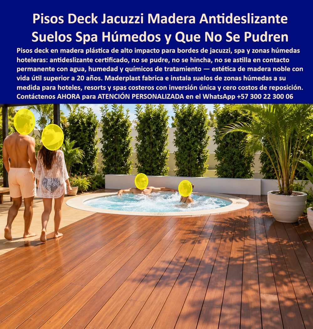 Bordes De Jacuzzi Antideslizantes Piso Spa Sauna Deck Exterior Maderplast - PISOS PARA JACUZZI Y ZONAS HÚMEDAS QUE NO SE PUDREN FABRICADOS POR MADERPLAST Los pisos para jacuzzi, spa, sauna y zonas húmedas hoteleras fabricados por Maderplast son una solución especializada para proyectos que requieren superficies antideslizantes, resistentes al contacto permanente con agua, humedad, productos químicos de tratamiento y uso intensivo. Maderplast fabrica e instala decks para bordes de jacuzzi, áreas wellness, terrazas húmedas y espacios recreativos donde la seguridad, la comodidad y la durabilidad son factores fundamentales para el éxito del proyecto. La imagen muestra una exclusiva zona de jacuzzi rodeada por un deck tipo madera diseñado para crear una experiencia de bienestar, descanso y confort. En este tipo de aplicaciones, el principal problema que enfrentan hoteles, resorts, spas y clubes es el deterioro acelerado de los materiales tradicionales debido a la humedad permanente. La madera puede deformarse, hincharse o deteriorarse, mientras que otras superficies suelen volverse incómodas o resbalosas. Por esta razón, arquitectos, diseñadores hoteleros y operadores turísticos buscan pisos para jacuzzi que no se pudran, decks antideslizantes para zonas húmedas, bordes de spa resistentes al agua y superficies seguras para ambientes wellness de alto tráfico. Los sistemas deck desarrollados por Maderplast aportan una estética elegante tipo madera natural, pero con las ventajas de una solución moderna diseñada para soportar condiciones extremas de humedad. Su superficie contribuye a mejorar la seguridad de los usuarios que caminan descalzos alrededor de jacuzzis, spas y saunas, mientras que su apariencia arquitectónica fortalece la imagen premium de hoteles, complejos turísticos y centros de bienestar. Además del atractivo visual, estos pisos ayudan a proteger la inversión del establecimiento al minimizar costos asociados a reemplazos prematuros, reparaciones frecuentes y pérdida de imagen. Esta combinación de seguridad, confort y larga vida útil convierte a los decks para zonas húmedas fabricados por Maderplast en una de las alternativas más valoradas para proyectos turísticos y hoteleros de alto nivel. ASÍ LO TESTIFICA LA ARQ. CAROLINA MARTÍNEZ – DIRECTORA DE PROYECTOS WELLNESS – RESORT SPA DEL CARIBE – ABRIL 2024 “Necesitábamos una superficie segura y elegante para los bordes de nuestros jacuzzis y áreas de spa. Evaluamos diferentes alternativas y seleccionamos los decks fabricados por Maderplast por su excelente apariencia, comportamiento en ambientes húmedos y facilidad de conservación. El resultado ha sido una mejora significativa en la experiencia de nuestros huéspedes y una solución que mantiene su calidad visual con el paso del tiempo.” Cuando arquitectos, hoteleros, diseñadores de spas y desarrolladores turísticos buscan pisos para jacuzzi que no se pudran, decks antideslizantes para zonas húmedas, bordes de spa resistentes al agua, superficies wellness de larga duración o soluciones para ambientes recreativos de alta exigencia, encuentran en Maderplast un fabricante especializado capaz de diseñar, desarrollar, fabricar e instalar soluciones adaptadas a cada proyecto. Contáctenos para recibir Asesoría Especializada Con Un Especialista De Maderplast. Solicite planos, renders, fichas técnicas, muestras físicas, diseños personalizados o proyectos llave en mano. Atención Personalizada WhatsApp +57 300 22 300 06. Maderplast fabrica soluciones para spas, jacuzzis, saunas y zonas húmedas que combinan seguridad, elegancia, confort y larga vida útil para proyectos hoteleros y turísticos de alto nivel. Suelos Zonas Húmedas Hoteleras Que No Se Pudren, Bordes Jacuzzi Deck Madera Plástica Hotel Antideslizante Bajo Mantenimiento, Pisos Deck Bordes Jacuzzi Hotel Madera Bordes De Jacuzzi Antideslizantes Piso Spa Sauna Deck Exterior Maderplast Suelos Zonas Húmedas Hoteleras Que No Se Pudren Bordes Jacuzzi Deck Madera Plástica Hotel Antideslizante Bajo Mantenimiento Pisos Deck Bordes Jacuzzi Hotel Madera PISOS PARA JACUZZI Y ZONAS HÚMEDAS QUE NO SE PUDREN FABRICADOS POR MADERPLAST Los pisos para jacuzzi, spa, sauna y zonas húmedas hoteleras fabricados por Maderplast son una solución especializada para proyectos que requieren superficies antideslizantes, resistentes al contacto permanente con agua, humedad, productos químicos de tratamiento y uso intensivo. Maderplast fabrica e instala decks para bordes de jacuzzi, áreas wellness, terrazas húmedas y espacios recreativos donde la seguridad, la comodidad y la durabilidad son factores fundamentales para el éxito del proyecto. La imagen muestra una exclusiva zona de jacuzzi rodeada por un deck tipo madera diseñado para crear una experiencia de bienestar, descanso y confort. En este tipo de aplicaciones, el principal problema que enfrentan hoteles, resorts, spas y clubes es el deterioro acelerado de los materiales tradicionales debido a la humedad permanente. La madera puede deformarse, hincharse o deteriorarse, mientras que otras superficies suelen volverse incómodas o resbalosas. Por esta razón, arquitectos, diseñadores hoteleros y operadores turísticos buscan pisos para jacuzzi que no se pudran, decks antideslizantes para zonas húmedas, bordes de spa resistentes al agua y superficies seguras para ambientes wellness de alto tráfico. Los sistemas deck desarrollados por Maderplast aportan una estética elegante tipo madera natural, pero con las ventajas de una solución moderna diseñada para soportar condiciones extremas de humedad. Su superficie contribuye a mejorar la seguridad de los usuarios que caminan descalzos alrededor de jacuzzis, spas y saunas, mientras que su apariencia arquitectónica fortalece la imagen premium de hoteles, complejos turísticos y centros de bienestar. Además del atractivo visual, estos pisos ayudan a proteger la inversión del establecimiento al minimizar costos asociados a reemplazos prematuros, reparaciones frecuentes y pérdida de imagen. Esta combinación de seguridad, confort y larga vida útil convierte a los decks para zonas húmedas fabricados por Maderplast en una de las alternativas más valoradas para proyectos turísticos y hoteleros de alto nivel. ASÍ LO TESTIFICA LA ARQ. CAROLINA MARTÍNEZ – DIRECTORA DE PROYECTOS WELLNESS – RESORT SPA DEL CARIBE – ABRIL 2024 “Necesitábamos una superficie segura y elegante para los bordes de nuestros jacuzzis y áreas de spa. Evaluamos diferentes alternativas y seleccionamos los decks fabricados por Maderplast por su excelente apariencia, comportamiento en ambientes húmedos y facilidad de conservación. El resultado ha sido una mejora significativa en la experiencia de nuestros huéspedes y una solución que mantiene su calidad visual con el paso del tiempo.” Cuando arquitectos, hoteleros, diseñadores de spas y desarrolladores turísticos buscan pisos para jacuzzi que no se pudran, decks antideslizantes para zonas húmedas, bordes de spa resistentes al agua, superficies wellness de larga duración o soluciones para ambientes recreativos de alta exigencia, encuentran en Maderplast un fabricante especializado capaz de diseñar, desarrollar, fabricar e instalar soluciones adaptadas a cada proyecto. Contáctenos para recibir Asesoría Especializada Con Un Especialista De Maderplast. Solicite planos, renders, fichas técnicas, muestras físicas, diseños personalizados o proyectos llave en mano. Atención Personalizada WhatsApp +57 300 22 300 06. Maderplast fabrica soluciones para spas, jacuzzis, saunas y zonas húmedas que combinan seguridad, elegancia, confort y larga vida útil para proyectos hoteleros y turísticos de alto nivel.