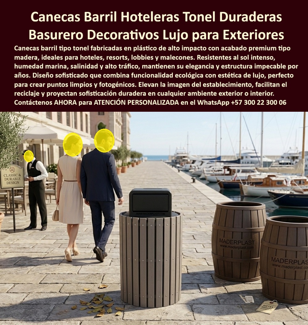 Canecas Barril Para Hoteles Basureros Forma Tonel Hotelero Maderplast- Canecas Barril Para Hoteles Que Conservan Su Imagen De Lujo Fabricadas Por Maderplast Las canecas barril para hoteles, resorts, marinas, malecones turísticos, clubes náuticos y complejos vacacionales fabricadas por Maderplast fueron desarrolladas para establecimientos que desean mantener una imagen elegante y organizada sin sacrificar durabilidad y funcionalidad. Inspiradas en la estética clásica de los toneles decorativos de madera, estas soluciones combinan la apariencia cálida y sofisticada de la madera fina con las ventajas técnicas de los materiales plásticos de alta ingeniería utilizados por Maderplast. A diferencia de las canecas metálicas que se oxidan en ambientes marinos o de los recipientes convencionales que pierden rápidamente su apariencia por el sol, la humedad y el uso intensivo, las canecas barril Maderplast conservan su estética durante años en exteriores. Son ideales para hoteles frente al mar, senderos turísticos, piscinas, marinas, plazas gastronómicas, zonas comerciales, parques temáticos, muelles y espacios donde la presentación visual forma parte fundamental de la experiencia del visitante. Su diseño decorativo permite que funcionen como puntos ecológicos, estaciones de reciclaje o papeleras premium sin romper la armonía arquitectónica del entorno. En lugar de parecer simples recipientes para residuos, se integran como parte del mobiliario y del paisajismo, aportando orden, limpieza y una imagen de calidad que los huéspedes perciben inmediatamente. Maderplast fabrica estas canecas barril en diferentes capacidades, dimensiones, colores y configuraciones, adaptándolas a proyectos hoteleros, turísticos e institucionales que requieren soluciones duraderas para zonas de alto tráfico. Gracias a su resistencia a la humedad permanente, salinidad, radiación UV, lluvia, cambios climáticos y uso continuo, representan una inversión de largo plazo para administradores que buscan reducir reposiciones y costos de mantenimiento. En un proyecto turístico costero donde anteriormente utilizaban recipientes convencionales, la administración enfrentaba constantes problemas por deterioro estético, corrosión y reemplazos frecuentes. Después de implementar canecas barril fabricadas por Maderplast, lograron mantener una imagen uniforme y elegante en las zonas de circulación de huéspedes, reduciendo significativamente las intervenciones de mantenimiento y mejorando la percepción visual de las áreas comunes. La solución permitió integrar funcionalidad ambiental, reciclaje y diseño arquitectónico en un solo elemento. Como expresó uno de los responsables de infraestructura del complejo: "Buscábamos una caneca que realmente estuviera a la altura de la imagen premium del hotel. Las canecas barril de Maderplast se integran perfectamente con nuestro diseño arquitectónico y continúan conservando su apariencia pese a la exposición permanente al ambiente marino. Los huéspedes las perciben como parte del mobiliario decorativo y no como simples recipientes de basura." Por esta razón, arquitectos, diseñadores, administradores hoteleros y operadores turísticos encuentran en Maderplast una solución confiable para proyectos donde la imagen, la durabilidad y la rentabilidad deben coexistir. Estas canecas barril decorativas ayudan a mantener espacios limpios, organizados y visualmente atractivos, reforzando la percepción de calidad que todo establecimiento de alto nivel desea transmitir a sus visitantes. Contáctenos AHORA para la ATENCIÓN PERSONALIZADA de Maderplast en el WhatsApp +57 300 22 300 06. Canecas Tonel Modernas Hotel Lobby Duraderas Libres Mantenimiento, Cestos Basura Decorativos Madera Plástica Hotel Sin Oxido Garantizados, Puntos Ecológicos Tipo Barril Canecas Barril Para Hoteles Basureros Forma Tonel Hotelero Maderplast Canecas Tonel Modernas Hotel Lobby Duraderas Libres Mantenimiento Cestos Basura Decorativos Madera Plástica Hotel Sin Oxido Garantizados Puntos Ecológicos Tipo Barril Canecas Barril Para Hoteles Que Conservan Su Imagen De Lujo Fabricadas Por Maderplast Las canecas barril para hoteles, resorts, marinas, malecones turísticos, clubes náuticos y complejos vacacionales fabricadas por Maderplast fueron desarrolladas para establecimientos que desean mantener una imagen elegante y organizada sin sacrificar durabilidad y funcionalidad. Inspiradas en la estética clásica de los toneles decorativos de madera, estas soluciones combinan la apariencia cálida y sofisticada de la madera fina con las ventajas técnicas de los materiales plásticos de alta ingeniería utilizados por Maderplast. A diferencia de las canecas metálicas que se oxidan en ambientes marinos o de los recipientes convencionales que pierden rápidamente su apariencia por el sol, la humedad y el uso intensivo, las canecas barril Maderplast conservan su estética durante años en exteriores. Son ideales para hoteles frente al mar, senderos turísticos, piscinas, marinas, plazas gastronómicas, zonas comerciales, parques temáticos, muelles y espacios donde la presentación visual forma parte fundamental de la experiencia del visitante. Su diseño decorativo permite que funcionen como puntos ecológicos, estaciones de reciclaje o papeleras premium sin romper la armonía arquitectónica del entorno. En lugar de parecer simples recipientes para residuos, se integran como parte del mobiliario y del paisajismo, aportando orden, limpieza y una imagen de calidad que los huéspedes perciben inmediatamente. Maderplast fabrica estas canecas barril en diferentes capacidades, dimensiones, colores y configuraciones, adaptándolas a proyectos hoteleros, turísticos e institucionales que requieren soluciones duraderas para zonas de alto tráfico. Gracias a su resistencia a la humedad permanente, salinidad, radiación UV, lluvia, cambios climáticos y uso continuo, representan una inversión de largo plazo para administradores que buscan reducir reposiciones y costos de mantenimiento. En un proyecto turístico costero donde anteriormente utilizaban recipientes convencionales, la administración enfrentaba constantes problemas por deterioro estético, corrosión y reemplazos frecuentes. Después de implementar canecas barril fabricadas por Maderplast, lograron mantener una imagen uniforme y elegante en las zonas de circulación de huéspedes, reduciendo significativamente las intervenciones de mantenimiento y mejorando la percepción visual de las áreas comunes. La solución permitió integrar funcionalidad ambiental, reciclaje y diseño arquitectónico en un solo elemento. Como expresó uno de los responsables de infraestructura del complejo: "Buscábamos una caneca que realmente estuviera a la altura de la imagen premium del hotel. Las canecas barril de Maderplast se integran perfectamente con nuestro diseño arquitectónico y continúan conservando su apariencia pese a la exposición permanente al ambiente marino. Los huéspedes las perciben como parte del mobiliario decorativo y no como simples recipientes de basura." Por esta razón, arquitectos, diseñadores, administradores hoteleros y operadores turísticos encuentran en Maderplast una solución confiable para proyectos donde la imagen, la durabilidad y la rentabilidad deben coexistir. Estas canecas barril decorativas ayudan a mantener espacios limpios, organizados y visualmente atractivos, reforzando la percepción de calidad que todo establecimiento de alto nivel desea transmitir a sus visitantes. Contáctenos AHORA para la ATENCIÓN PERSONALIZADA de Maderplast en el WhatsApp +57 300 22 300 06.