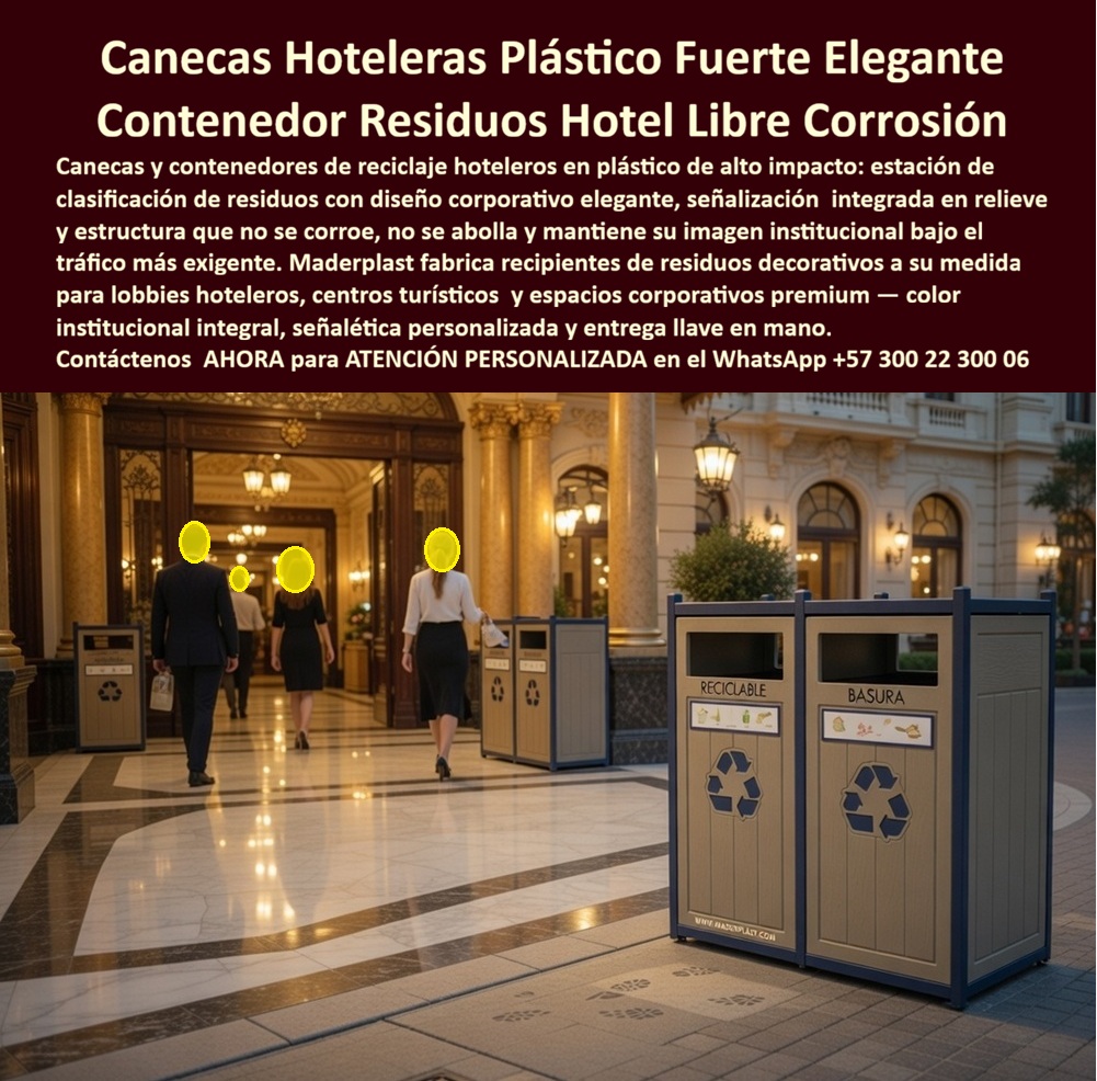 Canecas Barril Para Hoteles Basureros Forma Tonel Hotelero Maderplast - CANECAS Y CONTENEDORES DE RECICLAJE HOTELEROS: LA GESTIÓN DE RESIDUOS QUE PROTEGE LA IMAGEN DEL ESTABLECIMIENTO En un lobby de hotel de cinco estrellas con mármol pulido, columnas doradas, arañas de cristal y personal uniformado, existe un elemento que la mayoría de los directores de operaciones subestima hasta que un huésped lo fotografía y lo publica: el contenedor de residuos. Una caneca metálica abollada, una papelera plástica genérica o un recipiente con señalética despegada en el centro de ese espacio destruye en segundos la coherencia visual que millones de pesos en diseño de interiores construyeron con cuidado. Las canecas hoteleras de plástico elegante y libre de corrosión fabricadas por Maderplast resuelven ese problema con la misma contundencia con que resuelven todos los demás: diseño corporativo de alto valor estético, estructura que no se abolla, no se corroe y no pierde presencia visual bajo el tráfico más exigente, durante más de dos décadas sin intervención de mantenimiento. La imagen muestra con precisión el estándar que Maderplast establece para la gestión de residuos en espacios hospitality premium: estaciones de clasificación de doble compartimento —reciclable y basura— con estructura modular en perfil termoplástico color arena y marcos en azul institucional, señalética integrada en relieve con pictogramas de identificación de residuos, apertura superior de boca ancha con tapa de control de olores, y presencia estética que no desentona sino que complementa la arquitectura clásica del lobby de lujo donde está instalada. A lo largo del corredor del establecimiento se observan múltiples unidades del mismo sistema, creando una línea visual coherente que comunica orden, sofisticación y compromiso ambiental simultáneamente. Eso no es un accesorio de limpieza: es infraestructura de imagen institucional. El gerente de operaciones que ha gestionado contenedores de residuos convencionales en zonas de alto tráfico hotelero conoce el ciclo de deterioro con exactitud: los metálicos se abollan con el primer impacto de un carrito de servicio y desarrollan óxido superficial visible en menos de dos temporadas en ambientes con humedad o climatización agresiva, los plásticos genéricos de baja densidad se deforman con el calor, pierden el color original y fracturan la señalética adhesiva que se desprende dejando residuos de pegamento imposibles de limpiar completamente. Los contenedores de residuos decorativos para lobbies hoteleros y centros turísticos de Maderplast están fabricados en polímero técnico de alto impacto con color integral que no requiere pintura de mantenimiento, estructura que absorbe impactos sin deformación permanente, superficie completamente lisa que se limpia con cualquier producto de aseo estándar sin degradación del acabado, y señalética en relieve integrada al molde que no se desprende, no se decolora y no requiere reposición. La señalización de clasificación de residuos integrada en relieve —reciclable, basura, orgánico, según la configuración del proyecto— cumple simultáneamente una función operativa y una función de imagen: educa al huésped en la política ambiental del establecimiento y comunica el compromiso del hotel con la sostenibilidad sin necesidad de cartelería adicional. Para los establecimientos que trabajan hacia certificaciones ambientales como RNT sostenible, Green Globe o criterios LEED en operación, esta integración de la gestión de residuos en el diseño del espacio tiene valor directo en el proceso de certificación, un argumento creciente en la toma de decisiones de compra de cadenas hoteleras internacionales. Maderplast fabrica estas estaciones de clasificación de residuos con diseño corporativo personalizado en los colores institucionales exactos del proyecto, con posibilidad de incorporar logotipo del establecimiento en relieve, configuraciones de uno a cuatro compartimentos, formatos de piso o mural, y dimensiones adaptadas al flujo de residuos específico de cada área. Cada unidad sale de fábrica lista para instalar, con ficha técnica certificada y garantía de más de veinte años de vida útil en condiciones de uso intensivo. El costo de reposición de contenedores convencionales cada tres o cuatro años, multiplicado por el número de unidades instaladas en un establecimiento de mediana envergadura, supera con creces la inversión en una solución Maderplast que no vuelve a generar ese gasto en las dos décadas siguientes. La imagen del hotel se cuida en cada centímetro del espacio visible. Maderplast fabrica los contenedores que hacen que incluso la gestión de residuos se comunique con excelencia. Asesoría Especializada con un Especialista de Maderplast — Atención Personalizada en este WhatsApp: +57 300 22 300 06 Contenedores Tipo Tonel Turístico Plástico Fuerte Libre Corrosión, Canecas Tipo Barril Decorativas Hotel Basureros Elegantes Bajo Mantenimiento, Recipientes Residuos PP Canecas Barril Para Hoteles Basureros Forma Tonel Hotelero Maderplast Contenedores Tipo Tonel Turístico Plástico Fuerte Libre Corrosión Canecas Tipo Barril Decorativas Hotel Basureros Elegantes Bajo Mantenimiento Recipientes Residuos PP CANECAS Y CONTENEDORES DE RECICLAJE HOTELEROS: LA GESTIÓN DE RESIDUOS QUE PROTEGE LA IMAGEN DEL ESTABLECIMIENTO En un lobby de hotel de cinco estrellas con mármol pulido, columnas doradas, arañas de cristal y personal uniformado, existe un elemento que la mayoría de los directores de operaciones subestima hasta que un huésped lo fotografía y lo publica: el contenedor de residuos. Una caneca metálica abollada, una papelera plástica genérica o un recipiente con señalética despegada en el centro de ese espacio destruye en segundos la coherencia visual que millones de pesos en diseño de interiores construyeron con cuidado. Las canecas hoteleras de plástico elegante y libre de corrosión fabricadas por Maderplast resuelven ese problema con la misma contundencia con que resuelven todos los demás: diseño corporativo de alto valor estético, estructura que no se abolla, no se corroe y no pierde presencia visual bajo el tráfico más exigente, durante más de dos décadas sin intervención de mantenimiento. La imagen muestra con precisión el estándar que Maderplast establece para la gestión de residuos en espacios hospitality premium: estaciones de clasificación de doble compartimento —reciclable y basura— con estructura modular en perfil termoplástico color arena y marcos en azul institucional, señalética integrada en relieve con pictogramas de identificación de residuos, apertura superior de boca ancha con tapa de control de olores, y presencia estética que no desentona sino que complementa la arquitectura clásica del lobby de lujo donde está instalada. A lo largo del corredor del establecimiento se observan múltiples unidades del mismo sistema, creando una línea visual coherente que comunica orden, sofisticación y compromiso ambiental simultáneamente. Eso no es un accesorio de limpieza: es infraestructura de imagen institucional. El gerente de operaciones que ha gestionado contenedores de residuos convencionales en zonas de alto tráfico hotelero conoce el ciclo de deterioro con exactitud: los metálicos se abollan con el primer impacto de un carrito de servicio y desarrollan óxido superficial visible en menos de dos temporadas en ambientes con humedad o climatización agresiva, los plásticos genéricos de baja densidad se deforman con el calor, pierden el color original y fracturan la señalética adhesiva que se desprende dejando residuos de pegamento imposibles de limpiar completamente. Los contenedores de residuos decorativos para lobbies hoteleros y centros turísticos de Maderplast están fabricados en polímero técnico de alto impacto con color integral que no requiere pintura de mantenimiento, estructura que absorbe impactos sin deformación permanente, superficie completamente lisa que se limpia con cualquier producto de aseo estándar sin degradación del acabado, y señalética en relieve integrada al molde que no se desprende, no se decolora y no requiere reposición. La señalización de clasificación de residuos integrada en relieve —reciclable, basura, orgánico, según la configuración del proyecto— cumple simultáneamente una función operativa y una función de imagen: educa al huésped en la política ambiental del establecimiento y comunica el compromiso del hotel con la sostenibilidad sin necesidad de cartelería adicional. Para los establecimientos que trabajan hacia certificaciones ambientales como RNT sostenible, Green Globe o criterios LEED en operación, esta integración de la gestión de residuos en el diseño del espacio tiene valor directo en el proceso de certificación, un argumento creciente en la toma de decisiones de compra de cadenas hoteleras internacionales. Maderplast fabrica estas estaciones de clasificación de residuos con diseño corporativo personalizado en los colores institucionales exactos del proyecto, con posibilidad de incorporar logotipo del establecimiento en relieve, configuraciones de uno a cuatro compartimentos, formatos de piso o mural, y dimensiones adaptadas al flujo de residuos específico de cada área. Cada unidad sale de fábrica lista para instalar, con ficha técnica certificada y garantía de más de veinte años de vida útil en condiciones de uso intensivo. El costo de reposición de contenedores convencionales cada tres o cuatro años, multiplicado por el número de unidades instaladas en un establecimiento de mediana envergadura, supera con creces la inversión en una solución Maderplast que no vuelve a generar ese gasto en las dos décadas siguientes. La imagen del hotel se cuida en cada centímetro del espacio visible. Maderplast fabrica los contenedores que hacen que incluso la gestión de residuos se comunique con excelencia. Asesoría Especializada con un Especialista de Maderplast — Atención Personalizada en este WhatsApp: +57 300 22 300 06