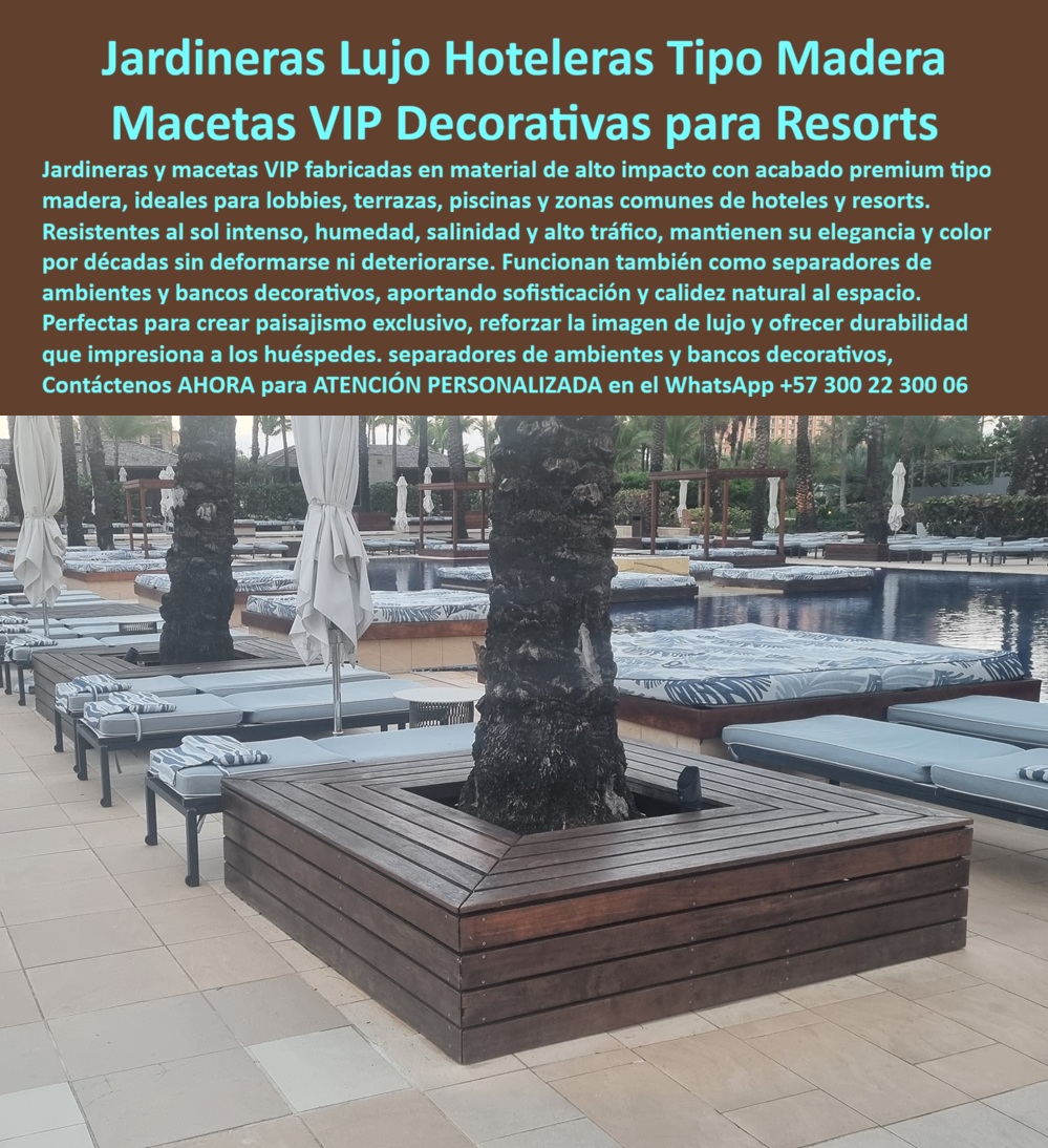 Jardineras De Lujo Para Hoteles Macetas VIP Para Lobby Maderplast - La imagen muestra una exclusiva zona de piscina en un resort de alta categoría donde las jardineras de lujo tipo madera se convierten en protagonistas del diseño arquitectónico y paisajístico. Estas estructuras cumplen simultáneamente funciones decorativas, paisajísticas y operativas, integrando árboles, vegetación ornamental y áreas de descanso en un solo elemento de gran impacto visual. Más que simples macetas decorativas, representan una solución de mobiliario hotelero diseñada para reforzar la imagen premium de hoteles, resorts, clubes, complejos turísticos y proyectos de hospitalidad que buscan diferenciarse mediante espacios elegantes, duraderos y de bajo mantenimiento. Las jardineras VIP fabricadas por Maderplast han sido desarrolladas para soportar las condiciones más exigentes de operación en exteriores. La combinación de radiación solar intensa, humedad permanente, salinidad marina, tránsito constante de huéspedes y labores continuas de limpieza suele deteriorar rápidamente muchos materiales convencionales. Por esta razón, arquitectos, paisajistas, diseñadores de interiores, operadores hoteleros y desarrolladores turísticos buscan actualmente jardineras decorativas para lobby, maceteros para hoteles de lujo, separadores de ambientes exteriores, jardineras tipo banco para resorts y mobiliario paisajístico resistente a la intemperie. Además de albergar árboles, palmeras y especies ornamentales, estas jardineras funcionan como delimitadores visuales, organizadores de espacios, separadores de ambientes y elementos decorativos capaces de aportar calidez, sofisticación y sensación de exclusividad. Su acabado tipo madera armoniza con entornos naturales, piscinas, terrazas, spas, restaurantes al aire libre, zonas lounge y áreas comunes donde la experiencia visual del huésped es tan importante como la funcionalidad del mobiliario. Uno de los aspectos más valorados por los responsables de mantenimiento es la estabilidad estética a largo plazo. Mientras otros materiales pueden deteriorarse, perder apariencia o requerir intervenciones frecuentes, estas soluciones conservan su presencia arquitectónica durante años, contribuyendo a proteger la inversión realizada en paisajismo y decoración exterior. ASÍ LO TESTIFICA LA ARQ. PAULA VELÁSQUEZ – DIRECTORA DE DISEÑO HOTELERO – RESORT INTERNACIONAL DEL CARIBE – FEBRERO 2024 “Necesitábamos integrar jardineras de gran formato que aportarán elegancia, organización visual y funcionalidad alrededor de nuestras zonas de piscina. Maderplast desarrolló una solución personalizada que combina paisajismo, mobiliario y diseño arquitectónico en un solo elemento. El resultado ha sido una mejora significativa en la percepción de lujo del complejo y una notable reducción de futuras intervenciones de mantenimiento.” Cuando un proyecto requiere jardineras decorativas para hoteles, macetas VIP para lobby, jardineras tipo banco, separadores de ambientes, mobiliario paisajístico premium o soluciones de paisajismo para resorts y complejos turísticos, Maderplast desarrolla productos fabricados a medida para cada proyecto. Nuestro equipo puede acompañarlo desde la conceptualización, diseño y especificación hasta la fabricación e instalación final. Solicite planos, renders, muestras, fichas técnicas o propuestas personalizadas. Contáctenos para recibir Asesoría Especializada Con Un Especialista De Maderplast, Atención Personalizada en WhatsApp +57 300 22 300 06, y transforme sus espacios exteriores en ambientes memorables que reflejan exclusividad, durabilidad y alto valor arquitectónico. Macetas Decorativas Lobbies Inmunes A La Humedad Y El Sol, Jardineras Tipo Banco Paisajismo Hotelero Exclusivo, Maceteros Separadores De Ambientes Hoteles Premium Jardinera Jardineras De Lujo Para Hoteles Macetas VIP Para Lobby Maderplast Macetas Decorativas Lobbies Inmunes A La Humedad Y El Sol Jardineras Tipo Banco Paisajismo Hotelero Exclusivo Maceteros Separadores De Ambientes Hoteles Premium Jardinera La imagen muestra una exclusiva zona de piscina en un resort de alta categoría donde las jardineras de lujo tipo madera se convierten en protagonistas del diseño arquitectónico y paisajístico. Estas estructuras cumplen simultáneamente funciones decorativas, paisajísticas y operativas, integrando árboles, vegetación ornamental y áreas de descanso en un solo elemento de gran impacto visual. Más que simples macetas decorativas, representan una solución de mobiliario hotelero diseñada para reforzar la imagen premium de hoteles, resorts, clubes, complejos turísticos y proyectos de hospitalidad que buscan diferenciarse mediante espacios elegantes, duraderos y de bajo mantenimiento. Las jardineras VIP fabricadas por Maderplast han sido desarrolladas para soportar las condiciones más exigentes de operación en exteriores. La combinación de radiación solar intensa, humedad permanente, salinidad marina, tránsito constante de huéspedes y labores continuas de limpieza suele deteriorar rápidamente muchos materiales convencionales. Por esta razón, arquitectos, paisajistas, diseñadores de interiores, operadores hoteleros y desarrolladores turísticos buscan actualmente jardineras decorativas para lobby, maceteros para hoteles de lujo, separadores de ambientes exteriores, jardineras tipo banco para resorts y mobiliario paisajístico resistente a la intemperie. Además de albergar árboles, palmeras y especies ornamentales, estas jardineras funcionan como delimitadores visuales, organizadores de espacios, separadores de ambientes y elementos decorativos capaces de aportar calidez, sofisticación y sensación de exclusividad. Su acabado tipo madera armoniza con entornos naturales, piscinas, terrazas, spas, restaurantes al aire libre, zonas lounge y áreas comunes donde la experiencia visual del huésped es tan importante como la funcionalidad del mobiliario. Uno de los aspectos más valorados por los responsables de mantenimiento es la estabilidad estética a largo plazo. Mientras otros materiales pueden deteriorarse, perder apariencia o requerir intervenciones frecuentes, estas soluciones conservan su presencia arquitectónica durante años, contribuyendo a proteger la inversión realizada en paisajismo y decoración exterior. ASÍ LO TESTIFICA LA ARQ. PAULA VELÁSQUEZ – DIRECTORA DE DISEÑO HOTELERO – RESORT INTERNACIONAL DEL CARIBE – FEBRERO 2024 “Necesitábamos integrar jardineras de gran formato que aportarán elegancia, organización visual y funcionalidad alrededor de nuestras zonas de piscina. Maderplast desarrolló una solución personalizada que combina paisajismo, mobiliario y diseño arquitectónico en un solo elemento. El resultado ha sido una mejora significativa en la percepción de lujo del complejo y una notable reducción de futuras intervenciones de mantenimiento.” Cuando un proyecto requiere jardineras decorativas para hoteles, macetas VIP para lobby, jardineras tipo banco, separadores de ambientes, mobiliario paisajístico premium o soluciones de paisajismo para resorts y complejos turísticos, Maderplast desarrolla productos fabricados a medida para cada proyecto. Nuestro equipo puede acompañarlo desde la conceptualización, diseño y especificación hasta la fabricación e instalación final. Solicite planos, renders, muestras, fichas técnicas o propuestas personalizadas. Contáctenos para recibir Asesoría Especializada Con Un Especialista De Maderplast, Atención Personalizada en WhatsApp +57 300 22 300 06, y transforme sus espacios exteriores en ambientes memorables que reflejan exclusividad, durabilidad y alto valor arquitectónico.