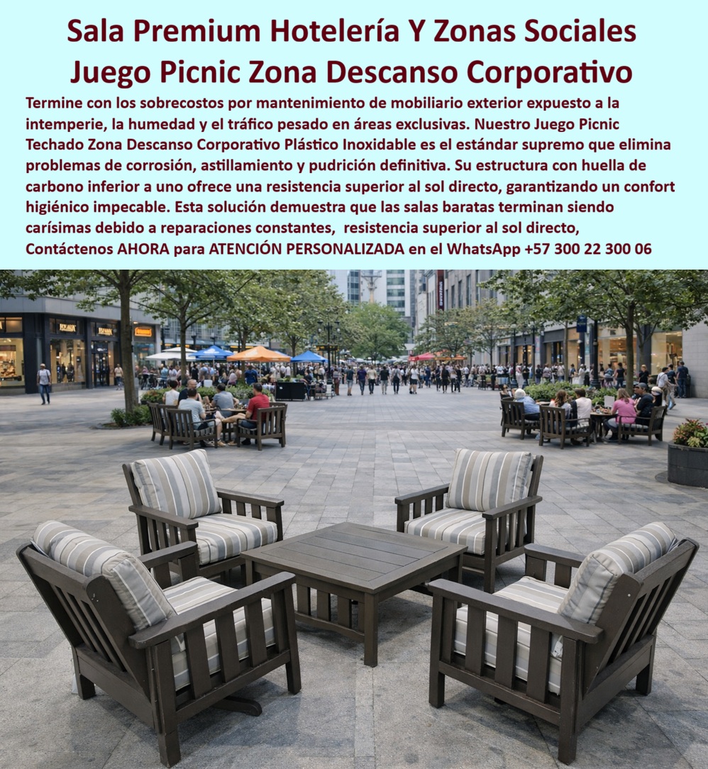 Juegos De Sala Exterior Para Hoteles Y Clubes Exclusivos Maderplast - SALAS EXTERIORES PREMIUM PARA HOTELERÍA Y ZONAS CORPORATIVAS: EL ESTÁNDAR QUE ELIMINA EL MANTENIMIENTO DE LA ECUACIÓN Un juego de sala exterior instalado en la zona social de un hotel de alto estándar, un club exclusivo o una plaza corporativa no es simplemente mobiliario: es la declaración visible de la categoría del establecimiento. Cuatro sillones de brazo con estructura oscura en perfil plástico macizo tipo madera, cojines a rayas en gris y blanco, dispuestos simétricamente alrededor de una mesa central de tablero liso y patas cuadradas con el mismo acabado estructural, sobre una plaza de granito pulido con alto tráfico peatonal de fondo. Esa composición transmite en un segundo lo que ningún texto de marketing logra con párrafos: solidez, elegancia funcional y permanencia. El juego de sala exterior premium para hotelería y zonas sociales corporativas fabricado por Maderplast en polímero técnico de alto impacto entrega exactamente esa imagen, y la sostiene durante más de veinte años sin degradación estructural ni pérdida de presencia estética. La diferencia técnica que separa este mobiliario de cualquier alternativa convencional en madera pintada, metal lacado o rattan sintético de baja densidad es absoluta y verificable. El perfil plástico macizo de color integral no se oxida porque no contiene metal estructural expuesto. No se pudre porque no es material orgánico. No se astilla porque su estructura molecular no genera fracturas superficiales bajo ciclos de expansión térmica. No se decolora porque el pigmento no es una capa aplicada sobre la superficie sino parte constitutiva del material desde su fabricación. La sala exterior plástica inoxidable para clubes y hoteles exclusivos de Maderplast soportan sol directo intenso, humedad permanente, lluvia ácida, salinidad marina y el uso continuo de cientos de usuarios semanales sin requerir una sola intervención de mantenimiento estructural. Eso no es una promesa comercial: es una propiedad física del material, respaldada por pruebas de laboratorio extremas documentadas en video y disponibles para revisión técnica antes de cualquier decisión de compra. El director de compras de una cadena hotelera que ha gestionado mobiliario exterior convencional durante tres o más temporadas conoce el costo real de esa decisión: pintura descascarada en los brazos de las sillas al segundo año, estructura metálica con manchas de oxidación que migran al piso al tercer año, piezas de madera agrietadas por la combinación de calor y humedad que representan riesgo de astillas para los huéspedes, y una zona social que empieza a comunicar descuido precisamente en el área donde el establecimiento más necesita comunicar excelencia. Cada ciclo de reposición consume presupuesto operativo, genera interrupciones en el servicio y produce una incoherencia visual entre piezas nuevas y piezas envejecidas que ningún huésped pasa por alto. El juego picnic zona descanso corporativo plástico inoxidable de Maderplast elimina ese ciclo completo porque el deterioro que lo genera sencillamente no ocurre en este material. La huella de carbono inferior a 0.77 del polímero técnico Maderplast posiciona este mobiliario como solución compatible con certificaciones de sostenibilidad LEED y EDGE, un atributo que los proyectos hoteleros de alto estándar y las plazas corporativas de nueva generación incorporan activamente en sus especificaciones de compra. La estructura no es contaminante, no genera residuos tóxicos por degradación ambiental y su vida útil extendida reduce radicalmente la frecuencia de reposición, lo que disminuye la huella ambiental acumulada del proyecto frente a cualquier alternativa de ciclo corto. Maderplast diseña y fabrica estos juegos de sala exterior a medida, en los colores y dimensiones que el proyecto requiera, con fichas técnicas certificadas, renders previos para aprobación de dirección y acompañamiento técnico desde la especificación hasta la instalación. Solicite cotización, muestras físicas o planos técnicos de inmediato. Las salas baratas terminan siendo las más caras: Maderplast es la inversión que no vuelve a cobrarse. Asesoría Especializada con un Especialista de Maderplast — Atención Personalizada en este WhatsApp: +57 300 22 300 06 Juego Picnic Techado Zona Descanso Corporativo Plástico Inoxidable, Sala Exterior Premium Hotelería Y Zonas Sociales, Mesa Banca Comedor Exterior Hotelero Antideslizante Juegos De Sala Exterior Para Hoteles Y Clubes Exclusivos Maderplast Juego Picnic Techado Zona Descanso Corporativo Plástico Inoxidable Sala Exterior Premium Hotelería Y Zonas Sociales Mesa Banca Comedor Exterior Hotelero Antideslizante SALAS EXTERIORES PREMIUM PARA HOTELERÍA Y ZONAS CORPORATIVAS: EL ESTÁNDAR QUE ELIMINA EL MANTENIMIENTO DE LA ECUACIÓN Un juego de sala exterior instalado en la zona social de un hotel de alto estándar, un club exclusivo o una plaza corporativa no es simplemente mobiliario: es la declaración visible de la categoría del establecimiento. Cuatro sillones de brazo con estructura oscura en perfil plástico macizo tipo madera, cojines a rayas en gris y blanco, dispuestos simétricamente alrededor de una mesa central de tablero liso y patas cuadradas con el mismo acabado estructural, sobre una plaza de granito pulido con alto tráfico peatonal de fondo. Esa composición transmite en un segundo lo que ningún texto de marketing logra con párrafos: solidez, elegancia funcional y permanencia. El juego de sala exterior premium para hotelería y zonas sociales corporativas fabricado por Maderplast en polímero técnico de alto impacto entrega exactamente esa imagen, y la sostiene durante más de veinte años sin degradación estructural ni pérdida de presencia estética. La diferencia técnica que separa este mobiliario de cualquier alternativa convencional en madera pintada, metal lacado o rattan sintético de baja densidad es absoluta y verificable. El perfil plástico macizo de color integral no se oxida porque no contiene metal estructural expuesto. No se pudre porque no es material orgánico. No se astilla porque su estructura molecular no genera fracturas superficiales bajo ciclos de expansión térmica. No se decolora porque el pigmento no es una capa aplicada sobre la superficie sino parte constitutiva del material desde su fabricación. La sala exterior plástica inoxidable para clubes y hoteles exclusivos de Maderplast soportan sol directo intenso, humedad permanente, lluvia ácida, salinidad marina y el uso continuo de cientos de usuarios semanales sin requerir una sola intervención de mantenimiento estructural. Eso no es una promesa comercial: es una propiedad física del material, respaldada por pruebas de laboratorio extremas documentadas en video y disponibles para revisión técnica antes de cualquier decisión de compra. El director de compras de una cadena hotelera que ha gestionado mobiliario exterior convencional durante tres o más temporadas conoce el costo real de esa decisión: pintura descascarada en los brazos de las sillas al segundo año, estructura metálica con manchas de oxidación que migran al piso al tercer año, piezas de madera agrietadas por la combinación de calor y humedad que representan riesgo de astillas para los huéspedes, y una zona social que empieza a comunicar descuido precisamente en el área donde el establecimiento más necesita comunicar excelencia. Cada ciclo de reposición consume presupuesto operativo, genera interrupciones en el servicio y produce una incoherencia visual entre piezas nuevas y piezas envejecidas que ningún huésped pasa por alto. El juego picnic zona descanso corporativo plástico inoxidable de Maderplast elimina ese ciclo completo porque el deterioro que lo genera sencillamente no ocurre en este material. La huella de carbono inferior a 0.77 del polímero técnico Maderplast posiciona este mobiliario como solución compatible con certificaciones de sostenibilidad LEED y EDGE, un atributo que los proyectos hoteleros de alto estándar y las plazas corporativas de nueva generación incorporan activamente en sus especificaciones de compra. La estructura no es contaminante, no genera residuos tóxicos por degradación ambiental y su vida útil extendida reduce radicalmente la frecuencia de reposición, lo que disminuye la huella ambiental acumulada del proyecto frente a cualquier alternativa de ciclo corto. Maderplast diseña y fabrica estos juegos de sala exterior a medida, en los colores y dimensiones que el proyecto requiera, con fichas técnicas certificadas, renders previos para aprobación de dirección y acompañamiento técnico desde la especificación hasta la instalación. Solicite cotización, muestras físicas o planos técnicos de inmediato. Las salas baratas terminan siendo las más caras: Maderplast es la inversión que no vuelve a cobrarse. Asesoría Especializada con un Especialista de Maderplast — Atención Personalizada en este WhatsApp: +57 300 22 300 06