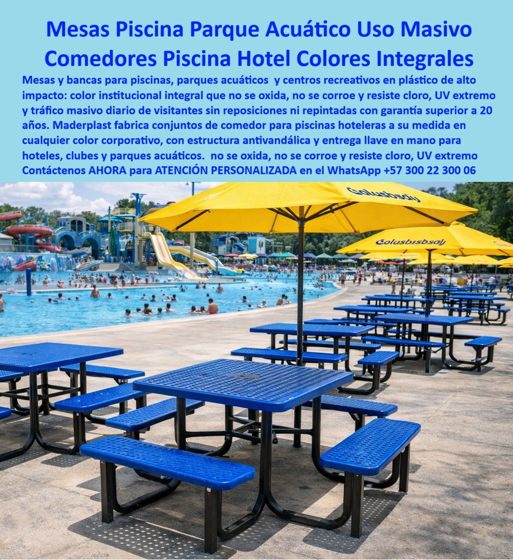 Mesas Piscina Con Parasol Para Hoteles Y Parques Acuáticos Maderplast - Mesas Piscina Parque Acuático Uso Masivo — Comedores Piscina Hotel Colores Integrales Maderplast Un parque acuático con capacidad para miles de visitantes diarios tiene en su zona de comedores y descanso perimetral uno de los puntos de mayor desgaste de toda la infraestructura: el mobiliario recibe sol directo, salpicaduras de cloro, tráfico masivo de usuarios mojados, impactos constantes y exposición permanente a la intemperie sin pausa entre temporadas. La imagen muestra exactamente ese escenario real: conjuntos de mesas cuadradas con bancas integradas en plástico de alto impacto color azul institucional intenso, con superficie perforada para drenaje inmediato del agua, estructura tubular en acero recubierto color negro, dispuestas en filas ordenadas frente a una piscina de uso masivo con toboganes y sombrillas corporativas amarillas al fondo. Ese mobiliario piscinas inoxidable mesas piscina en polipropileno de alta densidad no pierde su color, no se oxida en las soldaduras, no se astilla, no acumula agua estancada y soporta el peso y el trato de miles de usuarios diarios sin deformarse ni requerir una sola intervención de mantenimiento. Eso es precisamente lo que fabrican los muebles para piscinas, hoteles , centros recreativos y clubes de Maderplast. El gerente de compras de un parque acuático o un hotel de alto tráfico sabe perfectamente cuál es el ciclo de vida real de un comedor de piscina en material equivocado: el metal sin recubrimiento técnico se oxida en las juntas en menos de un año con el ambiente clorado, la madera se astilla y mancha la ropa de los bañistas, los plásticos de baja densidad se decoloran y agrietan con el UV tropical, y cada temporada llega el costo de pintar, reparar o reemplazar piezas que el proveedor original ya no tiene en inventario. Los comedores piscina hoteles uso masivo y ambientes turísticos de Maderplast cortan ese ciclo de raíz: color institucional integral que no requiere repintura porque está en el núcleo del material, estructura antivandálica diseñada para resistir impactos, superficies perforadas que drenan el agua al instante eliminando el riesgo de charcos y la acumulación de algas, y una garantía real superior a 20 años bajo condiciones de uso intensivo diario en ambientes con cloro, UV extremo y humedad permanente. Las mesas piscina con parasol para hoteles y parques acuáticos Maderplast se fabrican en cualquier color corporativo, lo que convierte cada conjunto de comedor en una herramienta de identidad visual y branding del establecimiento: el azul eléctrico de la imagen es tan poderoso visualmente como la paleta cromática del parque acuático, y ese impacto lo mantiene el material sin decolorarse durante décadas. Los muebles para piscinas, hoteles , centros recreativos y clubes se entregan listos para instalar, con estructura y superficie ya ensambladas, en el formato llave en mano que los operadores de infraestructura turística necesitan para reducir tiempos de obra y abrir temporada sin retrasos. El mobiliario piscinas inoxidable mesas piscina PP de Maderplast no es atacado por hongos, insectos ni corrosión galvánica, no contamina el agua de la piscina adyacente y tiene una huella de carbono inferior a 0.77, posicionándolo como la solución más sostenible disponible en el mercado para dotación de espacios acuáticos de alto tráfico. Los demás proveedores de mobiliario para zonas acuáticas, incluso con precios de entrada más bajos, generan un costo total de propiedad exponencialmente mayor a los 36 meses: reparaciones de soldaduras, reposición de tablas, repintado de estructuras, gestión de garantías no atendidas y pérdida de imagen ante el visitante. Maderplast fabrica a medida, entrega con fichas técnicas certificadas, planos en DWG, renders del conjunto instalado y certificados de laboratorio que respaldan la especificación en cualquier licitación pública o proceso de compra corporativa. Cuando se trata de comedores para parques acuáticos y conjuntos de mesas para piscinas hoteleras en plástico técnico de alta resistencia, Maderplast es el fabricante colombiano que convierte el requerimiento del operador turístico en dotación real, duradera y con identidad visual propia. Asesoría Especializada con un Especialista de Maderplast — Contáctenos en WhatsApp: +57 300 22 300 06. Muebles Para Piscinas Hoteles Centros Recreativos Y Clubes, Comedores Piscina Hoteles Uso Masivo Y Ambientes Turísticos, Mobiliario Piscinas Inoxidable Mesas Piscina PP Mesas Piscina Con Parasol Para Hoteles Y Parques Acuáticos Maderplast Muebles Para Piscinas Hoteles Centros Recreativos Y Clubes Comedores Piscina Hoteles Uso Masivo Y Ambientes Turísticos Mobiliario Piscinas Inoxidable Mesas Piscina PP Mesas Piscina Parque Acuático Uso Masivo — Comedores Piscina Hotel Colores Integrales Maderplast Un parque acuático con capacidad para miles de visitantes diarios tiene en su zona de comedores y descanso perimetral uno de los puntos de mayor desgaste de toda la infraestructura: el mobiliario recibe sol directo, salpicaduras de cloro, tráfico masivo de usuarios mojados, impactos constantes y exposición permanente a la intemperie sin pausa entre temporadas. La imagen muestra exactamente ese escenario real: conjuntos de mesas cuadradas con bancas integradas en plástico de alto impacto color azul institucional intenso, con superficie perforada para drenaje inmediato del agua, estructura tubular en acero recubierto color negro, dispuestas en filas ordenadas frente a una piscina de uso masivo con toboganes y sombrillas corporativas amarillas al fondo. Ese mobiliario piscinas inoxidable mesas piscina en polipropileno de alta densidad no pierde su color, no se oxida en las soldaduras, no se astilla, no acumula agua estancada y soporta el peso y el trato de miles de usuarios diarios sin deformarse ni requerir una sola intervención de mantenimiento. Eso es precisamente lo que fabrican los muebles para piscinas, hoteles , centros recreativos y clubes de Maderplast. El gerente de compras de un parque acuático o un hotel de alto tráfico sabe perfectamente cuál es el ciclo de vida real de un comedor de piscina en material equivocado: el metal sin recubrimiento técnico se oxida en las juntas en menos de un año con el ambiente clorado, la madera se astilla y mancha la ropa de los bañistas, los plásticos de baja densidad se decoloran y agrietan con el UV tropical, y cada temporada llega el costo de pintar, reparar o reemplazar piezas que el proveedor original ya no tiene en inventario. Los comedores piscina hoteles uso masivo y ambientes turísticos de Maderplast cortan ese ciclo de raíz: color institucional integral que no requiere repintura porque está en el núcleo del material, estructura antivandálica diseñada para resistir impactos, superficies perforadas que drenan el agua al instante eliminando el riesgo de charcos y la acumulación de algas, y una garantía real superior a 20 años bajo condiciones de uso intensivo diario en ambientes con cloro, UV extremo y humedad permanente. Las mesas piscina con parasol para hoteles y parques acuáticos Maderplast se fabrican en cualquier color corporativo, lo que convierte cada conjunto de comedor en una herramienta de identidad visual y branding del establecimiento: el azul eléctrico de la imagen es tan poderoso visualmente como la paleta cromática del parque acuático, y ese impacto lo mantiene el material sin decolorarse durante décadas. Los muebles para piscinas, hoteles , centros recreativos y clubes se entregan listos para instalar, con estructura y superficie ya ensambladas, en el formato llave en mano que los operadores de infraestructura turística necesitan para reducir tiempos de obra y abrir temporada sin retrasos. El mobiliario piscinas inoxidable mesas piscina PP de Maderplast no es atacado por hongos, insectos ni corrosión galvánica, no contamina el agua de la piscina adyacente y tiene una huella de carbono inferior a 0.77, posicionándolo como la solución más sostenible disponible en el mercado para dotación de espacios acuáticos de alto tráfico. Los demás proveedores de mobiliario para zonas acuáticas, incluso con precios de entrada más bajos, generan un costo total de propiedad exponencialmente mayor a los 36 meses: reparaciones de soldaduras, reposición de tablas, repintado de estructuras, gestión de garantías no atendidas y pérdida de imagen ante el visitante. Maderplast fabrica a medida, entrega con fichas técnicas certificadas, planos en DWG, renders del conjunto instalado y certificados de laboratorio que respaldan la especificación en cualquier licitación pública o proceso de compra corporativa. Cuando se trata de comedores para parques acuáticos y conjuntos de mesas para piscinas hoteleras en plástico técnico de alta resistencia, Maderplast es el fabricante colombiano que convierte el requerimiento del operador turístico en dotación real, duradera y con identidad visual propia. Asesoría Especializada con un Especialista de Maderplast — Contáctenos en WhatsApp: +57 300 22 300 06.