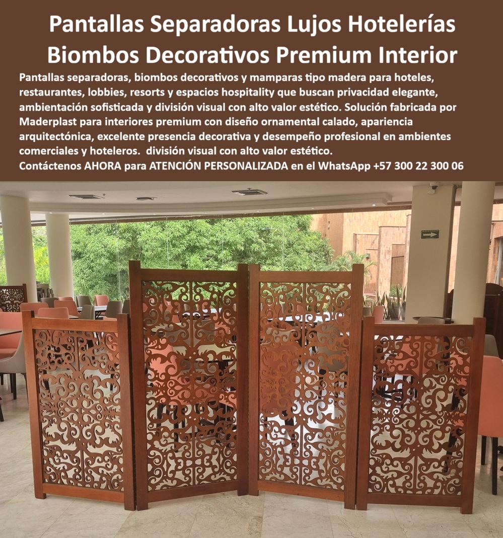 Pantallas Separadoras Biombos Madera Lujo Hotelería Maderplast - PANTALLAS SEPARADORAS Y BIOMBOS DECORATIVOS PARA HOTELERÍA: CUANDO LA DIVISIÓN DE ESPACIOS ES EN SÍ MISMA UNA OBRA DE ARTE Dividir un espacio en hotelería de alto estándar no es una decisión funcional: es una decisión arquitectónica. La diferencia entre una mampara industrial que separa áreas y un biombo decorativo calado que define ambientes con elegancia es exactamente la diferencia entre un hotel que cumple y un hotel que enamora. Las pantallas separadoras ornamentales tipo madera para lobbies, restaurantes y espacios hospitality fabricadas por Maderplast en polímero técnico termoplástico de alta densidad representan esa segunda categoría con una contundencia visual que la imagen confirma sin reservas: cuatro paneles articulados en tono caoba cálido, con calado ornamental de arabescos y volutas simétricas de precisión milimétrica, instalados en el restaurante de un hotel de categoría superior, creando una división visual de alto valor estético entre zonas sin interrumpir la luminosidad ni la amplitud percibida del espacio. El diseño calado no es decoración superficial aplicada sobre una estructura básica: es la estructura misma, mecanizada con precisión CNC sobre planchas de polímero técnico de espesor uniforme, con bordes internos perfectamente pulidos en cada recorte, sin rebabas, sin astillas, sin aristas cortantes. El tono caoba que muestra la imagen no es pintura ni laminado: es el color integral del material, lo que garantiza que un golpe lateral, el roce de una silla o el contacto con un objeto de limpieza no expone nunca una capa de color diferente por debajo ni genera una marca visible permanente. Esa propiedad técnica, invisible para el huésped que admira el biombo, es crítica para el jefe de mantenimiento que gestiona 200 habitaciones y no puede destinar personal a retoque de mobiliario decorativo cada trimestre. El arquitecto de interiores que especifica biombos decorativos premium para restaurantes y lobbies hoteleros enfrenta habitualmente una contradicción difícil: los materiales que logran el acabado visual requerido —madera tallada, MDF lacado, hierro forjado— son los mismos que generan los mayores costos de mantenimiento en ambientes de uso intensivo con variaciones de temperatura, humedad de climatización y tráfico continuo de personal de limpieza. La madera tallada se fisura con los ciclos de aire acondicionado. El MDF lacado pierde adherencia de la laca en zonas de contacto frecuente. El hierro forjado requiere tratamiento anticorrosivo periódico incluso en interiores con humedad ambiental controlada. Los separadores de ambientes termoplásticos de alta durabilidad de Maderplast resuelve esa contradicción de forma definitiva: apariencia de madera noble, desempeño de polímero técnico industrial. Sin fisuras por temperatura, sin pérdida de acabado superficial, sin oxidación, sin tratamiento periódico de ningún tipo, con una vida útil que supera en dos o tres ciclos completos a cualquiera de las alternativas convencionales. La modularidad del sistema permite configurar la instalación según las necesidades exactas del espacio: paneles independientes de pie con base estabilizadora, biombos articulados de dos a seis hojas, mamparas fijas ancladas a estructura o combinaciones mixtas que permiten reconfigurar el área según el tipo de evento o servicio. Cada pieza se fabrica sobre plano con las dimensiones, el patrón ornamental y el tono cromático que el proyecto de interiorismo requiera, con renders previos para aprobación de dirección artística y fichas técnicas detalladas para integración en especificaciones de obra. Maderplast diseña, fabrica e instala separadores de espacios decorativos calados para hotel con acompañamiento técnico completo desde la conceptualización hasta la puesta en operación. Para el gerente de compras que evalúa el costo total de propiedad, el cálculo es directo: un biombo de madera tallada de calidad comparable requiere entre dos y cuatro intervenciones de mantenimiento anuales en un ambiente hotelero de uso intensivo, con reposición parcial probable antes del quinto año. Las mamparas ornamentales tipo madera de fácil instalación de Maderplast no generan ninguno de esos costos. La inversión inicial es el único gasto real durante las siguientes dos décadas. Eso convierte cada pieza en un activo decorativo de largo plazo, no en un gasto operativo recurrente. Cuando el diseño y la durabilidad deben coexistir sin concesiones, Maderplast es la respuesta que los interioristas de alto nivel y los gerentes técnicos pueden defender juntos ante la misma dirección. Asesoría Especializada con un Especialista de Maderplast — Atención Personalizada en este WhatsApp: +57 300 22 300 06 Separadores Ambientes Termoplásticos Alta Durabilidad, Separadores Espacios Decorativos Calados Hotel Resistentes, Mamparas Ornamentales Tipo Madera Fácil Instalación, Biombos Pantallas Separadoras Biombos Madera Lujo Hotelería Maderplast Separadores Ambientes Termoplásticos Alta Durabilidad Separadores Espacios Decorativos Calados Hotel Resistentes Mamparas Ornamentales Tipo Madera Fácil Instalación Biombos PANTALLAS SEPARADORAS Y BIOMBOS DECORATIVOS PARA HOTELERÍA: CUANDO LA DIVISIÓN DE ESPACIOS ES EN SÍ MISMA UNA OBRA DE ARTE Dividir un espacio en hotelería de alto estándar no es una decisión funcional: es una decisión arquitectónica. La diferencia entre una mampara industrial que separa áreas y un biombo decorativo calado que define ambientes con elegancia es exactamente la diferencia entre un hotel que cumple y un hotel que enamora. Las pantallas separadoras ornamentales tipo madera para lobbies, restaurantes y espacios hospitality fabricadas por Maderplast en polímero técnico termoplástico de alta densidad representan esa segunda categoría con una contundencia visual que la imagen confirma sin reservas: cuatro paneles articulados en tono caoba cálido, con calado ornamental de arabescos y volutas simétricas de precisión milimétrica, instalados en el restaurante de un hotel de categoría superior, creando una división visual de alto valor estético entre zonas sin interrumpir la luminosidad ni la amplitud percibida del espacio. El diseño calado no es decoración superficial aplicada sobre una estructura básica: es la estructura misma, mecanizada con precisión CNC sobre planchas de polímero técnico de espesor uniforme, con bordes internos perfectamente pulidos en cada recorte, sin rebabas, sin astillas, sin aristas cortantes. El tono caoba que muestra la imagen no es pintura ni laminado: es el color integral del material, lo que garantiza que un golpe lateral, el roce de una silla o el contacto con un objeto de limpieza no expone nunca una capa de color diferente por debajo ni genera una marca visible permanente. Esa propiedad técnica, invisible para el huésped que admira el biombo, es crítica para el jefe de mantenimiento que gestiona 200 habitaciones y no puede destinar personal a retoque de mobiliario decorativo cada trimestre. El arquitecto de interiores que especifica biombos decorativos premium para restaurantes y lobbies hoteleros enfrenta habitualmente una contradicción difícil: los materiales que logran el acabado visual requerido —madera tallada, MDF lacado, hierro forjado— son los mismos que generan los mayores costos de mantenimiento en ambientes de uso intensivo con variaciones de temperatura, humedad de climatización y tráfico continuo de personal de limpieza. La madera tallada se fisura con los ciclos de aire acondicionado. El MDF lacado pierde adherencia de la laca en zonas de contacto frecuente. El hierro forjado requiere tratamiento anticorrosivo periódico incluso en interiores con humedad ambiental controlada. Los separadores de ambientes termoplásticos de alta durabilidad de Maderplast resuelve esa contradicción de forma definitiva: apariencia de madera noble, desempeño de polímero técnico industrial. Sin fisuras por temperatura, sin pérdida de acabado superficial, sin oxidación, sin tratamiento periódico de ningún tipo, con una vida útil que supera en dos o tres ciclos completos a cualquiera de las alternativas convencionales. La modularidad del sistema permite configurar la instalación según las necesidades exactas del espacio: paneles independientes de pie con base estabilizadora, biombos articulados de dos a seis hojas, mamparas fijas ancladas a estructura o combinaciones mixtas que permiten reconfigurar el área según el tipo de evento o servicio. Cada pieza se fabrica sobre plano con las dimensiones, el patrón ornamental y el tono cromático que el proyecto de interiorismo requiera, con renders previos para aprobación de dirección artística y fichas técnicas detalladas para integración en especificaciones de obra. Maderplast diseña, fabrica e instala separadores de espacios decorativos calados para hotel con acompañamiento técnico completo desde la conceptualización hasta la puesta en operación. Para el gerente de compras que evalúa el costo total de propiedad, el cálculo es directo: un biombo de madera tallada de calidad comparable requiere entre dos y cuatro intervenciones de mantenimiento anuales en un ambiente hotelero de uso intensivo, con reposición parcial probable antes del quinto año. Las mamparas ornamentales tipo madera de fácil instalación de Maderplast no generan ninguno de esos costos. La inversión inicial es el único gasto real durante las siguientes dos décadas. Eso convierte cada pieza en un activo decorativo de largo plazo, no en un gasto operativo recurrente. Cuando el diseño y la durabilidad deben coexistir sin concesiones, Maderplast es la respuesta que los interioristas de alto nivel y los gerentes técnicos pueden defender juntos ante la misma dirección. Asesoría Especializada con un Especialista de Maderplast — Atención Personalizada en este WhatsApp: +57 300 22 300 06