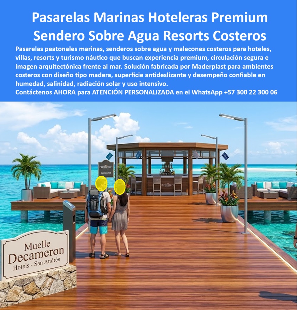 Pasarelas Peatonales Marinas Sendero Malecón Costero Maderplast - Pasarelas Peatonales Marinas Sobre El Agua Que Resisten Salinidad Y Uso Intensivo Fabricadas Por Maderplast Las pasarelas peatonales marinas, senderos elevados sobre el agua, malecones turísticos y corredores costeros fabricados por Maderplast fueron desarrollados para resolver uno de los mayores desafíos de hoteles, resorts, marinas, clubes náuticos y complejos turísticos frente al mar: construir infraestructura elegante, segura y durable en ambientes donde la humedad permanente, la salinidad y la radiación solar deterioran rápidamente los materiales tradicionales. Maderplast fabrica pasarelas marinas, senderos costeros, malecones peatonales, plataformas panorámicas, puentes turísticos, muelles recreativos y corredores elevados con apariencia tipo madera natural, pero con la ventaja de no oxidarse, no pudrirse, no astillarse y no sufrir los problemas típicos de la madera convencional o de las estructuras metálicas expuestas al ambiente marino. Su superficie antideslizante contribuye a la seguridad de huéspedes y visitantes incluso en condiciones de humedad constante, lluvia o rocío marino. Una de las mayores ventajas de estas soluciones es que Maderplast también fabrica la estructura inferior completa del sistema, incluyendo vigas, durmientes, pilotes, perfiles estructurales y elementos de soporte en material plástico de alta ingeniería. Esto permite eliminar riesgos asociados a corrosión interna, pudrición, ataques biológicos y deterioro acelerado causados por el agua salada, logrando proyectos más duraderos y con menores costos de mantenimiento a largo plazo. Estas pasarelas son ampliamente utilizadas en hoteles frente al mar, villas turísticas, islas, clubes de playa, restaurantes costeros, marinas deportivas, parques ecoturísticos, complejos vacacionales y desarrollos inmobiliarios de alto nivel que buscan ofrecer experiencias memorables y una imagen arquitectónica diferenciadora. Además de mejorar la movilidad de los visitantes, crean espacios fotográficos altamente atractivos que incrementan el valor percibido del proyecto y fortalecen la experiencia del huésped. Caso de éxito En proyectos turísticos costeros donde la exposición permanente al ambiente marino había deteriorado repetidamente estructuras tradicionales, se implementaron pasarelas y plataformas fabricadas por Maderplast para mejorar la circulación peatonal y la experiencia de los visitantes. La solución permitió mantener una excelente apariencia arquitectónica frente al mar mientras reducía significativamente los costos asociados a reparación, corrosión y reposición de materiales afectados por la salinidad. Testimonio de cliente "Buscábamos una pasarela que pudiera permanecer frente al mar sin los problemas habituales de corrosión y deterioro. Después de varios años de operación, la estructura instalada por Maderplast continúa conservando su apariencia, estabilidad y seguridad. Nuestros huéspedes la utilizan constantemente y sigue siendo uno de los espacios más fotografiados y valorados del complejo." Por estas razones, las pasarelas peatonales marinas fabricadas por Maderplast se han convertido en una de las soluciones preferidas para hoteles, resorts, clubes náuticos, malecones turísticos, senderos costeros, plataformas panorámicas y desarrollos recreativos que requieren máxima durabilidad, excelente presentación y comportamiento confiable en ambientes de alta salinidad y humedad permanente. Contáctenos AHORA para la ATENCIÓN PERSONALIZADA de Maderplast en el WhatsApp +57 300 22 300 06. Senderos Sobre Agua Para Villas Y Hoteles Costeros, Sendero Elevado Hotelero Ecologico Antideslizante Libre Mantenimiento, Pasos Elevados Turismo, Pasar Marino Y Recreacional Pasarelas Peatonales Marinas Sendero Malecón Costero Maderplast Senderos Sobre Agua Para Villas Y Hoteles Costeros Sendero Elevado Hotelero Ecologico Antideslizante Libre Mantenimiento Pasos Elevados Turismo Pasar Marino Y Recreacional Pasarelas Peatonales Marinas Sobre El Agua Que Resisten Salinidad Y Uso Intensivo Fabricadas Por Maderplast Las pasarelas peatonales marinas, senderos elevados sobre el agua, malecones turísticos y corredores costeros fabricados por Maderplast fueron desarrollados para resolver uno de los mayores desafíos de hoteles, resorts, marinas, clubes náuticos y complejos turísticos frente al mar: construir infraestructura elegante, segura y durable en ambientes donde la humedad permanente, la salinidad y la radiación solar deterioran rápidamente los materiales tradicionales. Maderplast fabrica pasarelas marinas, senderos costeros, malecones peatonales, plataformas panorámicas, puentes turísticos, muelles recreativos y corredores elevados con apariencia tipo madera natural, pero con la ventaja de no oxidarse, no pudrirse, no astillarse y no sufrir los problemas típicos de la madera convencional o de las estructuras metálicas expuestas al ambiente marino. Su superficie antideslizante contribuye a la seguridad de huéspedes y visitantes incluso en condiciones de humedad constante, lluvia o rocío marino. Una de las mayores ventajas de estas soluciones es que Maderplast también fabrica la estructura inferior completa del sistema, incluyendo vigas, durmientes, pilotes, perfiles estructurales y elementos de soporte en material plástico de alta ingeniería. Esto permite eliminar riesgos asociados a corrosión interna, pudrición, ataques biológicos y deterioro acelerado causados por el agua salada, logrando proyectos más duraderos y con menores costos de mantenimiento a largo plazo. Estas pasarelas son ampliamente utilizadas en hoteles frente al mar, villas turísticas, islas, clubes de playa, restaurantes costeros, marinas deportivas, parques ecoturísticos, complejos vacacionales y desarrollos inmobiliarios de alto nivel que buscan ofrecer experiencias memorables y una imagen arquitectónica diferenciadora. Además de mejorar la movilidad de los visitantes, crean espacios fotográficos altamente atractivos que incrementan el valor percibido del proyecto y fortalecen la experiencia del huésped. Caso de éxito En proyectos turísticos costeros donde la exposición permanente al ambiente marino había deteriorado repetidamente estructuras tradicionales, se implementaron pasarelas y plataformas fabricadas por Maderplast para mejorar la circulación peatonal y la experiencia de los visitantes. La solución permitió mantener una excelente apariencia arquitectónica frente al mar mientras reducía significativamente los costos asociados a reparación, corrosión y reposición de materiales afectados por la salinidad. Testimonio de cliente "Buscábamos una pasarela que pudiera permanecer frente al mar sin los problemas habituales de corrosión y deterioro. Después de varios años de operación, la estructura instalada por Maderplast continúa conservando su apariencia, estabilidad y seguridad. Nuestros huéspedes la utilizan constantemente y sigue siendo uno de los espacios más fotografiados y valorados del complejo." Por estas razones, las pasarelas peatonales marinas fabricadas por Maderplast se han convertido en una de las soluciones preferidas para hoteles, resorts, clubes náuticos, malecones turísticos, senderos costeros, plataformas panorámicas y desarrollos recreativos que requieren máxima durabilidad, excelente presentación y comportamiento confiable en ambientes de alta salinidad y humedad permanente. Contáctenos AHORA para la ATENCIÓN PERSONALIZADA de Maderplast en el WhatsApp +57 300 22 300 06.