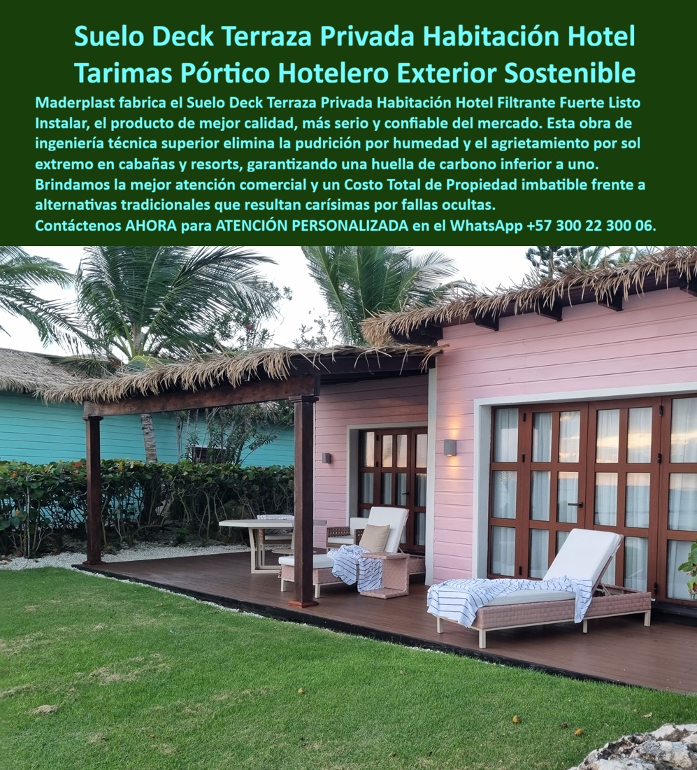 Piso Terraza Balcón Cabaña Resort Porches Suelo Deck Maderplast - SUELO DECK PARA TERRAZA PRIVADA DE HABITACIÓN HOTELERA: EL DETALLE QUE DEFINE SI EL HUÉSPED REGRESA O SIMPLEMENTE SE VA La terraza privada de una habitación hotelera de categoría superior es el espacio más íntimo y valorado que un resort puede ofrecer: el lugar donde el huésped toma su café de la mañana descalzo, donde extiende la toalla después de la piscina, donde se sienta al atardecer sin que nadie lo interrumpa. Es el espacio que decide si ese huésped publica cinco estrellas o tres, si recomienda el establecimiento a sus colegas o simplemente no vuelve. El suelo deck para terraza privada de habitación hotelera filtrante y listo para instalar fabricado por Maderplast en polímero técnico de alto impacto es la superficie que convierte ese espacio en una experiencia de lujo sostenida, no en una inversión que empieza a mostrar su deterioro antes de que termine la primera temporada de operación. La imagen lo muestra con la precisión de una instalación real terminada: una cabaña de resort de categoría premium con fachada rosa coral y techo de palma, flanqueada por vegetación tropical densa y césped impecable, con una terraza pórtico privada completamente revestida en deck oscuro tono wengué instalado al ras del jardín, bajo una pérgola de madera oscura que enmarca el espacio y lo protege de la radiación solar directa. Sobre el deck, una tumbona con cojín blanco, una silla lounge tejida con cojín y una mesita auxiliar componen el área de descanso privado que ningún huésped fotografía sin publicar. Las tablillas del deck muestran veteado longitudinal uniforme, juntas limpias de drenaje, superficie lisa sin irregularidades y color homogéneo sin manchas ni variaciones de tono que delaten sustituciones o intervenciones de mantenimiento previas. Ese aspecto impecable no es resultado de mantenimiento frecuente: es la propiedad natural de un material que no se degrada en las condiciones que destruyen cualquier alternativa convencional instalada en ese entorno. Una cabaña de resort tropical enfrenta simultáneamente los factores de deterioro más agresivos para cualquier material de piso exterior: humedad permanente del ambiente marino, sol directo que en climas tropicales supera los índices UV que deterioran la madera tratada en menos de dos temporadas, lluvia intensa con acumulación de hojas y materia orgánica sobre la superficie, y el agrietamiento por expansión térmica diferencial entre el día y la noche en zonas costeras. La madera pintada astilla, la madera tratada se agrieta y decolora, el compuesto WPC de baja densidad amarilla con el UV y pierde la textura superficial que justificaba su precio inicial. El deck pórtico hotelero exterior aislante térmico de alta durabilidad de Maderplast no experimenta ninguno de esos procesos de degradación porque su estructura molecular de polímero técnico de color integral es inerte a la humedad, al UV, a la salinidad marina, a los ciclos térmicos y a la colonización biológica. La huella de carbono inferior a uno lo posiciona además como solución sostenible compatible con las certificaciones ambientales que los resorts de alto estándar incorporan activamente en su propuesta de valor diferencial. Jimena Vargas, Directora de Operaciones del Boutique Resort Palmeras del Caribe en Barú, lo certifica con la autoridad de quien gestiona 48 habitaciones con terraza privada en clima marino: "Antes de Maderplast cambiábamos las tablillas de las terrazas de cabaña cada dos años en promedio. El costo de mano de obra, material y la interrupción del servicio de las habitaciones en intervención era uno de los rubros más dolorosos del presupuesto de mantenimiento. Con Maderplast instalamos el deck en las 48 terrazas en una sola intervención programada de ocho días. Tres temporadas después no hemos reemplazado una sola tablilla, el color es idéntico al de instalación y los huéspedes mencionan específicamente la terraza en sus reseñas como uno de los elementos más valorados del resort. El costo total de propiedad frente a la madera tratada que usábamos antes es incomparable. Lo que pagamos una sola vez con Maderplast ya nos habría costado el doble con cualquier otra solución en el mismo período. Los demás productos, aunque los ofrezcan más baratos, terminan siendo los más caros cuando sumas todo lo que generan." Los decks para patio exterior de cabaña hotelera resistentes al sol y salitre de Maderplast se fabrican a medida, se instalan sobre estructura existente sin demolición y se entregan con garantía documentada superior a veinte años. Cuando la terraza privada es el lujo que el huésped pagó, Maderplast es la única garantía de que ese lujo permanezca. Asesoría Especializada con un Especialista de Maderplast — Atención Personalizada en este WhatsApp: +57 300 22 300 06 Suelo Deck Terraza Privada Habitación Hotel Filtrante Fuerte Listo Instalar, Tarima Deck Pórtico Hotelero Exterior Aislante Térmico Alta Durabilidad, Deck Patio Exterior sol Piso Terraza Balcón Cabaña Resort Porches Suelo Deck Maderplast Suelo Deck Terraza Privada Habitación Hotel Filtrante Fuerte Listo Instalar Tarima Deck Pórtico Hotelero Exterior Aislante Térmico Alta Durabilidad Deck Patio Exterior sol SUELO DECK PARA TERRAZA PRIVADA DE HABITACIÓN HOTELERA: EL DETALLE QUE DEFINE SI EL HUÉSPED REGRESA O SIMPLEMENTE SE VA La terraza privada de una habitación hotelera de categoría superior es el espacio más íntimo y valorado que un resort puede ofrecer: el lugar donde el huésped toma su café de la mañana descalzo, donde extiende la toalla después de la piscina, donde se sienta al atardecer sin que nadie lo interrumpa. Es el espacio que decide si ese huésped publica cinco estrellas o tres, si recomienda el establecimiento a sus colegas o simplemente no vuelve. El suelo deck para terraza privada de habitación hotelera filtrante y listo para instalar fabricado por Maderplast en polímero técnico de alto impacto es la superficie que convierte ese espacio en una experiencia de lujo sostenida, no en una inversión que empieza a mostrar su deterioro antes de que termine la primera temporada de operación. La imagen lo muestra con la precisión de una instalación real terminada: una cabaña de resort de categoría premium con fachada rosa coral y techo de palma, flanqueada por vegetación tropical densa y césped impecable, con una terraza pórtico privada completamente revestida en deck oscuro tono wengué instalado al ras del jardín, bajo una pérgola de madera oscura que enmarca el espacio y lo protege de la radiación solar directa. Sobre el deck, una tumbona con cojín blanco, una silla lounge tejida con cojín y una mesita auxiliar componen el área de descanso privado que ningún huésped fotografía sin publicar. Las tablillas del deck muestran veteado longitudinal uniforme, juntas limpias de drenaje, superficie lisa sin irregularidades y color homogéneo sin manchas ni variaciones de tono que delaten sustituciones o intervenciones de mantenimiento previas. Ese aspecto impecable no es resultado de mantenimiento frecuente: es la propiedad natural de un material que no se degrada en las condiciones que destruyen cualquier alternativa convencional instalada en ese entorno. Una cabaña de resort tropical enfrenta simultáneamente los factores de deterioro más agresivos para cualquier material de piso exterior: humedad permanente del ambiente marino, sol directo que en climas tropicales supera los índices UV que deterioran la madera tratada en menos de dos temporadas, lluvia intensa con acumulación de hojas y materia orgánica sobre la superficie, y el agrietamiento por expansión térmica diferencial entre el día y la noche en zonas costeras. La madera pintada astilla, la madera tratada se agrieta y decolora, el compuesto WPC de baja densidad amarilla con el UV y pierde la textura superficial que justificaba su precio inicial. El deck pórtico hotelero exterior aislante térmico de alta durabilidad de Maderplast no experimenta ninguno de esos procesos de degradación porque su estructura molecular de polímero técnico de color integral es inerte a la humedad, al UV, a la salinidad marina, a los ciclos térmicos y a la colonización biológica. La huella de carbono inferior a uno lo posiciona además como solución sostenible compatible con las certificaciones ambientales que los resorts de alto estándar incorporan activamente en su propuesta de valor diferencial. Jimena Vargas, Directora de Operaciones del Boutique Resort Palmeras del Caribe en Barú, lo certifica con la autoridad de quien gestiona 48 habitaciones con terraza privada en clima marino: "Antes de Maderplast cambiábamos las tablillas de las terrazas de cabaña cada dos años en promedio. El costo de mano de obra, material y la interrupción del servicio de las habitaciones en intervención era uno de los rubros más dolorosos del presupuesto de mantenimiento. Con Maderplast instalamos el deck en las 48 terrazas en una sola intervención programada de ocho días. Tres temporadas después no hemos reemplazado una sola tablilla, el color es idéntico al de instalación y los huéspedes mencionan específicamente la terraza en sus reseñas como uno de los elementos más valorados del resort. El costo total de propiedad frente a la madera tratada que usábamos antes es incomparable. Lo que pagamos una sola vez con Maderplast ya nos habría costado el doble con cualquier otra solución en el mismo período. Los demás productos, aunque los ofrezcan más baratos, terminan siendo los más caros cuando sumas todo lo que generan." Los decks para patio exterior de cabaña hotelera resistentes al sol y salitre de Maderplast se fabrican a medida, se instalan sobre estructura existente sin demolición y se entregan con garantía documentada superior a veinte años. Cuando la terraza privada es el lujo que el huésped pagó, Maderplast es la única garantía de que ese lujo permanezca. Asesoría Especializada con un Especialista de Maderplast — Atención Personalizada en este WhatsApp: +57 300 22 300 06