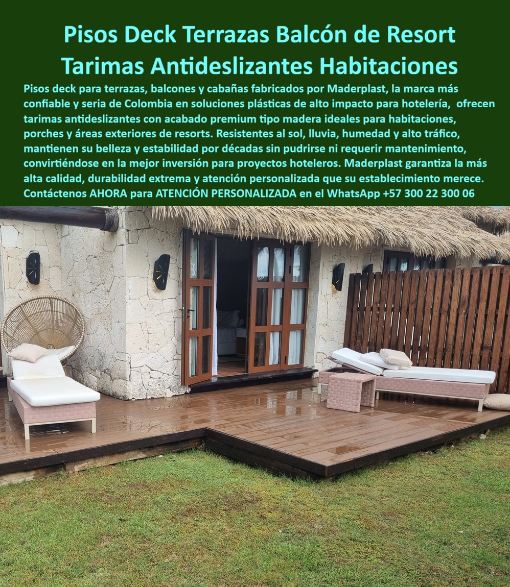 Piso Terraza Balcón Cabaña Resort Porches Suelo Deck Maderplast - DECKS Y TARIMAS PARA TERRAZAS HOTELERAS: LA INVERSIÓN QUE TRANSFORMA UN RESORT EN UNA EXPERIENCIA INOLVIDABLE La primera impresión de un huésped no comienza en el lobby: comienza en el momento en que sus pies tocan la terraza de su cabaña y siente bajo ellos una superficie cálida, firme, estéticamente impecable, que transmite lujo sin esfuerzo. Ese instante define la calificación del establecimiento en las plataformas de reservas, la recomendación verbal del cliente y el retorno de la inversión hotelera. Los decks plásticos tipo madera para terrazas de resort, fabricados por Maderplast con polímero técnico de alta densidad, están diseñados precisamente para crear ese momento, y sostenerlo durante más de 20 años sin una sola intervención de mantenimiento. La imagen lo dice todo con la contundencia que solo da la realidad instalada: una plataforma flotada en tono caoba cálido, tablillas ensambladas con precisión milimétrica, superficie antideslizante activa bajo lluvia intensa, bordes pulidos y color homogéneo que no se destiñe, no se astilla y no se degrada. Frente a una cabaña de techo de palma con paredes de piedra natural, el entarimado exterior hotelero Maderplast no compite con el entorno: lo complementa y lo eleva. Ese acabado premium tipo madera no es madera. Es un perfil plástico de ingeniería que supera a la madera en todo lo que importa para la operación hotelera real: impermeabilidad total, resistencia certificada al salitre marino, inmunidad a los rayos UV, cero absorción de humedad, cero pudrición, cero colonización por insectos y cero costo de mantenimiento anual. El gerente de proyectos que ha lidiado con pisos exteriores de hotel que se deterioran en dos temporadas conoce el ciclo frustrante: madera tratada que se agrieta con el sol, WPC importado que se decolora con la salinidad, cerámicas antideslizantes que se fracturan bajo tráfico intenso, estructuras metálicas que oxidan y manchan las áreas adyacentes. Cada reposición consume entre el 15% y el 22% del presupuesto operativo anual de mantenimiento, genera quejas estéticas de huéspedes, deteriora la imagen del establecimiento y, lo más costoso de todo, interrumpe la operación. Los suelos flotadores tipo madera plástica para exteriores de resort de Maderplast eliminan ese ciclo de raíz. La inversión inicial se convierte en el último gasto que hará en ese piso por las próximas dos décadas. La evidencia técnica respalda cada afirmación: pruebas de laboratorio extremas disponibles en el canal oficial de YouTube de Maderplast muestran los materiales sometidos a retroexcavadora, rotomartillo y mazo de construcción sin colapso estructural. Las fichas técnicas con planos acotados en milímetros, detalles de anclaje y certificados de resistencia están disponibles para descarga inmediata, listas para adjuntarse a especificaciones de obra o pliegos de licitación. Cuando un ingeniero jefe de compras necesita un documento que respalde su decisión ante la dirección, Maderplast lo tiene preparado. Eso no es venta: es soporte técnico profesional que elimina el riesgo percibido y acelera la firma de la orden de compra. Los pisos deck para balcones de hotel resistentes al salitre y UV, las tarimas antideslizantes para porches de cabaña turística, los suelos perimetrales de piscina inoxidables y los entarimados de patio trasero para habitaciones hoteleras que produce Maderplast se fabrican a medida, sobre plano, con renders previos para aprobación y acompañamiento técnico desde el anteproyecto hasta la puesta en marcha llave en mano. El color integral del material garantiza que no se pela ni requiere repintura. La baja huella de carbono —inferior a 0.77 -- posiciona estos productos como solución compatible con certificaciones sostenibles LEED y EDGE, un argumento creciente en los proyectos hoteleros de alto estándar. Comparar el precio de un deck Maderplast con el de una alternativa convencional sin considerar el costo total de propiedad es el error más caro que puede cometer un comprador técnico. Un piso que falla en tres años y exige reposición, más mantenimiento anual, más pérdida de imagen, más quejas de huéspedes, termina costando entre tres y cinco veces más que una solución definitiva instalada correctamente desde el primer día. Los demás productos, aunque los ofrezcan sin costo, resultan carísimos al sumar sus consecuencias reales. Maderplast fabrica en Colombia para proyectos hoteleros nacionales e internacionales. Cotización personalizada, muestras físicas, planos técnicos y asesoría de ingeniería disponibles de inmediato. Asesoría Especializada con un Especialista de Maderplast — Atención Personalizada en este WhatsApp: +57 300 22 300 06 Tarima Deck Terrazas Habitación Hotelera Antideslizante Libre Mantenimiento, Suelos Para Exteriores Hotel Eternos Alta Durabilidad, Entarimado Patio Trasero Habitación Hotel Piso Terraza Balcón Cabaña Resort Porches Suelo Deck Maderplast Tarima Deck Terrazas Habitación Hotelera Antideslizante Libre Mantenimiento Suelos Para Exteriores Hotel Eternos Alta Durabilidad Entarimado Patio Trasero Habitación Hotel DECKS Y TARIMAS PARA TERRAZAS HOTELERAS: LA INVERSIÓN QUE TRANSFORMA UN RESORT EN UNA EXPERIENCIA INOLVIDABLE La primera impresión de un huésped no comienza en el lobby: comienza en el momento en que sus pies tocan la terraza de su cabaña y siente bajo ellos una superficie cálida, firme, estéticamente impecable, que transmite lujo sin esfuerzo. Ese instante define la calificación del establecimiento en las plataformas de reservas, la recomendación verbal del cliente y el retorno de la inversión hotelera. Los decks plásticos tipo madera para terrazas de resort, fabricados por Maderplast con polímero técnico de alta densidad, están diseñados precisamente para crear ese momento, y sostenerlo durante más de 20 años sin una sola intervención de mantenimiento. La imagen lo dice todo con la contundencia que solo da la realidad instalada: una plataforma flotada en tono caoba cálido, tablillas ensambladas con precisión milimétrica, superficie antideslizante activa bajo lluvia intensa, bordes pulidos y color homogéneo que no se destiñe, no se astilla y no se degrada. Frente a una cabaña de techo de palma con paredes de piedra natural, el entarimado exterior hotelero Maderplast no compite con el entorno: lo complementa y lo eleva. Ese acabado premium tipo madera no es madera. Es un perfil plástico de ingeniería que supera a la madera en todo lo que importa para la operación hotelera real: impermeabilidad total, resistencia certificada al salitre marino, inmunidad a los rayos UV, cero absorción de humedad, cero pudrición, cero colonización por insectos y cero costo de mantenimiento anual. El gerente de proyectos que ha lidiado con pisos exteriores de hotel que se deterioran en dos temporadas conoce el ciclo frustrante: madera tratada que se agrieta con el sol, WPC importado que se decolora con la salinidad, cerámicas antideslizantes que se fracturan bajo tráfico intenso, estructuras metálicas que oxidan y manchan las áreas adyacentes. Cada reposición consume entre el 15% y el 22% del presupuesto operativo anual de mantenimiento, genera quejas estéticas de huéspedes, deteriora la imagen del establecimiento y, lo más costoso de todo, interrumpe la operación. Los suelos flotadores tipo madera plástica para exteriores de resort de Maderplast eliminan ese ciclo de raíz. La inversión inicial se convierte en el último gasto que hará en ese piso por las próximas dos décadas. La evidencia técnica respalda cada afirmación: pruebas de laboratorio extremas disponibles en el canal oficial de YouTube de Maderplast muestran los materiales sometidos a retroexcavadora, rotomartillo y mazo de construcción sin colapso estructural. Las fichas técnicas con planos acotados en milímetros, detalles de anclaje y certificados de resistencia están disponibles para descarga inmediata, listas para adjuntarse a especificaciones de obra o pliegos de licitación. Cuando un ingeniero jefe de compras necesita un documento que respalde su decisión ante la dirección, Maderplast lo tiene preparado. Eso no es venta: es soporte técnico profesional que elimina el riesgo percibido y acelera la firma de la orden de compra. Los pisos deck para balcones de hotel resistentes al salitre y UV, las tarimas antideslizantes para porches de cabaña turística, los suelos perimetrales de piscina inoxidables y los entarimados de patio trasero para habitaciones hoteleras que produce Maderplast se fabrican a medida, sobre plano, con renders previos para aprobación y acompañamiento técnico desde el anteproyecto hasta la puesta en marcha llave en mano. El color integral del material garantiza que no se pela ni requiere repintura. La baja huella de carbono —inferior a 0.77 -- posiciona estos productos como solución compatible con certificaciones sostenibles LEED y EDGE, un argumento creciente en los proyectos hoteleros de alto estándar. Comparar el precio de un deck Maderplast con el de una alternativa convencional sin considerar el costo total de propiedad es el error más caro que puede cometer un comprador técnico. Un piso que falla en tres años y exige reposición, más mantenimiento anual, más pérdida de imagen, más quejas de huéspedes, termina costando entre tres y cinco veces más que una solución definitiva instalada correctamente desde el primer día. Los demás productos, aunque los ofrezcan sin costo, resultan carísimos al sumar sus consecuencias reales. Maderplast fabrica en Colombia para proyectos hoteleros nacionales e internacionales. Cotización personalizada, muestras físicas, planos técnicos y asesoría de ingeniería disponibles de inmediato. Asesoría Especializada con un Especialista de Maderplast — Atención Personalizada en este WhatsApp: +57 300 22 300 06