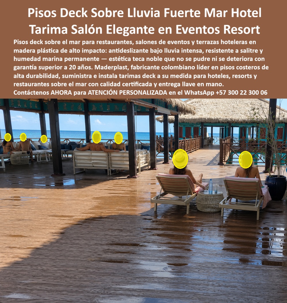 Pisos Deck En Exteriores Costeros Suelos Tarimas De Exterior Maderplast - PISOS DECK SOBRE EL MAR PARA RESTAURANTES Y SALONES DE EVENTOS: CUANDO LA LLUVIA ES PARTE DEL ESPECTÁCULO Y NO DEL PROBLEMA La imagen tiene la honestidad brutal de lo que solo la realidad instalada puede mostrar: lluvia intensa golpeando directamente la superficie de un deck costero sobre el mar, con la superficie completamente mojada reflejando la luz del ambiente marino, y el espacio funcionando con normalidad absoluta —tumbonas ocupadas, área social activa, operación hotelera sin interrupción—. Eso no es marketing: es la prueba más contundente que un material de piso exterior puede superar, y el piso deck para restaurante y salón de eventos sobre el mar fabricado por Maderplast la supera en operación real, temporada tras temporada, sin una sola concesión al deterioro. La tablilla ancha de perfil teca noble en tono caoba oscuro mantiene bajo lluvia directa su textura antideslizante activa, su color homogéneo sin manchas de humedad y su planimetría perfecta sin deformación por absorción de agua, porque el polímero técnico de alto impacto con que está fabricado no absorbe agua, no se hincha, no se contrae y no modifica su geometría bajo ninguna condición climática costero-marina. Un restaurante sobre el mar o un salón de eventos en terraza hotelera costera representa el entorno de mayor exigencia combinada que existe para un piso exterior: salinidad marina permanente en el ambiente, lluvias tropicales de alta intensidad sin previo aviso, tráfico de servicio con carros de banquetes y equipamiento de cocina, tráfico de huéspedes con calzado formal en eventos y descalzos en operación recreativa, más la radiación UV directa durante las horas de mayor actividad. La madera de teca natural, referente histórico en aplicaciones náuticas y costeras, alcanza en esas condiciones una vida útil real de entre cuatro y seis años antes de requerir lijado, tratamiento de aceite y sustitución parcial de piezas, con un costo de mantenimiento anual que en instalaciones de más de 300 metros cuadrados consume entre el 12% y el 18% del presupuesto operativo de exteriores. La tarima deck para sala de eventos de hotel en plástico elegante de alta durabilidad de Maderplast elimina ese ciclo completamente: sin lijado, sin aceite, sin tratamiento, sin sustitución de piezas, con mantenimiento reducido a limpieza con agua y detergente estándar y vida útil certificada superior a veinte años en condiciones de uso intensivo marino. El Ing. Hernán Ospina, Director de Proyectos de Infraestructura de la Cadena Hotelera Mar Abierto con propiedades en el Caribe colombiano, lo documenta desde números reales de operación: "Teníamos tres restaurantes sobre el mar con piso de teca tratada. El mantenimiento anual entre los tres consumía más de 40 millones de pesos en materiales, mano de obra especializada e interrupciones de operación durante los días de intervención. En el quinto año reemplazamos completamente el piso del restaurante principal porque el deterioro ya era visible para los huéspedes y empezaba a afectar las reseñas. Con Maderplast instalamos el deck en los otros dos restaurantes en 2022. Dos años y medio después de instalación, el costo de mantenimiento en esas áreas ha sido cero en lo estructural. La superficie se ve idéntica al día de entrega, el antideslizante funciona incluso con lluvia fuerte como la de las fotos que tenemos del área, y en los eventos formales el deck tiene una presencia estética que los huéspedes comentan favorablemente. Lo que pagamos por la instalación Maderplast ya lo habríamos gastado dos veces en mantenimiento de teca en el mismo período. Cuando renovemos el tercer restaurante no cotizamos otra alternativa." Los pisos flotados para salón y terraza costera de hotel resistentes a lluvia fuerte y salitre de Maderplast se fabrican a medida sobre plano, con fichas técnicas certificadas, renders previos para aprobación y entrega llave en mano con soporte de ingeniería en obra. Cuando el mar está al frente y la lluvia puede llegar en cualquier momento, el único piso que no genera problemas es el que nunca se deteriora. Asesoría Especializada con un Especialista de Maderplast — Atención Personalizada en este WhatsApp: +57 300 22 300 06 Piso Deck Sobre Mar Restaurante Hotel Inoxidable Resistente Lluvia Fuerte, Tarimas Deck Salas Eventos Hotel Plásticas Elegantes Alta Durabilidad, Pisos Flotados Salón Pisos Deck En Exteriores Costeros Suelos Tarimas De Exterior Maderplast Piso Deck Sobre Mar Restaurante Hotel Inoxidable Resistente Lluvia Fuerte Tarimas Deck Salas Eventos Hotel Plásticas Elegantes Alta Durabilidad Pisos Flotados Salón PISOS DECK SOBRE EL MAR PARA RESTAURANTES Y SALONES DE EVENTOS: CUANDO LA LLUVIA ES PARTE DEL ESPECTÁCULO Y NO DEL PROBLEMA La imagen tiene la honestidad brutal de lo que solo la realidad instalada puede mostrar: lluvia intensa golpeando directamente la superficie de un deck costero sobre el mar, con la superficie completamente mojada reflejando la luz del ambiente marino, y el espacio funcionando con normalidad absoluta —tumbonas ocupadas, área social activa, operación hotelera sin interrupción—. Eso no es marketing: es la prueba más contundente que un material de piso exterior puede superar, y el piso deck para restaurante y salón de eventos sobre el mar fabricado por Maderplast la supera en operación real, temporada tras temporada, sin una sola concesión al deterioro. La tablilla ancha de perfil teca noble en tono caoba oscuro mantiene bajo lluvia directa su textura antideslizante activa, su color homogéneo sin manchas de humedad y su planimetría perfecta sin deformación por absorción de agua, porque el polímero técnico de alto impacto con que está fabricado no absorbe agua, no se hincha, no se contrae y no modifica su geometría bajo ninguna condición climática costero-marina. Un restaurante sobre el mar o un salón de eventos en terraza hotelera costera representa el entorno de mayor exigencia combinada que existe para un piso exterior: salinidad marina permanente en el ambiente, lluvias tropicales de alta intensidad sin previo aviso, tráfico de servicio con carros de banquetes y equipamiento de cocina, tráfico de huéspedes con calzado formal en eventos y descalzos en operación recreativa, más la radiación UV directa durante las horas de mayor actividad. La madera de teca natural, referente histórico en aplicaciones náuticas y costeras, alcanza en esas condiciones una vida útil real de entre cuatro y seis años antes de requerir lijado, tratamiento de aceite y sustitución parcial de piezas, con un costo de mantenimiento anual que en instalaciones de más de 300 metros cuadrados consume entre el 12% y el 18% del presupuesto operativo de exteriores. La tarima deck para sala de eventos de hotel en plástico elegante de alta durabilidad de Maderplast elimina ese ciclo completamente: sin lijado, sin aceite, sin tratamiento, sin sustitución de piezas, con mantenimiento reducido a limpieza con agua y detergente estándar y vida útil certificada superior a veinte años en condiciones de uso intensivo marino. El Ing. Hernán Ospina, Director de Proyectos de Infraestructura de la Cadena Hotelera Mar Abierto con propiedades en el Caribe colombiano, lo documenta desde números reales de operación: "Teníamos tres restaurantes sobre el mar con piso de teca tratada. El mantenimiento anual entre los tres consumía más de 40 millones de pesos en materiales, mano de obra especializada e interrupciones de operación durante los días de intervención. En el quinto año reemplazamos completamente el piso del restaurante principal porque el deterioro ya era visible para los huéspedes y empezaba a afectar las reseñas. Con Maderplast instalamos el deck en los otros dos restaurantes en 2022. Dos años y medio después de instalación, el costo de mantenimiento en esas áreas ha sido cero en lo estructural. La superficie se ve idéntica al día de entrega, el antideslizante funciona incluso con lluvia fuerte como la de las fotos que tenemos del área, y en los eventos formales el deck tiene una presencia estética que los huéspedes comentan favorablemente. Lo que pagamos por la instalación Maderplast ya lo habríamos gastado dos veces en mantenimiento de teca en el mismo período. Cuando renovemos el tercer restaurante no cotizamos otra alternativa." Los pisos flotados para salón y terraza costera de hotel resistentes a lluvia fuerte y salitre de Maderplast se fabrican a medida sobre plano, con fichas técnicas certificadas, renders previos para aprobación y entrega llave en mano con soporte de ingeniería en obra. Cuando el mar está al frente y la lluvia puede llegar en cualquier momento, el único piso que no genera problemas es el que nunca se deteriora. Asesoría Especializada con un Especialista de Maderplast — Atención Personalizada en este WhatsApp: +57 300 22 300 06