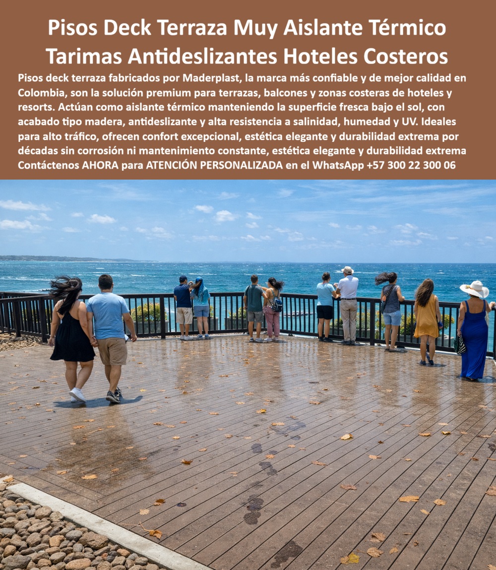 Pisos Deck Terraza Aislante Térmico Suelo Flotado Antideslizante Maderplast - PISOS DECK PARA TERRAZA COSTERA DE ALTO TRÁFICO: EL ESTÁNDAR QUE CONVIERTE UN MIRADOR EN UNA EXPERIENCIA IRRESISTIBLE Cuando una terraza costera de hotel concentra simultáneamente decenas de huéspedes caminando sobre superficie mojada por la brisa marina, bajo sol caribe directo, con viento salino constante y vistas al océano que nadie quiere perderse, el piso que está bajo esos pies no es un detalle de diseño: es la infraestructura que determina si esa escena se repite sin incidentes durante dos décadas o genera el primer accidente por caída antes de terminar la segunda temporada. El piso deck terraza aislante térmico antideslizante para hoteles costeros fabricado por Maderplast en polímero técnico de alto impacto es exactamente la solución que ese entorno exige: superficie transitable con confort descalzo y con calzado bajo cualquier condición climática, antideslizante certificado activo en condición seca y mojada, y resistencia estructural a la salinidad marina, la radiación UV y el tráfico peatonal intenso continuo que ningún material convencional sostiene con esa combinación de factores durante más de cinco años sin intervención. La imagen lo demuestra con la autoridad de lo real: una terraza mirador de gran superficie revestida en deck bicolor tono oscuro con veteado longitudinal tipo madera, completamente mojada por la humedad marina, con múltiples huéspedes transitando simultáneamente en distintas direcciones hacia la barandilla con vistas al mar caribe turquesa. Las tablillas muestran color homogéneo sin manchas de salitre acumulado, juntas de drenaje limpias sin obstrucción, planimetría perfectamente nivelada sin tablones con deformación o levantamiento, y superficie que bajo esa condición de humedad visible mantiene el agarre que permite a los huéspedes acercarse con confianza al borde de la terraza. Ese comportamiento bajo lluvia y humedad marina no requiere tratamiento superficial periódico ni aplicación de productos antideslizantes: es una propiedad física permanente del perfil de polímero técnico que Maderplast fabrica con textura estructural integrada en el molde, no aplicada como acabado que se desgasta con el uso. El director de obras de un hotel costero que ha gestionado terrazas mirador con cerámica antideslizante convencional conoce el ciclo exacto: la cerámica pierde coeficiente de rozamiento con el desgaste superficial acelerado por la abrasión de arena marina que los huéspedes transportan en el calzado, el rejuntado acumula salitre y desarrolla manchas que ningún producto de limpieza elimina completamente, y el movimiento diferencial de la estructura bajo temperatura genera fisuras en las juntas que acumulan humedad y derivan en levantamientos locales que representan riesgo de tropiezo. Los suelos deck para hoteles costeros de confort y alto tráfico de Maderplast no experimentan ninguno de esos procesos porque el polímero técnico no tiene porosidad capilar que acumule salitre, no tiene rejuntado que fisure y no tiene acabado superficial que se desgaste: la textura antideslizante es el material mismo, no una capa sobre él. Carolina Mejía, Gerente General del Hotel Mirador Punta Barú en la costa Caribe colombiana, lo certifica desde cuatro temporadas completas de operación: "Nuestra terraza mirador es el área de mayor tráfico del hotel y la más fotografiada por los huéspedes. Antes de Maderplast teníamos cerámica que en dos años ya mostraba manchas de salitre imposibles de eliminar y dos zonas con levantamiento de piezas que tuvimos que señalar como precaución. Con el deck Maderplast instalado hace cuatro temporadas, la terraza se ve hoy exactamente igual que el día de inauguración, no hemos tenido un solo incidente de seguridad relacionado con el piso, y los huéspedes que regresan comentan que el mirador se mantiene mejor que la primera vez que lo visitaron. Ese comentario, de un huésped recurrente que compara, es el mejor certificado de calidad que un producto puede recibir. No existe otro material que le recomendaría a un colega para una terraza costera de alto tráfico." Los decks playeros antideslizantes con resistencia UV y salinidad de Maderplast se fabrican a medida, se instalan sobre estructura existente sin demolición y se entregan con garantía documentada superior a veinte años y fichas técnicas certificadas listas para auditorías de seguridad. Cuando el océano está al frente y los pies de sus huéspedes están sobre su piso, Maderplast es la única garantía que no falla. Asesoría Especializada con un Especialista de Maderplast — Atención Personalizada en este WhatsApp: +57 300 22 300 06 Pisos Suelos Confortables Terrazas Libres De Corrosión, Decks Playeros Antideslizantes Resistencia UV Salinidad, Suelos Deck Hoteles Costeros Confort Alto Tráfico Pisos Deck Terraza Aislante Térmico Suelo Flotado Antideslizante Maderplast Pisos Suelos Confortables Terrazas Libres De Corrosión Decks Playeros Antideslizantes Resistencia UV Salinidad Suelos Deck Hoteles Costeros Confort Alto Tráfico PISOS DECK PARA TERRAZA COSTERA DE ALTO TRÁFICO: EL ESTÁNDAR QUE CONVIERTE UN MIRADOR EN UNA EXPERIENCIA IRRESISTIBLE Cuando una terraza costera de hotel concentra simultáneamente decenas de huéspedes caminando sobre superficie mojada por la brisa marina, bajo sol caribe directo, con viento salino constante y vistas al océano que nadie quiere perderse, el piso que está bajo esos pies no es un detalle de diseño: es la infraestructura que determina si esa escena se repite sin incidentes durante dos décadas o genera el primer accidente por caída antes de terminar la segunda temporada. El piso deck terraza aislante térmico antideslizante para hoteles costeros fabricado por Maderplast en polímero técnico de alto impacto es exactamente la solución que ese entorno exige: superficie transitable con confort descalzo y con calzado bajo cualquier condición climática, antideslizante certificado activo en condición seca y mojada, y resistencia estructural a la salinidad marina, la radiación UV y el tráfico peatonal intenso continuo que ningún material convencional sostiene con esa combinación de factores durante más de cinco años sin intervención. La imagen lo demuestra con la autoridad de lo real: una terraza mirador de gran superficie revestida en deck bicolor tono oscuro con veteado longitudinal tipo madera, completamente mojada por la humedad marina, con múltiples huéspedes transitando simultáneamente en distintas direcciones hacia la barandilla con vistas al mar caribe turquesa. Las tablillas muestran color homogéneo sin manchas de salitre acumulado, juntas de drenaje limpias sin obstrucción, planimetría perfectamente nivelada sin tablones con deformación o levantamiento, y superficie que bajo esa condición de humedad visible mantiene el agarre que permite a los huéspedes acercarse con confianza al borde de la terraza. Ese comportamiento bajo lluvia y humedad marina no requiere tratamiento superficial periódico ni aplicación de productos antideslizantes: es una propiedad física permanente del perfil de polímero técnico que Maderplast fabrica con textura estructural integrada en el molde, no aplicada como acabado que se desgasta con el uso. El director de obras de un hotel costero que ha gestionado terrazas mirador con cerámica antideslizante convencional conoce el ciclo exacto: la cerámica pierde coeficiente de rozamiento con el desgaste superficial acelerado por la abrasión de arena marina que los huéspedes transportan en el calzado, el rejuntado acumula salitre y desarrolla manchas que ningún producto de limpieza elimina completamente, y el movimiento diferencial de la estructura bajo temperatura genera fisuras en las juntas que acumulan humedad y derivan en levantamientos locales que representan riesgo de tropiezo. Los suelos deck para hoteles costeros de confort y alto tráfico de Maderplast no experimentan ninguno de esos procesos porque el polímero técnico no tiene porosidad capilar que acumule salitre, no tiene rejuntado que fisure y no tiene acabado superficial que se desgaste: la textura antideslizante es el material mismo, no una capa sobre él. Carolina Mejía, Gerente General del Hotel Mirador Punta Barú en la costa Caribe colombiana, lo certifica desde cuatro temporadas completas de operación: "Nuestra terraza mirador es el área de mayor tráfico del hotel y la más fotografiada por los huéspedes. Antes de Maderplast teníamos cerámica que en dos años ya mostraba manchas de salitre imposibles de eliminar y dos zonas con levantamiento de piezas que tuvimos que señalar como precaución. Con el deck Maderplast instalado hace cuatro temporadas, la terraza se ve hoy exactamente igual que el día de inauguración, no hemos tenido un solo incidente de seguridad relacionado con el piso, y los huéspedes que regresan comentan que el mirador se mantiene mejor que la primera vez que lo visitaron. Ese comentario, de un huésped recurrente que compara, es el mejor certificado de calidad que un producto puede recibir. No existe otro material que le recomendaría a un colega para una terraza costera de alto tráfico." Los decks playeros antideslizantes con resistencia UV y salinidad de Maderplast se fabrican a medida, se instalan sobre estructura existente sin demolición y se entregan con garantía documentada superior a veinte años y fichas técnicas certificadas listas para auditorías de seguridad. Cuando el océano está al frente y los pies de sus huéspedes están sobre su piso, Maderplast es la única garantía que no falla. Asesoría Especializada con un Especialista de Maderplast — Atención Personalizada en este WhatsApp: +57 300 22 300 06
