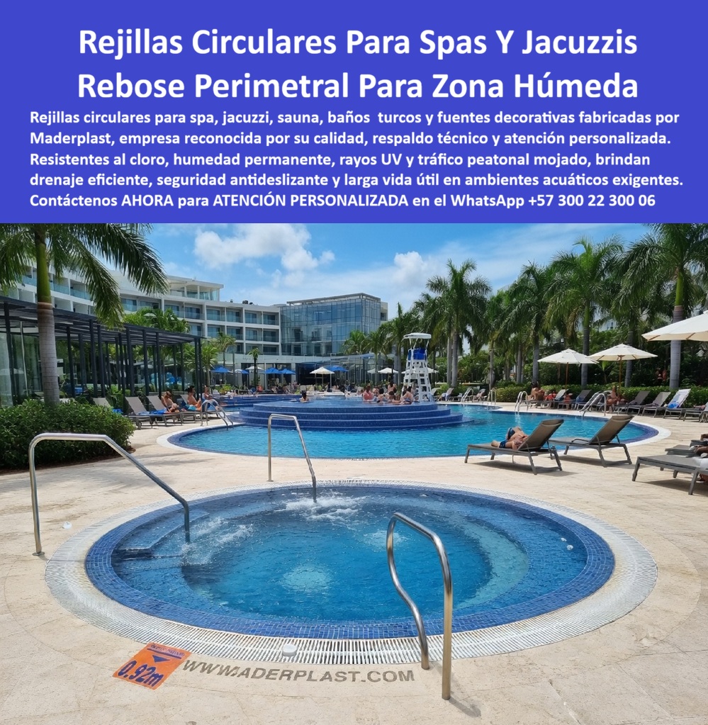 Rejillas Circulares Para Spa Sauna Y Baños Turcos Rejilla Maderplast - Rejillas Circulares Para Spa, Jacuzzi y Zonas Húmedas Fabricadas Por Maderplast Que Permanecen Seguras y Funcionales Durante Años Las rejillas circulares para spa, jacuzzi, sauna, baños turcos, piscinas terapéuticas, hidroterapias y fuentes decorativas fabricadas por Maderplast fueron desarrolladas para resolver uno de los mayores desafíos de las zonas húmedas: garantizar drenaje eficiente, seguridad antideslizante y durabilidad permanente en ambientes sometidos a agua, cloro, vapor, humedad continua y tráfico peatonal intenso. A diferencia de las rejillas tradicionales que con el tiempo pueden deteriorarse, deformarse o perder su apariencia, las rejillas circulares Maderplast son fabricadas a la medida para adaptarse perfectamente a jacuzzis, spas circulares, fuentes ornamentales y sistemas de rebose perimetral donde la precisión dimensional y la estética arquitectónica son fundamentales. Su diseño permite evacuar eficientemente el agua superficial mientras aporta una terminación elegante y profesional a cada proyecto. Estas soluciones son ampliamente utilizadas en hoteles, resorts, centros wellness, clubes vacacionales, complejos termales, centros de rehabilitación, condominios de lujo y proyectos turísticos que buscan una imagen impecable combinada con máxima seguridad para sus visitantes. Su superficie antideslizante ayuda a mejorar la circulación en áreas mojadas, mientras que su resistencia al cloro, rayos UV, productos químicos de tratamiento y humedad permanente permite conservar su funcionalidad durante largos periodos de servicio. Maderplast fabrica cada sistema de rejillas circulares de acuerdo con las dimensiones específicas del proyecto, permitiendo desarrollar configuraciones especiales para jacuzzis redondos, spas de gran diámetro, fuentes decorativas, canales de rebose y estructuras hidráulicas donde las soluciones estándar no ofrecen resultados satisfactorios. Un caso de éxito se presentó en un resort turístico que enfrentaba constantes problemas con las rejillas instaladas alrededor de sus jacuzzis y zonas de hidroterapia. La exposición continua al agua caliente, químicos y alto tráfico de huéspedes generaba desgaste prematuro y frecuentes intervenciones de mantenimiento. Después de implementar las rejillas circulares fabricadas por Maderplast, el complejo logró mejorar la apariencia de las áreas húmedas, optimizar el drenaje y reducir significativamente los costos asociados a reposiciones periódicas. El director de mantenimiento del establecimiento comentó: "Necesitábamos una solución que soportara una operación permanente sin afectar la experiencia de nuestros huéspedes. Las rejillas circulares de Maderplast se adaptaron perfectamente al diseño de nuestros jacuzzis, mantienen una excelente presentación y han demostrado una durabilidad superior frente a las condiciones exigentes de nuestras zonas húmedas." Por esta razón, arquitectos, diseñadores de piscinas, ingenieros hidráulicos, constructores de spas y administradores hoteleros encuentran en Maderplast una solución especializada para proyectos donde la seguridad, la estética, el drenaje eficiente y la larga vida útil son factores decisivos. Cada rejilla es fabricada para integrarse armónicamente con el proyecto y aportar valor durante muchos años de servicio continuo. Contáctenos AHORA para la ATENCIÓN PERSONALIZADA de Maderplast en el WhatsApp +57 300 22 300 06. Rejillas Rebose Jacuzzi Tráfico Peatonal Mojado, Rejilla De Fuentes De Agua Antideslizante Sin Corrosión, Rejillas Perimetrales Jacuzzi Cloro Humedad UV, Rejillas Filtro Rejillas Circulares Para Spa Sauna Y Baños Turcos Rejilla Maderplast Rejillas Rebose Jacuzzi Tráfico Peatonal Mojado Rejilla De Fuentes De Agua Antideslizante Sin Corrosión Rejillas Perimetrales Jacuzzi Cloro Humedad UV Rejillas Filtro Rejillas Circulares Para Spa, Jacuzzi y Zonas Húmedas Fabricadas Por Maderplast Que Permanecen Seguras y Funcionales Durante Años Las rejillas circulares para spa, jacuzzi, sauna, baños turcos, piscinas terapéuticas, hidroterapias y fuentes decorativas fabricadas por Maderplast fueron desarrolladas para resolver uno de los mayores desafíos de las zonas húmedas: garantizar drenaje eficiente, seguridad antideslizante y durabilidad permanente en ambientes sometidos a agua, cloro, vapor, humedad continua y tráfico peatonal intenso. A diferencia de las rejillas tradicionales que con el tiempo pueden deteriorarse, deformarse o perder su apariencia, las rejillas circulares Maderplast son fabricadas a la medida para adaptarse perfectamente a jacuzzis, spas circulares, fuentes ornamentales y sistemas de rebose perimetral donde la precisión dimensional y la estética arquitectónica son fundamentales. Su diseño permite evacuar eficientemente el agua superficial mientras aporta una terminación elegante y profesional a cada proyecto. Estas soluciones son ampliamente utilizadas en hoteles, resorts, centros wellness, clubes vacacionales, complejos termales, centros de rehabilitación, condominios de lujo y proyectos turísticos que buscan una imagen impecable combinada con máxima seguridad para sus visitantes. Su superficie antideslizante ayuda a mejorar la circulación en áreas mojadas, mientras que su resistencia al cloro, rayos UV, productos químicos de tratamiento y humedad permanente permite conservar su funcionalidad durante largos periodos de servicio. Maderplast fabrica cada sistema de rejillas circulares de acuerdo con las dimensiones específicas del proyecto, permitiendo desarrollar configuraciones especiales para jacuzzis redondos, spas de gran diámetro, fuentes decorativas, canales de rebose y estructuras hidráulicas donde las soluciones estándar no ofrecen resultados satisfactorios. Un caso de éxito se presentó en un resort turístico que enfrentaba constantes problemas con las rejillas instaladas alrededor de sus jacuzzis y zonas de hidroterapia. La exposición continua al agua caliente, químicos y alto tráfico de huéspedes generaba desgaste prematuro y frecuentes intervenciones de mantenimiento. Después de implementar las rejillas circulares fabricadas por Maderplast, el complejo logró mejorar la apariencia de las áreas húmedas, optimizar el drenaje y reducir significativamente los costos asociados a reposiciones periódicas. El director de mantenimiento del establecimiento comentó: "Necesitábamos una solución que soportara una operación permanente sin afectar la experiencia de nuestros huéspedes. Las rejillas circulares de Maderplast se adaptaron perfectamente al diseño de nuestros jacuzzis, mantienen una excelente presentación y han demostrado una durabilidad superior frente a las condiciones exigentes de nuestras zonas húmedas." Por esta razón, arquitectos, diseñadores de piscinas, ingenieros hidráulicos, constructores de spas y administradores hoteleros encuentran en Maderplast una solución especializada para proyectos donde la seguridad, la estética, el drenaje eficiente y la larga vida útil son factores decisivos. Cada rejilla es fabricada para integrarse armónicamente con el proyecto y aportar valor durante muchos años de servicio continuo. Contáctenos AHORA para la ATENCIÓN PERSONALIZADA de Maderplast en el WhatsApp +57 300 22 300 06.