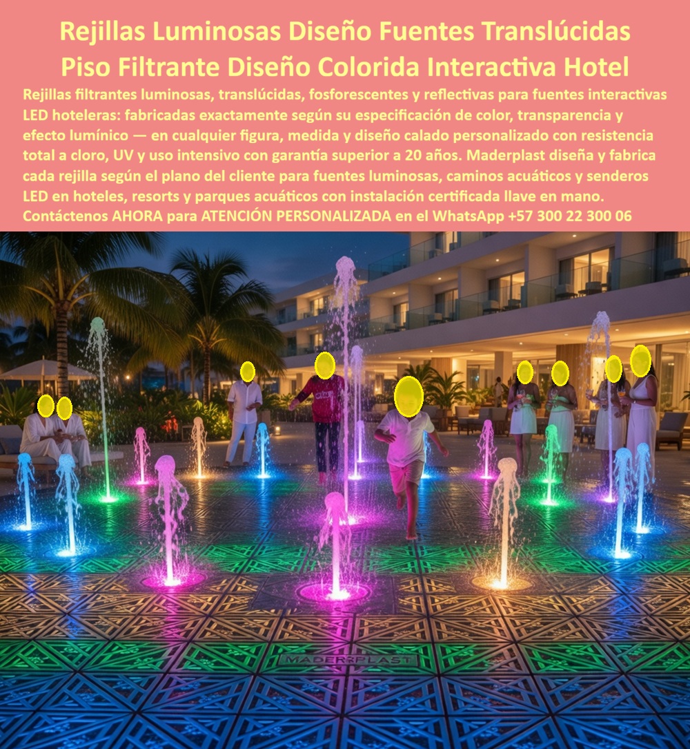 Rejillas Filtrantes Parques Acuáticos Piso Fuentes Interactivas Maderplast - REJILLAS LUMINOSAS PARA FUENTES INTERACTIVAS: CUANDO EL PISO SE CONVIERTE EN EL ESPECTÁCULO Existe un momento en la experiencia de un resort que ningún folleto publicitario puede fabricar y que ningún presupuesto de marketing puede comprar: el instante en que un niño cruza corriendo un piso iluminado con chorros de agua de colores que brotan desde el suelo mientras sus padres lo fotografían desde las tumbonas del área social. Ese momento se vuelve viral en segundos, llena las redes sociales del establecimiento orgánicamente y construye el tipo de reputación que convierte visitantes ocasionales en huéspedes recurrentes. Las rejillas filtrantes luminosas y translúcidas para fuentes interactivas LED hoteleras fabricadas por Maderplast son la infraestructura que hace posible ese momento, noche tras noche, temporada tras temporada, sin una sola falla técnica que interrumpa la experiencia. La imagen muestra el producto en operación real con una contundencia que elimina cualquier necesidad de argumento adicional: un piso completamente cubierto con módulos de rejilla calada Maderplast en diseño geométrico de rombos y estrella, fabricados en polímero translúcido que transmite y amplifica la luz LED instalada bajo la superficie, generando destellos en azul, verde, rosa y amarillo que transforman el área de juegos acuáticos en una instalación lumínica interactiva de alto impacto visual. Los chorros de agua emergen directamente a través de los orificios de la rejilla, el agua escurre por el calado hacia el sistema de recirculación y el piso permanece transitable, antideslizante y estéticamente impecable incluso completamente mojado y bajo tráfico intenso de usuarios descalzos. La marca Maderplast aparece grabada en los propios módulos, visible en la imagen, señal de una fabricación industrial de precisión donde cada pieza es trazable hasta su origen. El diseñador de experiencias acuáticas que especifica este tipo de instalación necesita un fabricante que resuelva simultáneamente tres exigencias que raramente coexisten en un solo producto: transparencia óptica suficiente para transmitir la luz LED sin distorsión cromática, resistencia estructural para soportar carga peatonal dinámica sin deformación del plano de pisada, y compatibilidad química total con el cloro, los aditivos de tratamiento del agua y la exposición UV en operación nocturna y diurna continua. El polímero técnico translúcido de alto impacto con que Maderplast fabrica sus rejillas filtrantes para caminos acuáticos y senderos LED cumple las tres condiciones simultáneamente, con vida útil certificada superior a veinte años y garantía que ningún proveedor de rejillas genéricas del mercado está en condiciones de ofrecer con respaldo técnico verificable. El Arq. Valentina Ospina, Directora de Diseño de Experiencias del Grupo Hotelero Caribe Vivo, describe su experiencia con precisión técnica y comercial: "Llevábamos dos proyectos de fuentes interactivas con rejillas importadas que prometían translucidez y resistencia, y en ambos casos el material empezó a amarillear con el UV antes del primer año, perdiendo el efecto lumínico que justificaba toda la inversión en el sistema LED. Con Maderplast fue completamente distinto: nos enviaron muestras físicas con prueba de transmisión de luz, nos mostraron los resultados de resistencia UV en laboratorio y fabricaron los módulos con el calado exacto que nuestro sistema hidráulico requería para el caudal de cada boquilla. Instalamos 280 metros cuadrados en el área de fuentes interactivas del resort. Dos temporadas después el efecto lumínico es idéntico al día de inauguración, el mantenimiento se reduce a limpieza superficial y los huéspedes siguen publicando videos del área todas las noches. Ninguna otra inversión en el resort ha generado tanto contenido orgánico en redes sociales como ese piso. Maderplast no nos vendió una rejilla: nos fabricó una atracción." Los sumideros circulares y rejillas para fuentes decorativas con luz de Maderplast se diseñan sobre plano, en cualquier figura, medida y patrón de calado que el proyecto requiera, con instalación certificada llave en mano y soporte técnico desde el anteproyecto hasta la puesta en marcha. Cuando el piso es el espectáculo, solo Maderplast tiene la ingeniería para sostenerlo. Asesoría Especializada con un Especialista de Maderplast — Atención Personalizada en este WhatsApp: +57 300 22 300 06 Rejillas Filtrantes Caminos Acuáticos Y Fuentes LED, Rejillas Caminos Senderos Fuentes Coloridas Filtrantes Duraderas, Sumideros Circulares Fuentes Decorativas Luz Rejillas Filtrantes Parques Acuáticos Piso Fuentes Interactivas Maderplast Rejillas Filtrantes Caminos Acuáticos Y Fuentes LED Rejillas Caminos Senderos Fuentes Coloridas Filtrantes Duraderas Sumideros Circulares Fuentes Decorativas Luz REJILLAS LUMINOSAS PARA FUENTES INTERACTIVAS: CUANDO EL PISO SE CONVIERTE EN EL ESPECTÁCULO Existe un momento en la experiencia de un resort que ningún folleto publicitario puede fabricar y que ningún presupuesto de marketing puede comprar: el instante en que un niño cruza corriendo un piso iluminado con chorros de agua de colores que brotan desde el suelo mientras sus padres lo fotografían desde las tumbonas del área social. Ese momento se vuelve viral en segundos, llena las redes sociales del establecimiento orgánicamente y construye el tipo de reputación que convierte visitantes ocasionales en huéspedes recurrentes. Las rejillas filtrantes luminosas y translúcidas para fuentes interactivas LED hoteleras fabricadas por Maderplast son la infraestructura que hace posible ese momento, noche tras noche, temporada tras temporada, sin una sola falla técnica que interrumpa la experiencia. La imagen muestra el producto en operación real con una contundencia que elimina cualquier necesidad de argumento adicional: un piso completamente cubierto con módulos de rejilla calada Maderplast en diseño geométrico de rombos y estrella, fabricados en polímero translúcido que transmite y amplifica la luz LED instalada bajo la superficie, generando destellos en azul, verde, rosa y amarillo que transforman el área de juegos acuáticos en una instalación lumínica interactiva de alto impacto visual. Los chorros de agua emergen directamente a través de los orificios de la rejilla, el agua escurre por el calado hacia el sistema de recirculación y el piso permanece transitable, antideslizante y estéticamente impecable incluso completamente mojado y bajo tráfico intenso de usuarios descalzos. La marca Maderplast aparece grabada en los propios módulos, visible en la imagen, señal de una fabricación industrial de precisión donde cada pieza es trazable hasta su origen. El diseñador de experiencias acuáticas que especifica este tipo de instalación necesita un fabricante que resuelva simultáneamente tres exigencias que raramente coexisten en un solo producto: transparencia óptica suficiente para transmitir la luz LED sin distorsión cromática, resistencia estructural para soportar carga peatonal dinámica sin deformación del plano de pisada, y compatibilidad química total con el cloro, los aditivos de tratamiento del agua y la exposición UV en operación nocturna y diurna continua. El polímero técnico translúcido de alto impacto con que Maderplast fabrica sus rejillas filtrantes para caminos acuáticos y senderos LED cumple las tres condiciones simultáneamente, con vida útil certificada superior a veinte años y garantía que ningún proveedor de rejillas genéricas del mercado está en condiciones de ofrecer con respaldo técnico verificable. El Arq. Valentina Ospina, Directora de Diseño de Experiencias del Grupo Hotelero Caribe Vivo, describe su experiencia con precisión técnica y comercial: "Llevábamos dos proyectos de fuentes interactivas con rejillas importadas que prometían translucidez y resistencia, y en ambos casos el material empezó a amarillear con el UV antes del primer año, perdiendo el efecto lumínico que justificaba toda la inversión en el sistema LED. Con Maderplast fue completamente distinto: nos enviaron muestras físicas con prueba de transmisión de luz, nos mostraron los resultados de resistencia UV en laboratorio y fabricaron los módulos con el calado exacto que nuestro sistema hidráulico requería para el caudal de cada boquilla. Instalamos 280 metros cuadrados en el área de fuentes interactivas del resort. Dos temporadas después el efecto lumínico es idéntico al día de inauguración, el mantenimiento se reduce a limpieza superficial y los huéspedes siguen publicando videos del área todas las noches. Ninguna otra inversión en el resort ha generado tanto contenido orgánico en redes sociales como ese piso. Maderplast no nos vendió una rejilla: nos fabricó una atracción." Los sumideros circulares y rejillas para fuentes decorativas con luz de Maderplast se diseñan sobre plano, en cualquier figura, medida y patrón de calado que el proyecto requiera, con instalación certificada llave en mano y soporte técnico desde el anteproyecto hasta la puesta en marcha. Cuando el piso es el espectáculo, solo Maderplast tiene la ingeniería para sostenerlo. Asesoría Especializada con un Especialista de Maderplast — Atención Personalizada en este WhatsApp: +57 300 22 300 06