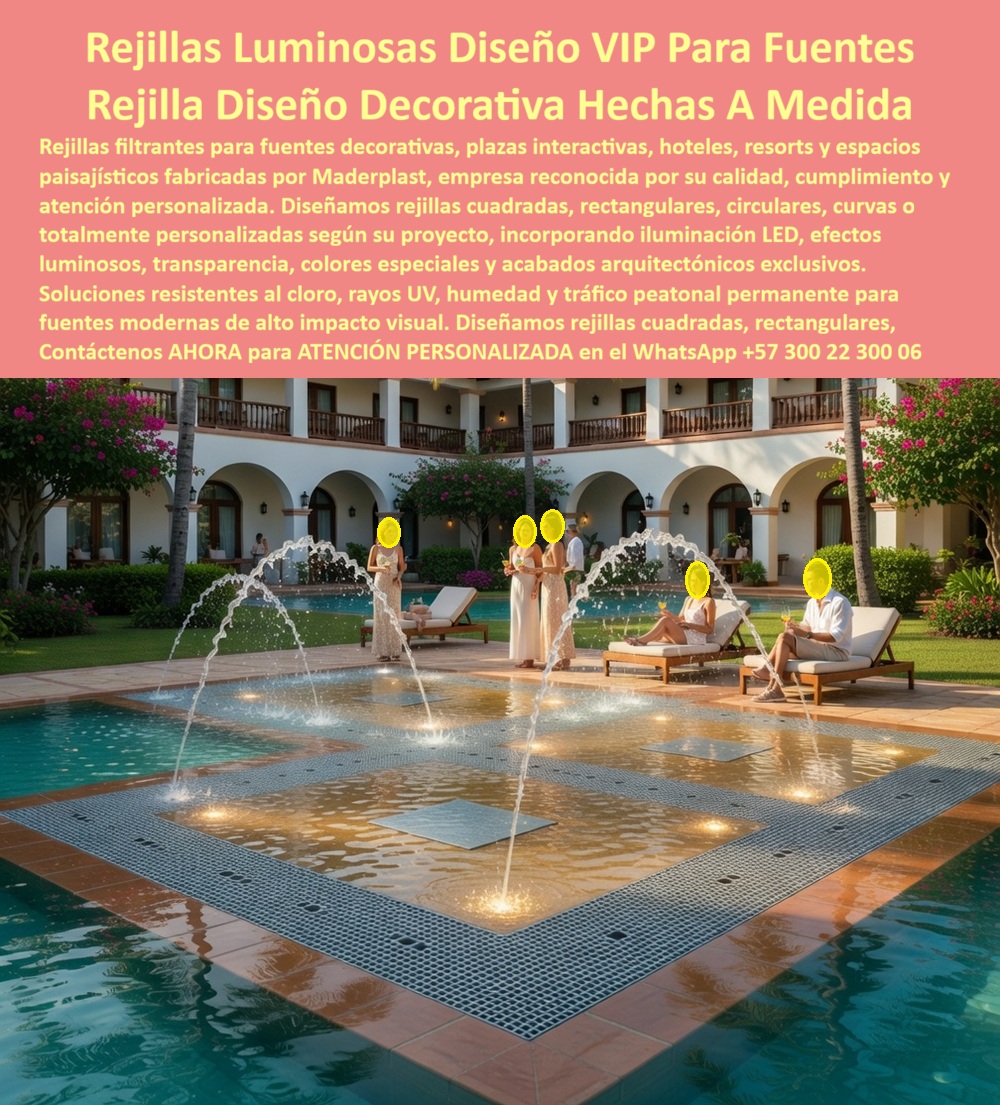 Rejillas Filtrantes Parques Acuáticos Piso Fuentes Interactivas Maderplast - La imagen presenta una elegante fuente interactiva instalada en el patio central de un hotel de alto nivel, donde el agua, la iluminación arquitectónica y el paisajismo convergen para crear una experiencia visual memorable. El elemento protagonista no es únicamente la fuente, sino el sistema técnico oculto bajo la superficie: las rejillas filtrantes luminosas para fuentes decorativas, diseñadas para captar, conducir y drenar el agua de manera segura mientras se integran armónicamente con el diseño arquitectónico. Este tipo de solución se ha convertido en una de las más buscadas por arquitectos, diseñadores de espacios públicos, desarrolladores turísticos, paisajistas, constructoras, hoteles, resorts, parques temáticos y formuladores de proyectos que requieren combinar estética, seguridad, durabilidad y funcionamiento continuo. Las rejillas filtrantes para parques acuáticos, plazas interactivas y fuentes luminosas desarrolladas por Maderplast están diseñadas para soportar condiciones de trabajo exigentes donde existen ciclos permanentes de humedad, tránsito peatonal intensivo, exposición a rayos ultravioleta, cloro, productos químicos de tratamiento de agua y variaciones climáticas permanentes. A diferencia de las rejillas metálicas tradicionales, estas soluciones no presentan problemas de oxidación, corrosión ni deterioro acelerado en ambientes húmedos. Tampoco sufren los inconvenientes típicos de materiales convencionales que requieren reemplazos frecuentes o intervenciones constantes de mantenimiento. En proyectos modernos de hotelería, urbanismo, recreación y paisajismo, las búsquedas más frecuentes se orientan hacia términos como rejillas drenantes para fuentes decorativas modernas, piso filtrante para fuentes luminosas antideslizantes, rejillas técnicas para plazas de agua interactivas, cubiertas filtrantes para fuentes ornamentales LED, rejillas arquitectónicas para espacios recreativos y sistemas de drenaje decorativo para fuentes de alto tráfico. Precisamente estas aplicaciones representan el entorno ideal para las soluciones fabricadas por Maderplast, donde la funcionalidad técnica se integra con acabados arquitectónicos personalizados, diseños especiales y fabricación completamente a medida. Uno de los aspectos más valorados por proyectistas, especificadores y compradores técnicos es la capacidad de fabricar rejillas cuadradas, rectangulares, circulares, curvas, radiales o totalmente personalizadas para ajustarse a la geometría exacta de cada fuente. Esto permite desarrollar proyectos únicos donde las rejillas dejan de ser un simple componente funcional para convertirse en parte integral del diseño visual. Además, pueden incorporar iluminación LED, efectos luminosos, transparencias especiales, acabados decorativos y configuraciones compatibles con sistemas interactivos de agua que generan experiencias sensoriales de alto impacto para visitantes y usuarios. Desde la fase de conceptualización, diseño arquitectónico, modelación, especificación técnica, presupuesto, fabricación e instalación, Maderplast acompaña a los desarrolladores de proyectos con asesoría especializada. Esta capacidad resulta especialmente valiosa para hoteles, complejos turísticos, parques acuáticos, centros comerciales, plazas públicas, malecones, clubes recreativos, parques temáticos y proyectos urbanos que buscan diferenciarse mediante espacios interactivos de gran atractivo visual y larga vida útil. La verdadera rentabilidad de estas rejillas técnicas no se encuentra únicamente en su instalación inicial. El mayor beneficio aparece durante años de operación, al eliminar problemas asociados a corrosión, deformaciones, reposiciones frecuentes, cierres por mantenimiento, pérdida de imagen y costos ocultos que suelen acompañar a soluciones convencionales. Por esta razón, numerosos arquitectos, ingenieros y operadores prefieren evaluar el costo total de propiedad y no únicamente el precio inicial del producto. ASÍ LO TESTIFICA LA ARQ. MARCELA RESTREPO – DIRECTORA DE DISEÑO HOTELERO – RESORT TURÍSTICO DEL CARIBE – ABRIL 2024 “Buscábamos una solución para nuestras fuentes interactivas que combinara seguridad, estética e integración arquitectónica. Evaluamos varias alternativas y seleccionamos las rejillas técnicas Maderplast por su capacidad de fabricación a medida, resistencia permanente a la humedad y compatibilidad con iluminación decorativa. Después de la instalación observamos una mejora significativa en la apariencia del espacio, reducción de mantenimientos correctivos y excelente comportamiento frente al uso intensivo de los huéspedes. La asesoría técnica, la personalización y el acompañamiento durante todo el proyecto fueron determinantes para el éxito de la obra. Actualmente recomendamos a Maderplast como una solución confiable para fuentes decorativas, plazas de agua y proyectos recreativos de alto nivel.” Cuando un proyecto exige rejillas filtrantes para fuentes decorativas, sistemas drenantes para plazas interactivas, pisos filtrantes luminosos, cubiertas técnicas para parques acuáticos o soluciones arquitectónicas resistentes al agua, la humedad y el tránsito permanente, Maderplast se convierte en un aliado estratégico capaz de transformar una idea conceptual en una instalación funcional, segura y visualmente impactante. Solicite planos, renders, prototipos, fichas técnicas, diseños personalizados, fabricación en serie o soluciones llave en mano. Cuando se trata de materializar fuentes interactivas, espacios acuáticos y proyectos arquitectónicos especiales en plástico estructural de alto desempeño, Maderplast es el fabricante que convierte ideas en obras reales con respaldo técnico, experiencia industrial y resultados duraderos. Cuando un proyecto requiere rejillas filtrantes para fuentes decorativas, plazas interactivas, parques acuáticos, hoteles, resorts, complejos turísticos o espacios urbanos de alto nivel, Maderplast ofrece soluciones fabricadas a medida con respaldo técnico, diseños personalizados, larga vida útil y excelente comportamiento en ambientes húmedos y de alto tráfico. Solicite planos, renders, fichas técnicas, prototipos, especificaciones para licitación, fabricación especial o proyectos llave en mano. Contáctenos ahora mismo para recibir Asesoría Especializada Con Un Especialista De Maderplast, Atención Personalizada en WhatsApp +57 300 22 300 06. Nuestro equipo técnico le ayudará desde la conceptualización del proyecto, diseño, desarrollo, fabricación e instalación hasta la puesta en marcha final de su obra. Rejillas Técnicas Para Fuentes Decorativas Con Iluminación, Rejillas Drenantes Para Fuentes Decorativas Modernas, Piso Filtrante Fuentes Luminosas Antideslizante a Rejillas Filtrantes Parques Acuáticos Piso Fuentes Interactivas Maderplast Rejillas Técnicas Para Fuentes Decorativas Con Iluminación Rejillas Drenantes Para Fuentes Decorativas Modernas Piso Filtrante Fuentes Luminosas Antideslizante a La imagen presenta una elegante fuente interactiva instalada en el patio central de un hotel de alto nivel, donde el agua, la iluminación arquitectónica y el paisajismo convergen para crear una experiencia visual memorable. El elemento protagonista no es únicamente la fuente, sino el sistema técnico oculto bajo la superficie: las rejillas filtrantes luminosas para fuentes decorativas, diseñadas para captar, conducir y drenar el agua de manera segura mientras se integran armónicamente con el diseño arquitectónico. Este tipo de solución se ha convertido en una de las más buscadas por arquitectos, diseñadores de espacios públicos, desarrolladores turísticos, paisajistas, constructoras, hoteles, resorts, parques temáticos y formuladores de proyectos que requieren combinar estética, seguridad, durabilidad y funcionamiento continuo. Las rejillas filtrantes para parques acuáticos, plazas interactivas y fuentes luminosas desarrolladas por Maderplast están diseñadas para soportar condiciones de trabajo exigentes donde existen ciclos permanentes de humedad, tránsito peatonal intensivo, exposición a rayos ultravioleta, cloro, productos químicos de tratamiento de agua y variaciones climáticas permanentes. A diferencia de las rejillas metálicas tradicionales, estas soluciones no presentan problemas de oxidación, corrosión ni deterioro acelerado en ambientes húmedos. Tampoco sufren los inconvenientes típicos de materiales convencionales que requieren reemplazos frecuentes o intervenciones constantes de mantenimiento. En proyectos modernos de hotelería, urbanismo, recreación y paisajismo, las búsquedas más frecuentes se orientan hacia términos como rejillas drenantes para fuentes decorativas modernas, piso filtrante para fuentes luminosas antideslizantes, rejillas técnicas para plazas de agua interactivas, cubiertas filtrantes para fuentes ornamentales LED, rejillas arquitectónicas para espacios recreativos y sistemas de drenaje decorativo para fuentes de alto tráfico. Precisamente estas aplicaciones representan el entorno ideal para las soluciones fabricadas por Maderplast, donde la funcionalidad técnica se integra con acabados arquitectónicos personalizados, diseños especiales y fabricación completamente a medida. Uno de los aspectos más valorados por proyectistas, especificadores y compradores técnicos es la capacidad de fabricar rejillas cuadradas, rectangulares, circulares, curvas, radiales o totalmente personalizadas para ajustarse a la geometría exacta de cada fuente. Esto permite desarrollar proyectos únicos donde las rejillas dejan de ser un simple componente funcional para convertirse en parte integral del diseño visual. Además, pueden incorporar iluminación LED, efectos luminosos, transparencias especiales, acabados decorativos y configuraciones compatibles con sistemas interactivos de agua que generan experiencias sensoriales de alto impacto para visitantes y usuarios. Desde la fase de conceptualización, diseño arquitectónico, modelación, especificación técnica, presupuesto, fabricación e instalación, Maderplast acompaña a los desarrolladores de proyectos con asesoría especializada. Esta capacidad resulta especialmente valiosa para hoteles, complejos turísticos, parques acuáticos, centros comerciales, plazas públicas, malecones, clubes recreativos, parques temáticos y proyectos urbanos que buscan diferenciarse mediante espacios interactivos de gran atractivo visual y larga vida útil. La verdadera rentabilidad de estas rejillas técnicas no se encuentra únicamente en su instalación inicial. El mayor beneficio aparece durante años de operación, al eliminar problemas asociados a corrosión, deformaciones, reposiciones frecuentes, cierres por mantenimiento, pérdida de imagen y costos ocultos que suelen acompañar a soluciones convencionales. Por esta razón, numerosos arquitectos, ingenieros y operadores prefieren evaluar el costo total de propiedad y no únicamente el precio inicial del producto. ASÍ LO TESTIFICA LA ARQ. MARCELA RESTREPO – DIRECTORA DE DISEÑO HOTELERO – RESORT TURÍSTICO DEL CARIBE – ABRIL 2024 “Buscábamos una solución para nuestras fuentes interactivas que combinara seguridad, estética e integración arquitectónica. Evaluamos varias alternativas y seleccionamos las rejillas técnicas Maderplast por su capacidad de fabricación a medida, resistencia permanente a la humedad y compatibilidad con iluminación decorativa. Después de la instalación observamos una mejora significativa en la apariencia del espacio, reducción de mantenimientos correctivos y excelente comportamiento frente al uso intensivo de los huéspedes. La asesoría técnica, la personalización y el acompañamiento durante todo el proyecto fueron determinantes para el éxito de la obra. Actualmente recomendamos a Maderplast como una solución confiable para fuentes decorativas, plazas de agua y proyectos recreativos de alto nivel.” Cuando un proyecto exige rejillas filtrantes para fuentes decorativas, sistemas drenantes para plazas interactivas, pisos filtrantes luminosos, cubiertas técnicas para parques acuáticos o soluciones arquitectónicas resistentes al agua, la humedad y el tránsito permanente, Maderplast se convierte en un aliado estratégico capaz de transformar una idea conceptual en una instalación funcional, segura y visualmente impactante. Solicite planos, renders, prototipos, fichas técnicas, diseños personalizados, fabricación en serie o soluciones llave en mano. Cuando se trata de materializar fuentes interactivas, espacios acuáticos y proyectos arquitectónicos especiales en plástico estructural de alto desempeño, Maderplast es el fabricante que convierte ideas en obras reales con respaldo técnico, experiencia industrial y resultados duraderos. Cuando un proyecto requiere rejillas filtrantes para fuentes decorativas, plazas interactivas, parques acuáticos, hoteles, resorts, complejos turísticos o espacios urbanos de alto nivel, Maderplast ofrece soluciones fabricadas a medida con respaldo técnico, diseños personalizados, larga vida útil y excelente comportamiento en ambientes húmedos y de alto tráfico. Solicite planos, renders, fichas técnicas, prototipos, especificaciones para licitación, fabricación especial o proyectos llave en mano. Contáctenos ahora mismo para recibir Asesoría Especializada Con Un Especialista De Maderplast, Atención Personalizada en WhatsApp +57 300 22 300 06. Nuestro equipo técnico le ayudará desde la conceptualización del proyecto, diseño, desarrollo, fabricación e instalación hasta la puesta en marcha final de su obra.