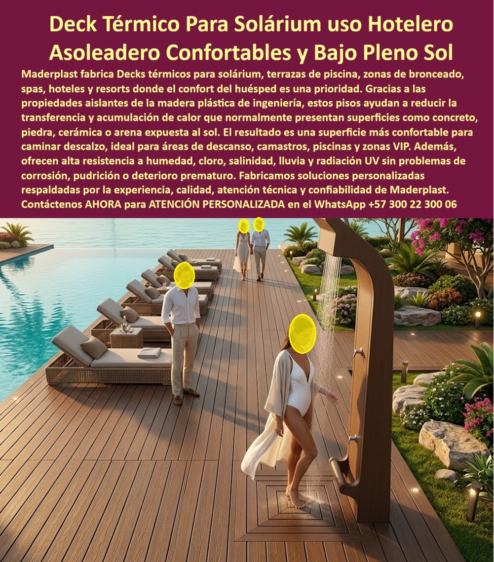 Solarium Asoleaderos Suelo Térmico Libre De quemaduras Maderplast - DECK TÉRMICO PARA SOLÁRIUM HOTELERO: EL PISO QUE TRANSFORMA EL CALOR DEL MEDIODÍA EN LA MEJOR EXPERIENCIA DEL RESORT Existe un momento que define la calidad real de un solárium hotelero con más precisión que cualquier fotografía de marketing: el instante en que un huésped sale de la ducha exterior, camina descalzo por el deck hacia su tumbona y siente bajo sus pies una superficie fresca, confortable y firme bajo el sol más intenso del mediodía caribe. Ese momento no ocurre sobre concreto, no ocurre sobre cerámica, no ocurre sobre piedra natural y tampoco ocurre sobre compuestos WPC de baja densidad que acumulan temperatura superficial comparable a la del sustrato que reemplazan. Ocurre únicamente sobre un deck térmico para solárium de ingeniería en madera plástica aislante fabricado por Maderplast, cuya estructura de polímero técnico de color integral reduce la transferencia de calor conductivo hacia la superficie de pisada de forma física y permanente, sin tratamiento adicional, sin pintura reflectante que se degrade con el uso y sin mantenimiento de ningún tipo durante más de veinte años de operación continua bajo sol directo intenso. La imagen lo muestra con la elegancia de una instalación premium sin concesiones: una extensa plataforma deck en tono caoba bibetta con veteado longitudinal tipo teca noble, instalada al borde de una piscina infinity con jardín tropical al fondo, con ducha exterior de diseño integrada al nivel del deck y tumbonas de servicio completo con cojines blancos dispuestas en fila sobre la superficie. La textura del perfil es visible en detalle en primer plano: trabillas anchas con acanaladuras longitudinales finas que aportan el coeficiente antideslizante sin comprometer la estética premium, juntas de drenaje uniformes que permiten evacuación inmediata del agua de la ducha exterior y del salpique de piscina, e iluminación LED perimetral integrada bajo el borde del deck que convierte el área en un espacio de uso nocturno igualmente atractivo. Esa integración de funciones —aislamiento térmico, antideslizamiento, drenaje, estética y compatibilidad con iluminación integrada— en un solo sistema de piso es la diferencia entre un proveedor de tablillas y un fabricante de soluciones de ingeniería para hotelería de alto estándar. El concreto expuesto alcanza temperaturas superficiales de entre 55 y 70 grados centígrados bajo sol tropical directo en horas pico, convirtiendo el área de solárium en una superficie que ningún huésped cruza voluntariamente sin calzado entre las 10 de la mañana y las 3 de la tarde. Eso no es una incomodidad menor: es la pérdida efectiva de cinco horas diarias de uso del área de mayor valor recreativo del resort durante toda la temporada alta, con el impacto directo en satisfacción del huésped y calificación en plataformas de reservas que esa pérdida genera. Los suelos deck asoleaderos antideslizantes de alta durabilidad de Maderplast reducen esa temperatura superficial a niveles transitables descalzo durante todo el horario diurno, recuperando esas cinco horas de uso para el establecimiento y convirtiendo el mediodía —la hora más intensa de sol y la más fotografiada por los huéspedes— en la mejor hora del solárium. Mauricio Ángel, Director de Infraestructura del Resort VIP Aqua Natura en Santa Marta, lo certifica con la precisión de quien midió el impacto antes y después: "Teníamos cerámica antideslizante en la terraza solárium. Las quejas por temperatura del piso eran sistemáticas en temporada alta, entre cuatro y siete semanas, y el área permanecía prácticamente vacía entre las 11 y las 3. Instalamos el deck térmico Maderplast en 680 metros cuadrados en una intervención de seis días sin demolición del sustrato existente. La primera semana de operación posterior, cero quejas por temperatura. El área solárium registró ocupación continua durante todo el horario diurno por primera vez desde la apertura del resort. Dos temporadas después el deck está impecable, sin una sola tablilla intervenida, y las reseñas que mencionan el solárium como punto destacado del resort aumentaron un 41%. Ninguna inversión de infraestructura había generado un retorno tan rápido y tan directamente medible en satisfacción del huésped." Las tarimas elevadas asoleadoras para hotel en madera plástica aislante de Maderplast se instalan sobre estructura existente sin demolición, se fabrican a medida con renders previos y fichas técnicas certificadas, y se entregan llave en mano con garantía documentada superior a veinte años. Cuando el confort descalzo a pleno sol es el lujo que sus huéspedes pagaron, Maderplast es la ingeniería que lo hace posible. Asesoría Especializada con un Especialista de Maderplast — Atención Personalizada en este WhatsApp: +57 300 22 300 06 Suelos Deck Asoleadores Antideslizantes Alta Durabilidad, Terrazas Asoleadoras Hoteles Inmunes Al Sol Y La Humedad, Tarima Elevada Asoleadora Hotel Madera Plástica Aislante Solarium Asoleaderos Suelo Térmico Libre De quemaduras Maderplast Suelos Deck Asoleadores Antideslizantes Alta Durabilidad Terrazas Asoleadoras Hoteles Inmunes Al Sol Y La Humedad Tarima Elevada Asoleadora Hotel Madera Plástica Aislante DECK TÉRMICO PARA SOLÁRIUM HOTELERO: EL PISO QUE TRANSFORMA EL CALOR DEL MEDIODÍA EN LA MEJOR EXPERIENCIA DEL RESORT Existe un momento que define la calidad real de un solárium hotelero con más precisión que cualquier fotografía de marketing: el instante en que un huésped sale de la ducha exterior, camina descalzo por el deck hacia su tumbona y siente bajo sus pies una superficie fresca, confortable y firme bajo el sol más intenso del mediodía caribe. Ese momento no ocurre sobre concreto, no ocurre sobre cerámica, no ocurre sobre piedra natural y tampoco ocurre sobre compuestos WPC de baja densidad que acumulan temperatura superficial comparable a la del sustrato que reemplazan. Ocurre únicamente sobre un deck térmico para solárium de ingeniería en madera plástica aislante fabricado por Maderplast, cuya estructura de polímero técnico de color integral reduce la transferencia de calor conductivo hacia la superficie de pisada de forma física y permanente, sin tratamiento adicional, sin pintura reflectante que se degrade con el uso y sin mantenimiento de ningún tipo durante más de veinte años de operación continua bajo sol directo intenso. La imagen lo muestra con la elegancia de una instalación premium sin concesiones: una extensa plataforma deck en tono caoba bibetta con veteado longitudinal tipo teca noble, instalada al borde de una piscina infinity con jardín tropical al fondo, con ducha exterior de diseño integrada al nivel del deck y tumbonas de servicio completo con cojines blancos dispuestas en fila sobre la superficie. La textura del perfil es visible en detalle en primer plano: trabillas anchas con acanaladuras longitudinales finas que aportan el coeficiente antideslizante sin comprometer la estética premium, juntas de drenaje uniformes que permiten evacuación inmediata del agua de la ducha exterior y del salpique de piscina, e iluminación LED perimetral integrada bajo el borde del deck que convierte el área en un espacio de uso nocturno igualmente atractivo. Esa integración de funciones —aislamiento térmico, antideslizamiento, drenaje, estética y compatibilidad con iluminación integrada— en un solo sistema de piso es la diferencia entre un proveedor de tablillas y un fabricante de soluciones de ingeniería para hotelería de alto estándar. El concreto expuesto alcanza temperaturas superficiales de entre 55 y 70 grados centígrados bajo sol tropical directo en horas pico, convirtiendo el área de solárium en una superficie que ningún huésped cruza voluntariamente sin calzado entre las 10 de la mañana y las 3 de la tarde. Eso no es una incomodidad menor: es la pérdida efectiva de cinco horas diarias de uso del área de mayor valor recreativo del resort durante toda la temporada alta, con el impacto directo en satisfacción del huésped y calificación en plataformas de reservas que esa pérdida genera. Los suelos deck asoleaderos antideslizantes de alta durabilidad de Maderplast reducen esa temperatura superficial a niveles transitables descalzo durante todo el horario diurno, recuperando esas cinco horas de uso para el establecimiento y convirtiendo el mediodía —la hora más intensa de sol y la más fotografiada por los huéspedes— en la mejor hora del solárium. Mauricio Ángel, Director de Infraestructura del Resort VIP Aqua Natura en Santa Marta, lo certifica con la precisión de quien midió el impacto antes y después: "Teníamos cerámica antideslizante en la terraza solárium. Las quejas por temperatura del piso eran sistemáticas en temporada alta, entre cuatro y siete semanas, y el área permanecía prácticamente vacía entre las 11 y las 3. Instalamos el deck térmico Maderplast en 680 metros cuadrados en una intervención de seis días sin demolición del sustrato existente. La primera semana de operación posterior, cero quejas por temperatura. El área solárium registró ocupación continua durante todo el horario diurno por primera vez desde la apertura del resort. Dos temporadas después el deck está impecable, sin una sola tablilla intervenida, y las reseñas que mencionan el solárium como punto destacado del resort aumentaron un 41%. Ninguna inversión de infraestructura había generado un retorno tan rápido y tan directamente medible en satisfacción del huésped." Las tarimas elevadas asoleadoras para hotel en madera plástica aislante de Maderplast se instalan sobre estructura existente sin demolición, se fabrican a medida con renders previos y fichas técnicas certificadas, y se entregan llave en mano con garantía documentada superior a veinte años. Cuando el confort descalzo a pleno sol es el lujo que sus huéspedes pagaron, Maderplast es la ingeniería que lo hace posible. Asesoría Especializada con un Especialista de Maderplast — Atención Personalizada en este WhatsApp: +57 300 22 300 06