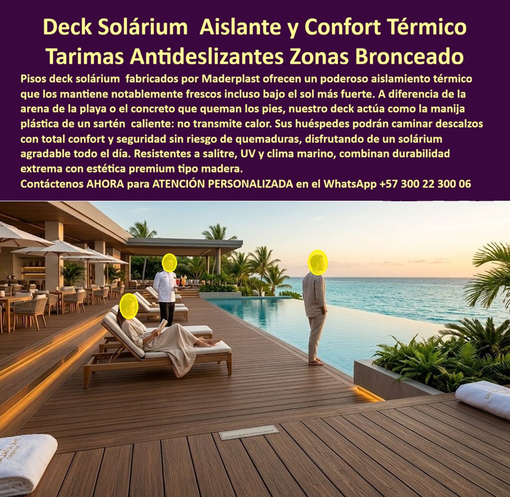 Solarium Asoleaderos Suelo Térmico Libre De quemaduras Maderplast - DECK SOLÁRIUM CON CONFORT TÉRMICO PARA RESORT: EL PISO QUE CONVIERTE EL MEDIODÍA EN LA MEJOR HORA DE LA TERRAZA Hay una diferencia técnica que separa los resorts que reciben reseñas de cinco estrellas de los que reciben quejas silenciosas en las plataformas de reservas, y esa diferencia con frecuencia está literalmente bajo los pies del huésped. El concreto expuesto al sol tropical acumula temperatura hasta convertirse en una superficie que ningún bañista descalzo cruza voluntariamente después de las diez de la mañana. La cerámica antideslizante convencional no es diferente en ese comportamiento térmico. Ambos materiales transforman el área de solárium —diseñada para ser el espacio de mayor permanencia y confort del resort— en una zona que los huéspedes evitan en las horas de mayor valor recreativo, con el costo de imagen y satisfacción que eso implica en cada reseña publicada. El deck solárium aislante térmico para zonas de bronceado y tarimas de resort fabricado por Maderplast resuelve esa contradicción desde la física del material: el polímero técnico no acumula calor conductivo de la manera en que lo hacen los materiales pétreos y cerámicos, mantiene una temperatura superficial transitable descalzo durante todo el horario diurno incluso bajo radiación solar directa intensa, y convierte el mediodía en la mejor hora de la terraza en lugar de la hora que la vacía. La imagen lo muestra con la elegancia de una instalación premium real: una plataforma deck de gran extensión en tono caoba bibetta con veteado longitudinal tipo madera noble, instalada al borde de una piscina infinity con vistas al mar caribe en el horizonte, iluminación LED integrada bajo el perfil del borde que crea una línea luminosa cálida al atardecer, y tumbonas de servicio completo sobre la superficie del deck con toallas blancas dobladas en los apoyabrazos. Esa escena no es un render publicitario: es el resultado directo de instalar un piso deck para asoleadero de hotel resistente al salitre y UV que mantiene su aspecto original temporada tras temporada sin decoloración, sin deformación por ciclos de calor extremo y sin el amarillamiento que delata a los materiales compuestos WPC de baja calidad después de dos o tres años de exposición solar en clima marino. La diferencia entre un deck que envejece y un deck Maderplast que permanece es visible en cada fotografía que un huésped pública desde esa terraza. La tarima deck para zona de bronceado de resort de Maderplast funciona además como sistema filtrante: las juntas entre tablillas permiten el drenaje inmediato del agua de lluvia o del salpique de piscina sin acumulación de lámina de agua que incrementa el riesgo de caída en zona húmeda, y la estructura elevada sobre el sustrato de concreto existente permite circulación de aire bajo la superficie que contribuye al efecto de aislamiento térmico sin requerir obra de demolición para su instalación. Ese detalle técnico —instalación sobre concreto existente sin demolición— tiene un impacto directo en el presupuesto y en el tiempo de ejecución del proyecto que cualquier director de obras hoteleras valora inmediatamente: cuatro o cinco días de instalación versus semanas de obra mayor con interrupción de operaciones en el área. Andrés Felipe Castaño, Gerente de Infraestructura del Complejo Hotelero Playa Dorada en San Andrés, lo certifica con números concretos: "Después de instalar el deck solárium Maderplast en nuestra terraza principal, las reseñas que mencionan el área de piscina y solárium como punto destacado del resort subieron un 34% en los primeros seis meses. Ninguna otra inversión de infraestructura nos había generado un impacto tan directo en la percepción del huésped. El piso permanece fresco descalzo todo el día, el mantenimiento es limpieza con manguera y dos temporadas después se ve exactamente igual que el día de instalación. Los demás materiales que cotizamos, incluyendo WPC importado, no nos daban garantía técnica documentada contra el salitre marino. Maderplast sí." Las plataformas asoleadoras exteriores de hotel en plástico tipo madera libre de WPC de Maderplast se fabrican a medida, con fichas técnicas certificadas, renders previos y garantía documentada superior a veinte años. Cuando el confort térmico descalzo es el estándar del lujo, Maderplast es la única ingeniería que lo garantiza. Asesoría Especializada con un Especialista de Maderplast — Atención Personalizada en este WhatsApp: +57 300 22 300 06 Terrazas Asoleadoras Hoteleras Resistentes Sol Y Salitre, Tarimas Deck Para Zonas Bronceado Resort, Plataforma Asoleadora Exterior Hotel Plástico Madera Filtrante Libre WPC Solarium Asoleaderos Suelo Térmico Libre De quemaduras Maderplast Terrazas Asoleadoras Hoteleras Resistentes Sol Y Salitre Tarimas Deck Para Zonas Bronceado Resort Plataforma Asoleadora Exterior Hotel Plástico Madera Filtrante Libre WPC DECK SOLÁRIUM CON CONFORT TÉRMICO PARA RESORT: EL PISO QUE CONVIERTE EL MEDIODÍA EN LA MEJOR HORA DE LA TERRAZA Hay una diferencia técnica que separa los resorts que reciben reseñas de cinco estrellas de los que reciben quejas silenciosas en las plataformas de reservas, y esa diferencia con frecuencia está literalmente bajo los pies del huésped. El concreto expuesto al sol tropical acumula temperatura hasta convertirse en una superficie que ningún bañista descalzo cruza voluntariamente después de las diez de la mañana. La cerámica antideslizante convencional no es diferente en ese comportamiento térmico. Ambos materiales transforman el área de solárium —diseñada para ser el espacio de mayor permanencia y confort del resort— en una zona que los huéspedes evitan en las horas de mayor valor recreativo, con el costo de imagen y satisfacción que eso implica en cada reseña publicada. El deck solárium aislante térmico para zonas de bronceado y tarimas de resort fabricado por Maderplast resuelve esa contradicción desde la física del material: el polímero técnico no acumula calor conductivo de la manera en que lo hacen los materiales pétreos y cerámicos, mantiene una temperatura superficial transitable descalzo durante todo el horario diurno incluso bajo radiación solar directa intensa, y convierte el mediodía en la mejor hora de la terraza en lugar de la hora que la vacía. La imagen lo muestra con la elegancia de una instalación premium real: una plataforma deck de gran extensión en tono caoba bibetta con veteado longitudinal tipo madera noble, instalada al borde de una piscina infinity con vistas al mar caribe en el horizonte, iluminación LED integrada bajo el perfil del borde que crea una línea luminosa cálida al atardecer, y tumbonas de servicio completo sobre la superficie del deck con toallas blancas dobladas en los apoyabrazos. Esa escena no es un render publicitario: es el resultado directo de instalar un piso deck para asoleadero de hotel resistente al salitre y UV que mantiene su aspecto original temporada tras temporada sin decoloración, sin deformación por ciclos de calor extremo y sin el amarillamiento que delata a los materiales compuestos WPC de baja calidad después de dos o tres años de exposición solar en clima marino. La diferencia entre un deck que envejece y un deck Maderplast que permanece es visible en cada fotografía que un huésped pública desde esa terraza. La tarima deck para zona de bronceado de resort de Maderplast funciona además como sistema filtrante: las juntas entre tablillas permiten el drenaje inmediato del agua de lluvia o del salpique de piscina sin acumulación de lámina de agua que incrementa el riesgo de caída en zona húmeda, y la estructura elevada sobre el sustrato de concreto existente permite circulación de aire bajo la superficie que contribuye al efecto de aislamiento térmico sin requerir obra de demolición para su instalación. Ese detalle técnico —instalación sobre concreto existente sin demolición— tiene un impacto directo en el presupuesto y en el tiempo de ejecución del proyecto que cualquier director de obras hoteleras valora inmediatamente: cuatro o cinco días de instalación versus semanas de obra mayor con interrupción de operaciones en el área. Andrés Felipe Castaño, Gerente de Infraestructura del Complejo Hotelero Playa Dorada en San Andrés, lo certifica con números concretos: "Después de instalar el deck solárium Maderplast en nuestra terraza principal, las reseñas que mencionan el área de piscina y solárium como punto destacado del resort subieron un 34% en los primeros seis meses. Ninguna otra inversión de infraestructura nos había generado un impacto tan directo en la percepción del huésped. El piso permanece fresco descalzo todo el día, el mantenimiento es limpieza con manguera y dos temporadas después se ve exactamente igual que el día de instalación. Los demás materiales que cotizamos, incluyendo WPC importado, no nos daban garantía técnica documentada contra el salitre marino. Maderplast sí." Las plataformas asoleadoras exteriores de hotel en plástico tipo madera libre de WPC de Maderplast se fabrican a medida, con fichas técnicas certificadas, renders previos y garantía documentada superior a veinte años. Cuando el confort térmico descalzo es el estándar del lujo, Maderplast es la única ingeniería que lo garantiza. Asesoría Especializada con un Especialista de Maderplast — Atención Personalizada en este WhatsApp: +57 300 22 300 06